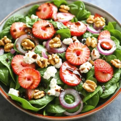For the perfect Strawberry Feta Spinach Salad, gather these items: - 4 cups fresh spinach leaves, washed and dried - 1 cup strawberries, hulled and sliced - 1/2 cup crumbled feta cheese - 1/4 cup red onion, thinly sliced - 1/4 cup walnuts, toasted and roughly chopped - 2 tablespoons balsamic vinegar - 1 tablespoon honey - 2 tablespoons olive oil - Salt and pepper to taste When choosing feta cheese, I recommend brands like Athenos or Harris Teeter for their rich flavor. For spinach, look for organic options in your local market for the freshest taste. Feel free to swap strawberries with seasonal fruits like peaches or blueberries. You can also use goat cheese instead of feta for a tangy twist. If you want a nut-free option, sunflower seeds work well in place of walnuts. This dish combines fresh ingredients, making it a delight for your taste buds. For the full recipe and more tips, check the [Full Recipe]. 1. Wash Your Spinach: Start with 4 cups of fresh spinach. Rinse it well under cold water. Dry it using a salad spinner or a clean kitchen towel. This keeps the leaves crisp. 2. Slice Strawberries: Take 1 cup of strawberries. Remove the green tops, then cut them into thin slices. This adds sweetness and color to your salad. 3. Cut Red Onion: Use 1/4 cup of red onion. Slice it thinly to keep the flavor strong but not overwhelming. 4. Toast the Walnuts: Heat a small skillet over medium heat. Add 1/4 cup of walnuts. Stir them for about 3-4 minutes. When they smell nutty and turn golden, remove them from the heat and set aside to cool. 5. Mix Ingredients: In a large salad bowl, combine the spinach, strawberries, feta, and red onion. Toss them gently to mix. 6. Add Walnuts: After the walnuts cool, roughly chop them and sprinkle over the salad for a nice crunch. To make the dressing, you'll need: - 2 tablespoons balsamic vinegar - 1 tablespoon honey - 2 tablespoons olive oil - Salt and pepper to taste 1. Whisk the Dressing: In a small bowl, combine the balsamic vinegar, honey, and olive oil. Use a whisk to blend until smooth. Add salt and pepper to taste. 2. Store the Dressing: If you have leftover dressing, store it in an airtight container in the fridge. It will stay fresh for up to a week. 3. Substitutes: You can use lemon juice instead of balsamic vinegar for a tangy twist. Maple syrup can replace honey for a vegan option. Following these steps will help you create a fresh and tasty Strawberry Feta Spinach Salad. Enjoy the burst of flavors! You can find the Full Recipe for complete details. To make the best Strawberry Feta Spinach Salad, start with fresh ingredients. Look for bright green spinach, ripe strawberries, and creamy feta cheese. Freshness makes a big difference in taste. Always wash your spinach well and dry it before mixing. This keeps the salad crisp and vibrant. The order in which you combine your ingredients matters. Add the spinach first, then layer the strawberries and feta. This way, the flavors mix better. For the dressing, whisk together balsamic vinegar, honey, and olive oil. Drizzle it over the salad last. Texture is key for a great salad. You want a mix of crunchy and soft bites. Toast the walnuts until they are fragrant. This adds a nice crunch and enhances their flavor. When you toss the salad, do it gently. This prevents the spinach from bruising and keeps it fresh. Pair this salad with grilled chicken or salmon for a complete meal. The sweet strawberries and salty feta complement many main dishes. You can also serve it as a side for barbecues or picnics. For presentation, use a large, shallow bowl. This makes the salad look inviting. Garnish with extra sliced strawberries and a sprinkle of feta on top. Arrange a few spinach leaves around the edge of the bowl. This adds color and makes your dish pop. For a detailed recipe, check out the Full Recipe. {{image_2}} You can mix things up with the cheese in this salad. Try goat cheese for a tangy twist. You can also use blue cheese if you enjoy a stronger flavor. If you want a nut-free version, swap walnuts for sunflower seeds. These add a nice crunch too! You can also leave out nuts entirely for a lighter feel. Seasonal fruits can make your salad unique. In summer, add peaches or blueberries. In fall, consider apples or pears. Each fruit brings its own taste and color. To make this salad gluten-free, just check your balsamic vinegar. Most are gluten-free, but it’s good to confirm. For a vegan option, use a plant-based feta or skip the cheese. You can also replace honey with maple syrup for sweetness. Looking for low-calorie dressing? Use lemon juice and a little mustard instead of oil and honey. This gives you flavor without extra calories. You can find the full recipe for this fresh and flavorful dish to try these variations! To keep leftover salad fresh, store it in an airtight container. This helps prevent wilting. Place the salad in the fridge right away. For best taste, eat it within two days. Store the dressing separately. This keeps the salad crisp. Use a small jar with a tight lid for the dressing. Shake it well before serving. Can salad be frozen? It is not the best choice. Freezing can change the texture of the spinach and strawberries. They may become mushy. So, I do not recommend it. For meal prep, you can chop all ingredients a day ahead. Keep them in separate containers. Mix them when you are ready to eat. This way, the salad stays fresh and tasty. How to prevent spinach from wilting quickly? To keep spinach fresh, wash it gently and dry it well. Store it in a sealed bag with a paper towel. The towel absorbs excess moisture. Use the spinach within a few days for the best taste and texture. Can I make this salad ahead of time? Yes, you can prepare it ahead. But I recommend adding the dressing just before serving. This keeps the spinach and strawberries fresh. If you mix it early, the salad may become soggy. What’s the best way to add protein to this salad? You can add grilled chicken or shrimp for protein. Tofu or chickpeas are great for plant-based options. Just make sure to chop them into bite-sized pieces. This way, they mix well with the salad. Nutritional benefits of the ingredients This salad is packed with nutrients. Spinach provides iron and vitamins A and C. Strawberries are rich in antioxidants and vitamin C. Feta cheese adds calcium and protein, while walnuts offer healthy fats. Together, they create a balanced dish. Differences between balsamic vinegar and other vinegars in this recipe Balsamic vinegar has a sweet and tangy flavor. It pairs well with fruits like strawberries. Other vinegars, like red wine or apple cider, are more sharp. They might not bring out the sweetness of the salad as well as balsamic. If you want a different taste, feel free to experiment with these options! In this blog post, we explored the art of making strawberry feta spinach salad. You learned about the key ingredients and their best brands. I shared simple steps for preparing and storing the salad and dressing. We discussed tips for freshness and ideal texture. I offered seasonal variations and dietary adjustments too. Overall, this salad is a delightful dish for any occasion. Keep experimenting with ingredients to make it your own!