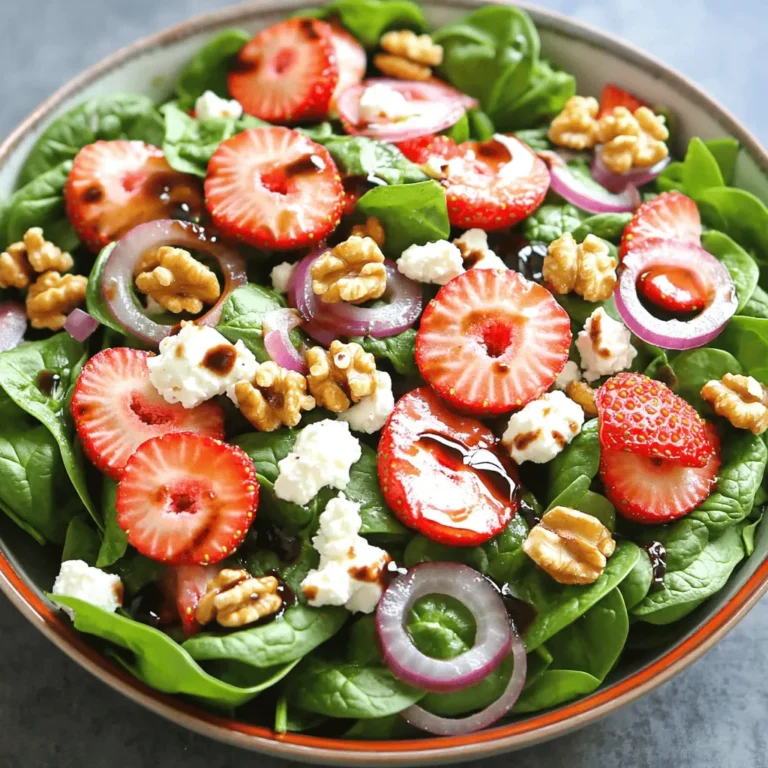For the perfect Strawberry Feta Spinach Salad, gather these items: - 4 cups fresh spinach leaves, washed and dried - 1 cup strawberries, hulled and sliced - 1/2 cup crumbled feta cheese - 1/4 cup red onion, thinly sliced - 1/4 cup walnuts, toasted and roughly chopped - 2 tablespoons balsamic vinegar - 1 tablespoon honey - 2 tablespoons olive oil - Salt and pepper to taste When choosing feta cheese, I recommend brands like Athenos or Harris Teeter for their rich flavor. For spinach, look for organic options in your local market for the freshest taste. Feel free to swap strawberries with seasonal fruits like peaches or blueberries. You can also use goat cheese instead of feta for a tangy twist. If you want a nut-free option, sunflower seeds work well in place of walnuts. This dish combines fresh ingredients, making it a delight for your taste buds. For the full recipe and more tips, check the [Full Recipe]. 1. Wash Your Spinach: Start with 4 cups of fresh spinach. Rinse it well under cold water. Dry it using a salad spinner or a clean kitchen towel. This keeps the leaves crisp. 2. Slice Strawberries: Take 1 cup of strawberries. Remove the green tops, then cut them into thin slices. This adds sweetness and color to your salad. 3. Cut Red Onion: Use 1/4 cup of red onion. Slice it thinly to keep the flavor strong but not overwhelming. 4. Toast the Walnuts: Heat a small skillet over medium heat. Add 1/4 cup of walnuts. Stir them for about 3-4 minutes. When they smell nutty and turn golden, remove them from the heat and set aside to cool. 5. Mix Ingredients: In a large salad bowl, combine the spinach, strawberries, feta, and red onion. Toss them gently to mix. 6. Add Walnuts: After the walnuts cool, roughly chop them and sprinkle over the salad for a nice crunch. To make the dressing, you'll need: - 2 tablespoons balsamic vinegar - 1 tablespoon honey - 2 tablespoons olive oil - Salt and pepper to taste 1. Whisk the Dressing: In a small bowl, combine the balsamic vinegar, honey, and olive oil. Use a whisk to blend until smooth. Add salt and pepper to taste. 2. Store the Dressing: If you have leftover dressing, store it in an airtight container in the fridge. It will stay fresh for up to a week. 3. Substitutes: You can use lemon juice instead of balsamic vinegar for a tangy twist. Maple syrup can replace honey for a vegan option. Following these steps will help you create a fresh and tasty Strawberry Feta Spinach Salad. Enjoy the burst of flavors! You can find the Full Recipe for complete details. To make the best Strawberry Feta Spinach Salad, start with fresh ingredients. Look for bright green spinach, ripe strawberries, and creamy feta cheese. Freshness makes a big difference in taste. Always wash your spinach well and dry it before mixing. This keeps the salad crisp and vibrant. The order in which you combine your ingredients matters. Add the spinach first, then layer the strawberries and feta. This way, the flavors mix better. For the dressing, whisk together balsamic vinegar, honey, and olive oil. Drizzle it over the salad last. Texture is key for a great salad. You want a mix of crunchy and soft bites. Toast the walnuts until they are fragrant. This adds a nice crunch and enhances their flavor. When you toss the salad, do it gently. This prevents the spinach from bruising and keeps it fresh. Pair this salad with grilled chicken or salmon for a complete meal. The sweet strawberries and salty feta complement many main dishes. You can also serve it as a side for barbecues or picnics. For presentation, use a large, shallow bowl. This makes the salad look inviting. Garnish with extra sliced strawberries and a sprinkle of feta on top. Arrange a few spinach leaves around the edge of the bowl. This adds color and makes your dish pop. For a detailed recipe, check out the Full Recipe. {{image_2}} You can mix things up with the cheese in this salad. Try goat cheese for a tangy twist. You can also use blue cheese if you enjoy a stronger flavor. If you want a nut-free version, swap walnuts for sunflower seeds. These add a nice crunch too! You can also leave out nuts entirely for a lighter feel. Seasonal fruits can make your salad unique. In summer, add peaches or blueberries. In fall, consider apples or pears. Each fruit brings its own taste and color. To make this salad gluten-free, just check your balsamic vinegar. Most are gluten-free, but it’s good to confirm. For a vegan option, use a plant-based feta or skip the cheese. You can also replace honey with maple syrup for sweetness. Looking for low-calorie dressing? Use lemon juice and a little mustard instead of oil and honey. This gives you flavor without extra calories. You can find the full recipe for this fresh and flavorful dish to try these variations! To keep leftover salad fresh, store it in an airtight container. This helps prevent wilting. Place the salad in the fridge right away. For best taste, eat it within two days. Store the dressing separately. This keeps the salad crisp. Use a small jar with a tight lid for the dressing. Shake it well before serving. Can salad be frozen? It is not the best choice. Freezing can change the texture of the spinach and strawberries. They may become mushy. So, I do not recommend it. For meal prep, you can chop all ingredients a day ahead. Keep them in separate containers. Mix them when you are ready to eat. This way, the salad stays fresh and tasty. How to prevent spinach from wilting quickly? To keep spinach fresh, wash it gently and dry it well. Store it in a sealed bag with a paper towel. The towel absorbs excess moisture. Use the spinach within a few days for the best taste and texture. Can I make this salad ahead of time? Yes, you can prepare it ahead. But I recommend adding the dressing just before serving. This keeps the spinach and strawberries fresh. If you mix it early, the salad may become soggy. What’s the best way to add protein to this salad? You can add grilled chicken or shrimp for protein. Tofu or chickpeas are great for plant-based options. Just make sure to chop them into bite-sized pieces. This way, they mix well with the salad. Nutritional benefits of the ingredients This salad is packed with nutrients. Spinach provides iron and vitamins A and C. Strawberries are rich in antioxidants and vitamin C. Feta cheese adds calcium and protein, while walnuts offer healthy fats. Together, they create a balanced dish. Differences between balsamic vinegar and other vinegars in this recipe Balsamic vinegar has a sweet and tangy flavor. It pairs well with fruits like strawberries. Other vinegars, like red wine or apple cider, are more sharp. They might not bring out the sweetness of the salad as well as balsamic. If you want a different taste, feel free to experiment with these options! In this blog post, we explored the art of making strawberry feta spinach salad. You learned about the key ingredients and their best brands. I shared simple steps for preparing and storing the salad and dressing. We discussed tips for freshness and ideal texture. I offered seasonal variations and dietary adjustments too. Overall, this salad is a delightful dish for any occasion. Keep experimenting with ingredients to make it your own!