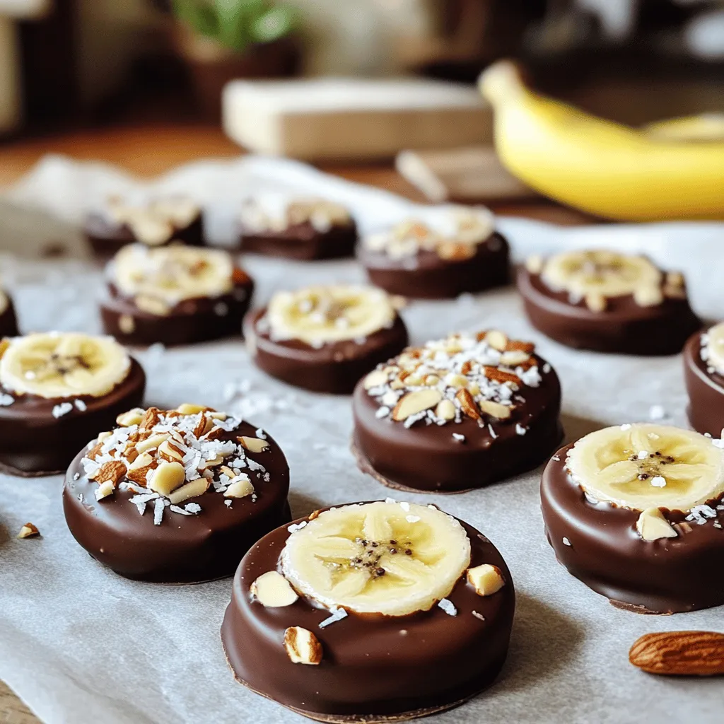 To make chocolate covered banana bites, you need just a few key items: - 2 ripe bananas - 1 cup dark chocolate chips - 1 tablespoon coconut oil - Sea salt for sprinkling These main ingredients create a sweet, creamy, and crunchy treat. The ripe bananas give a soft texture, while the dark chocolate adds rich flavor. You can elevate your banana bites with these optional ingredients: - 1/4 cup crushed nuts (such as almonds or hazelnuts) - 1/4 cup shredded coconut Adding crushed nuts gives a nice crunch, while shredded coconut brings a tropical twist. Both add flavor and fun texture. Choosing the right bananas is key. Look for bananas that are: - Yellow with a few brown spots - Firm but slightly soft to touch These bananas are sweet and perfect for this recipe. Avoid green bananas as they won't have the right taste. Ripe bananas also blend well with chocolate, making each bite delicious. Start by peeling the ripe bananas. Use a sharp knife to slice them into rounds. Aim for 1/2-inch thick slices. This size helps the chocolate coat well. Lay the banana slices on a plate as you work. Set them aside for now. Grab a microwave-safe bowl for the chocolate. Add 1 cup of dark chocolate chips and 1 tablespoon of coconut oil. The oil helps the chocolate melt smoothly. Microwave the bowl in 30-second bursts. Stir the chocolate in between each burst. Keep going until it is fully melted and creamy. Line a baking sheet with parchment paper. This keeps the banana bites from sticking. Take a banana slice and dip it into the melted chocolate. Make sure the slice is fully covered. Use a fork to lift it out. Let any extra chocolate drip back into the bowl. Place the chocolate-coated slice on the baking sheet. While the chocolate is still wet, sprinkle some sea salt on top. You can also add crushed nuts or shredded coconut if you like. Repeat this for all the banana slices. Once finished, put the baking sheet in the freezer. Let the bites freeze for about 1 hour. This helps the chocolate set firmly. After freezing, store your chocolate-covered banana bites in an airtight container. Enjoy them as a cool treat anytime! Check out the Full Recipe for more details. To get a smooth and even chocolate coat, start with good chocolate. I like using dark chocolate chips for their rich flavor. Melt the chocolate slowly in a microwave. Heat it in 30-second bursts, mixing well each time. This helps prevent overheating. Dip each banana slice fully in the chocolate, using a fork to lift it out. Let the extra chocolate drip off before placing it on the prepared baking sheet. After coating your banana bites, freeze them right away. This sets the chocolate quickly and keeps it from melting. Place the baking sheet in the freezer for about one hour. Once set, transfer the bites to an airtight container. Store them in the freezer for a cool treat anytime you want. They can stay fresh for a few weeks. These banana bites are great as a snack or dessert. You can serve them plain or add toppings. Try crushed nuts for a crunchy texture. Shredded coconut adds a tropical feel. You can even drizzle some melted chocolate on top for extra flair. For parties, arrange them on a nice plate to impress your guests. If you want the full recipe, check out the earlier section! {{image_2}} You can change the chocolate type in this recipe. Each type gives a new taste. Dark chocolate has a rich flavor. Milk chocolate is sweeter and creamier. White chocolate is sweet and smooth. You can even mix chocolates! Try half dark and half milk for a tasty blend. Each bite will surprise your taste buds. Adding spices can make your banana bites extra special. A pinch of cinnamon adds warmth and sweetness. You can also use vanilla extract for a nice twist. Just mix a little into the melted chocolate. This will give a cozy flavor to the bites. Don't be shy; experiment with your favorite spices! You can make your banana bites fun with toppings! After coating in chocolate, add colorful sprinkles. They make the bites look cheerful. You can also use dried fruits like raisins or cranberries. These add a chewy texture and a fruity taste. Get creative! You can even mix and match all these options for unique treats. Check out the Full Recipe for details on making these delightful bites. To keep your chocolate covered banana bites fresh, store them in an airtight container. This helps prevent freezer burn. Be sure to place parchment paper between layers. This will stop them from sticking together. You can also wrap each piece in plastic wrap for extra protection. Chocolate covered banana bites can last up to three months in the freezer. After that, their taste and texture may change. I recommend labeling your container with the date. This way, you will know when to enjoy them at their best. When you are ready to eat, take the bites out of the freezer. Let them thaw for about 10-15 minutes at room temperature. This will make them softer and tastier. If you want a colder snack, you can eat them straight from the freezer too. Just remember, they will be a bit harder! Enjoy your chocolate covered banana bites! You can find the full recipe above. Yes, you can! Try strawberries, apples, or pineapple. Each fruit brings its own flavor. For example, strawberries taste sweet and fresh. Apples add a nice crunch. Pineapple gives a tropical twist. Just make sure the fruit is firm. This helps keep the coating intact. If you choose softer fruits, they may not hold up well. To prevent cracks, let the chocolate cool slightly before dipping. Dip the fruit while the chocolate is still warm and smooth. Also, let the coated bites set in the freezer for just the right time. If you freeze them too long, the chocolate can crack. Once set, store them in a container that won't squash the bites. Chocolate covered banana bites can be a healthy treat! Bananas provide potassium and fiber. Dark chocolate has antioxidants and less sugar than milk chocolate. Just keep an eye on portion sizes. Adding nuts boosts protein and healthy fats. If you use less chocolate or dark chocolate, the bites stay healthier. Enjoy them in moderation for a tasty snack! In this post, we explored how to make chocolate-covered banana bites. We started with key ingredients, including main and optional ones, then moved to step-by-step instructions, from preparing bananas to melting chocolate. I shared tips for achieving the perfect coating and best practices for storage. We also looked at variations and storage methods to keep your treats fresh. Enjoy these bites as a fun and tasty snack. They are easy to make and customizable. Try them today!