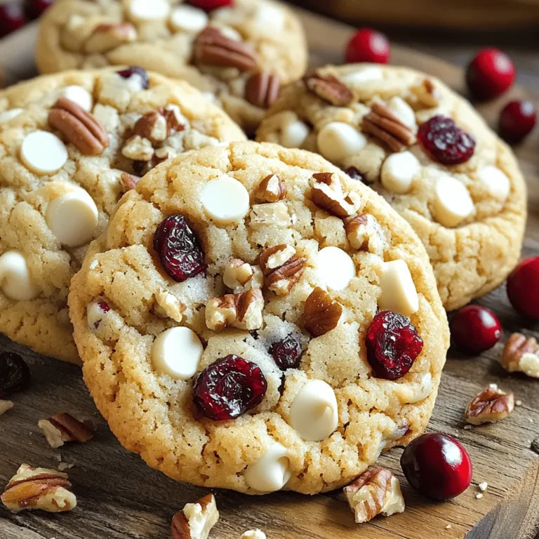 To make these tasty white chocolate cranberry cookies, you'll need some simple items. Each one adds to the flavor and texture of the cookie. Here’s what you need: - 1 cup unsalted butter, softened - 3/4 cup brown sugar, packed - 1/2 cup granulated sugar - 2 large eggs - 1 teaspoon vanilla extract - 2 1/4 cups all-purpose flour - 1 teaspoon baking soda - 1/2 teaspoon salt - 1 cup white chocolate chips - 1 cup dried cranberries - 1/2 cup chopped pecans (optional) Each ingredient plays a key role. The butter makes the cookies rich and soft. Brown sugar adds moisture and a hint of caramel. The eggs help bind everything together. Flour gives the cookies structure. Baking soda helps them rise. White chocolate chips bring sweetness, while cranberries add a tart bite. You can choose to add pecans for a crunchy texture. This combination makes these cookies both easy and delicious. You can find the full recipe for even more details. - Preheat oven to 350°F (175°C). - Line baking sheets with parchment paper. Start by preheating your oven. This step is key. A hot oven helps the cookies rise and bake evenly. While the oven heats, line your baking sheets. Parchment paper keeps the cookies from sticking. It also makes for easy cleanup. - Cream together butter, brown sugar, and granulated sugar. In a large bowl, add softened butter, brown sugar, and granulated sugar. Use a hand mixer or a whisk. Blend until the mixture looks light and fluffy. This step adds air to the dough. It helps create a soft texture in your cookies. - Add eggs one at a time and stir in vanilla extract. Now, add the eggs. Crack one egg in and mix well. Then, add the next egg and mix again. This helps the dough come together. After mixing in the eggs, stir in the vanilla extract. It adds a lovely flavor to your cookies. - Whisk together flour, baking soda, and salt. In a separate bowl, whisk together the flour, baking soda, and salt. This step is important. It evenly distributes the baking soda and salt. This helps your cookies rise and taste great. - Fold in white chocolate chips, dried cranberries, and pecans. Gently fold in the white chocolate chips and dried cranberries. If you like, add chopped pecans too. Use a spatula to mix everything together. Be careful not to over mix. This keeps the cookies soft and chewy. - Drop dough onto prepared sheets and bake for 10-12 minutes. Now it's time for baking! Use a cookie scoop or a spoon. Drop rounded balls of dough onto the lined sheets. Space them about 2 inches apart. Bake in the preheated oven for 10-12 minutes. Look for lightly golden edges. The centers should be set but soft. Let them cool on the sheet for a few minutes, then transfer them to a wire rack. Enjoy your delightful cookies! For the full recipe, check out the details above. To make the best white chocolate cranberry cookies, focus on creaming your butter and sugars well. Start with your softened butter. Mix it with brown sugar and granulated sugar until it's light and fluffy. This helps create a nice texture in your cookies. When you add your mix-ins, like white chocolate chips and cranberries, fold them in gently. This keeps the cookies soft and chewy. Use a spatula to carefully combine everything without overmixing. This is key for a perfect cookie. Checking for doneness is vital. Look for lightly golden edges and set centers. If you see this, your cookies are ready. Avoid overbaking; this will make them hard instead of soft. For even baking, space your cookie dough balls about 2 inches apart on the baking sheet. This gives them room to spread. Bake on the center rack of your oven for the best results. Arranging your cookies on a decorative platter can make a big difference. Try to stack them in groups or create a fan shape. This makes them look pretty and inviting. For extra flair, decorate your cookies with a few extra dried cranberries and white chocolate chips. This adds color and makes them more appealing. If you want to impress, you can drizzle melted white chocolate on top. This not only looks great but adds even more flavor. For the full recipe, check out the delightful White Chocolate Cranberry Cookies. {{image_2}} You can switch things up easily in this recipe. If you want a different taste, use regular chocolate chips instead of white. Dark chocolate chips give a rich flavor that pairs well with cranberries. You can also play with nuts or dried fruits. Instead of pecans, try walnuts or almonds for a crunch. You can even toss in some dried cherries or raisins for a fun twist. If you need gluten-free cookies, use a gluten-free flour blend. These blends work well in most cookie recipes. Just check that the blend contains xanthan gum for the best results. For a vegan option, swap out butter for coconut oil and replace eggs with flax eggs. Mix one tablespoon of ground flaxseed with three tablespoons of water to make one flax egg. This will help bind your cookies just like eggs do. These variations make your cookies just right for anyone. Enjoy these tasty treats that you can customize to fit your needs. For the complete recipe, check the Full Recipe section. To keep your White Chocolate Cranberry Cookies fresh, follow these steps: - Cool Completely: Let the cookies cool on a wire rack after baking. This prevents steam from making them soggy. - Use Airtight Containers: Store cookies in a container with a tight seal. Glass jars or plastic bins work well. - Layer with Parchment: If stacking cookies, place parchment paper between layers. This keeps them from sticking together. Want to save some cookies for later? Freezing is a great option! - Flash Freeze First: Place the cookie dough balls on a baking sheet. Freeze them for 1-2 hours until solid. This prevents them from sticking together. - Transfer to Bags: After freezing, put the dough balls in a freezer bag. Squeeze out the air and seal it tight. - Thawing Tips: When ready to bake, pull out the desired number of cookies. Let them sit at room temp for about 30 minutes. Then, bake as usual for fresh cookies! By following these storage tips, you can enjoy your cookies for days or even weeks! For the full recipe and more details, check out the Full Recipe. How can I make the cookies chewier? To make your cookies chewier, add an extra egg yolk. This helps keep moisture in the cookies. You can also bake them for less time. Just take them out when they are still soft in the middle. Can I use fresh cranberries instead of dried? You can use fresh cranberries, but they are tart. If you choose fresh, add some extra sugar to balance the flavor. This will keep your cookies sweet and tasty. What should I do if my dough is too sticky? If your dough is sticky, chill it in the fridge for about 30 minutes. This helps firm it up. You can also add a little flour, but do this slowly. How long do these cookies last? These cookies can last up to five days stored in an airtight container. They taste best in the first few days when they are fresh. What is the best baking time for soft cookies? The best time for soft cookies is about 10 to 12 minutes. Keep an eye on them. The edges should be just golden, while the center stays soft. Can I double the recipe? Yes, you can double the recipe easily! Just mix everything in a larger bowl. Bake them in batches if your oven isn’t big enough. What is the secret to fluffy cookies? The secret to fluffy cookies is creaming the butter and sugars well. This adds air into the mix. Use room temperature butter for the best results. Can I omit the nuts and still have great cookies? Yes, you can skip the nuts. The cookies will still be delicious. They will have a softer texture without the crunch. What's the difference between light and dark brown sugar in cookies? Light brown sugar has less molasses than dark brown sugar. This means light sugar gives a milder flavor. Dark brown sugar adds a richer taste and makes cookies chewier. This cookie recipe blends sweet white chocolate with tart cranberries for a delicious treat. You learned the ingredients, steps, and tips to make them great. Don't overlook the variations and storage methods for lasting enjoyment. These cookies are easy to customize and share, making them perfect for any occasion. Remember, practice makes perfect in baking. Happy baking, and enjoy your tasty creations!