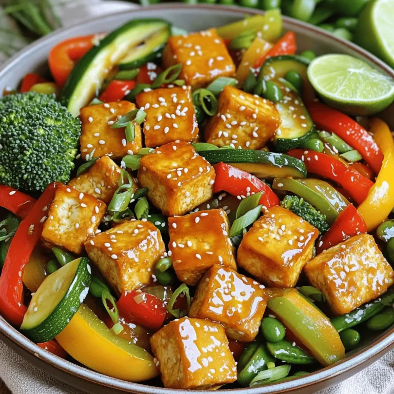 - 14 oz extra-firm tofu, drained and pressed - 3 tablespoons soy sauce (divided) - 2 tablespoons sesame oil - 1 tablespoon maple syrup - Variety of colorful vegetables (bell peppers, zucchini, broccoli, snap peas) - Garlic and ginger for flavor For this dish, choosing the right tofu is key. Extra-firm tofu holds its shape well and crisps up nicely. Pressing it removes water, so it absorbs more flavor. Using soy sauce gives depth to the tofu and veggies. You can mix and match your veggies. Bell peppers add sweetness, while broccoli brings crunch. Zucchini and snap peas give vibrant colors. Feel free to get creative with what you have. Garlic and ginger boost the taste, making your stir fry more exciting. - Sesame seeds - Sliced green onions - Lime wedges for serving Garnishes add a fun touch. Sprinkle sesame seeds for crunch. Green onions give a fresh bite. Lime wedges add brightness to every bite. These small details make your dish look and taste gourmet. For the Full Recipe, check the instructions to help you create this tasty stir fry. Enjoy your cooking adventure! - Preheat the oven to 400°F (200°C). - Cube the drained and pressed tofu into bite-sized pieces. Make sure to keep the cubes uniform for even cooking. - In a bowl, coat the tofu with 1 tablespoon of soy sauce and sprinkle with cornstarch. Toss well to ensure all pieces are coated. This step is key for that crispy texture. - Spread the coated tofu on one side of the baking sheet. Make sure the pieces are not touching, which helps them get crispy. - Bake the tofu for 25-30 minutes. Flip the tofu halfway through to ensure even browning. Look for a golden, crispy finish. - In a separate bowl, mix the remaining 2 tablespoons of soy sauce, sesame oil, maple syrup, minced garlic, and grated ginger. Stir until combined. - Add your sliced bell peppers, zucchini, broccoli, and snap peas into the bowl. Toss them with the sauce until they are well-coated. This mix adds flavor and color to your dish. - After 15 minutes of baking the tofu, remove the baking sheet from the oven. - Add the vegetable mixture to the empty side of the baking sheet. Spread them out evenly. - Return the baking sheet to the oven for another 15-20 minutes. Keep an eye on the veggies; they should be tender and slightly charred when done. For the full recipe, you can check the details provided earlier. Enjoy making your Sheet Pan Crispy Tofu Stir Fry! To get crispy tofu, start by pressing it. Pressing removes extra water. This helps the tofu soak up flavor and become crispy. Cut the tofu into cubes after pressing. Now it's time to coat it. Sprinkle cornstarch over the tofu cubes. This coating makes a crunchy outer layer when baked. Toss the cubes in cornstarch until they are well coated. This step is key for that perfect crunch. Choose colorful and fresh vegetables for your stir fry. Bell peppers, zucchini, broccoli, and snap peas work well. They add color and texture to your dish. Cut the vegetables into similar sizes. This ensures they cook evenly. Slice bell peppers into strips, zucchini into half-moons, and keep broccoli florets small. This way, everything cooks at the same time for a great bite. Feel free to play with flavors in your sauce. You can make it sweet, spicy, or savory. Add more maple syrup for sweetness or some chili flakes for heat. If you want a gluten-free option, use tamari instead of soy sauce. For lower sodium, look for reduced-sodium soy sauce. A little change can lead to a new favorite! For the full recipe, refer to the complete instructions above. {{image_2}} You can swap tofu for other proteins. Tempeh works well. It has a nutty flavor and great texture. Chickpeas are also a tasty choice. They add protein and fiber to your dish. Seitan is another option. It mimics meat and absorbs flavors well. If you prefer meat, chicken or beef can fit in nicely. Just cut them into bite-sized pieces. Remember to adjust cooking times for meat to ensure it cooks fully. Seasonal vegetables can change the taste of your stir fry. Try adding asparagus in spring or squash in fall. Carrots add crunch and color, while cauliflower gives a nice bite. Adding leafy greens like spinach or kale boosts nutrition. You can toss them in near the end of cooking. This keeps them bright and fresh. Mixing different vegetables makes each bite exciting. This stir fry pairs well with various sides. Serve it over rice for a filling meal. Quinoa is a great option too; it adds texture and protein. You can also use noodles for a fun twist. This recipe works well for meal prep. You can make a big batch and store it in containers. Enjoy it throughout the week for quick meals. The flavors just get better with time. For the full recipe, check the details above. To store your crispy tofu stir fry, place it in an airtight container. This keeps it fresh. Make sure to cool it down before sealing. In the fridge, your leftovers stay good for about 3 to 5 days. Always check for any off smells or changes in color before eating. When it's time to enjoy your leftovers, you have a couple of options. For quick reheating, use the microwave. Place your stir fry in a microwave-safe dish and cover it. Heat in short bursts, stirring in between, until warm. If you want to keep the crispiness, use the oven. Preheat it to 350°F (175°C). Spread the stir fry on a baking sheet and heat for about 10-15 minutes. This method helps avoid sogginess and keeps everything crunchy. If you want to save some for later, freezing is a great choice. First, let the stir fry cool completely. Then, divide it into portions and place them in freezer bags or containers. Squeeze out as much air as possible before sealing. This helps prevent freezer burn. To thaw, place the container in the fridge overnight. For reheating, use the oven for the best texture. Bake it at 350°F (175°C) for about 15-20 minutes or until hot. Yes, you can make this recipe in advance. To prep for the week, follow these tips: - Prep the tofu: Cube and coat the tofu with soy sauce and cornstarch. - Chop the veggies: Slice the bell peppers, zucchini, and broccoli. - Store separately: Keep the tofu and veggies in separate containers in the fridge. - Make the sauce: Mix the sauce ingredients and store in a jar. When you're ready to cook, just combine everything. Bake it fresh for a quick meal. If you don’t have tofu, you can try these plant-based options: - Tempeh: It has a nutty flavor and firm texture. - Chickpeas: Use canned ones for a quick protein boost. - Seitan: This wheat-based protein is great for a meaty texture. Just cut them into similar-sized pieces and follow the same steps in the recipe. This recipe is already vegan! To keep it vegan: - Check the soy sauce: Ensure it’s labeled vegan. - Use pure maple syrup: It’s plant-based and adds sweetness. All the ingredients listed in the recipe are vegan-friendly. Enjoy your tasty meal without worry! This crispy tofu stir fry is a simple and tasty dish. You learned the key ingredients, like tofu, colorful veggies, and a flavorful sauce. I shared how to prepare and bake everything step by step, plus tips for perfect tofu. With various protein and vegetable options, you can switch things up. Store any leftovers well and reheat them properly. I hope you enjoy making this meal as much as I do! Get creative and have fun in the kitchen!