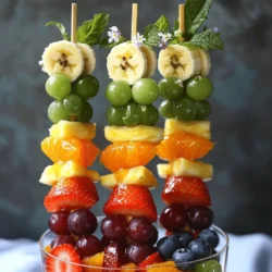 For Rainbow Fruit Skewers, you need a mix of colorful fruits. Here is the complete list of ingredients: - 1 cup strawberries, hulled - 1 cup orange segments - 1 cup pineapple chunks - 1 cup green grapes - 1 cup blueberries - 1 banana, sliced - Fresh mint leaves for garnish - Honey or agave syrup (optional, for drizzling) These ingredients bring bright colors and sweet flavors to your skewers. Each fruit adds its unique taste and texture, making every bite exciting. Strawberries are juicy, while oranges provide a zesty burst. Pineapple adds a tropical twist, and green grapes offer a crisp crunch. Blueberries are small but packed with flavor, and bananas bring creaminess to the mix. Using fresh mint leaves as a garnish makes your skewers look beautiful and adds a refreshing note. If you want extra sweetness, drizzle honey or agave syrup over the finished skewers. This simple touch elevates the flavors and makes them even more enjoyable. For the complete recipe, check the section above. Now, let’s bring these ingredients together to create a fun and healthy treat! To create your rainbow fruit skewers, start with the fruit prep. Wash the strawberries, grapes, and blueberries under cool water. This step helps remove dirt and germs. Hull the strawberries and slice them in half if they are large. Peel the oranges and separate them into segments. For the pineapple, chop it into bite-sized chunks. Lastly, slice the banana into rounds. Each fruit adds a burst of color and flavor. Grab a skewer and begin threading the fruit. Start with a strawberry on the skewer, followed by an orange segment. Next, add a chunk of pineapple, then a green grape. After that, place a blueberry, and finish with a slice of banana. This order creates a lovely rainbow effect. Leave some space at the end of each skewer for easier handling. Repeat this process until you use all the fruit. Once all skewers are assembled, it’s time for the final touches. If you like, drizzle a little honey or agave syrup on top for extra sweetness. This adds a nice glaze and enhances the flavor. For a refreshing look, garnish with fresh mint leaves. To present your skewers, arrange them upright in a glass or on a pretty platter. You can even serve them with a small bowl of yogurt for dipping. A sprinkle of edible flowers can make the display even more special. For the full recipe, check out the details above. When choosing fruits, look for bright colors and firm texture. Strawberries should be red, with no white spots. Oranges need to feel heavy for their size and have smooth skin. Pineapples should have a sweet smell at the base. Grapes should be plump and green, while blueberries must be deep blue. Bananas should be yellow with a few brown spots for perfect sweetness. Always wash your fruits well before using them. This helps remove dirt and pesticides. Use sturdy wooden or metal skewers for best results. Start by piercing the fruit at the center. This makes it easier to thread. Alternate fruit types on each skewer to create a rainbow effect. Keep a little space at the end for easy handling. If you have kids, let them help. They will love making their own skewers! To impress guests, arrange skewers upright in a tall glass. This creates a fun centerpiece. You can also lay them flat on a colorful platter. Add a small bowl of yogurt for dipping. For an extra touch, sprinkle edible flowers around the skewers. This makes the dish look even more appealing. The Full Recipe can guide you through making these fun treats! {{image_2}} You can mix up the fruits for your rainbow skewers. Try using kiwi for green or raspberries for red. You can also add peaches or apples to change the taste. If you want a tropical twist, mango and papaya work well too. The key is to keep the colors bright and fun! Make your skewers fit any theme or party. For a summer picnic, use watermelon and cantaloupe. For a birthday, add colorful sprinkles or mini marshmallows between the fruit. You can even make holiday-themed skewers. Use red and green fruits for Christmas or pastels for Easter. Themed skewers add extra excitement! Kids love to help in the kitchen. Let them pick their favorite fruits. You can even let them make funny shapes with cookie cutters. Instead of skewers, use fruit cups for a mess-free treat. Add yogurt or a fun dip to make it extra special. Making these treats fun can get kids excited about healthy eating! For the complete recipe, check out [Full Recipe]. Store leftover rainbow fruit skewers in an airtight container. Keep them in the fridge. They stay fresh for up to two days. If you notice any browning on the banana, remove that slice. The other fruits will stay colorful and tasty. To save time, you can prep your fruit a day ahead. Wash and cut the fruit, then place it in separate containers. Cover each container tightly. When you're ready to assemble, just grab the fruit and thread it onto the skewers. This keeps everything fresh. I do not recommend freezing rainbow fruit skewers. The texture of the fruit changes when frozen. If you freeze them, fruits like strawberries and bananas become mushy. It’s best to enjoy these skewers fresh for the best taste and texture. For more details, check the Full Recipe. You can use many fruits for rainbow fruit skewers. Here are my favorites: - Strawberries - Oranges - Pineapple - Green grapes - Blueberries - Bananas These fruits create a beautiful rainbow look. You can also mix in other fruits like kiwi or raspberries. Just pick fruits with bright colors and sweet flavors. Feel free to get creative! Fruit skewers last about 2 to 3 days in the refrigerator. Make sure to store them in an airtight container. This keeps the fruit fresh and prevents drying. Check for any signs of spoilage before eating. If the fruit looks dull or mushy, it’s time to toss it. Yes, you can make these skewers ahead of time. Prepare them a few hours before serving for the best taste. This gives the flavors a chance to blend together. Just remember to keep them in the fridge. If you want to prepare them a day ahead, it’s still fine. Just check the fruit for freshness before serving. For the full recipe, refer to the section above. You learned how to make fun and tasty fruit skewers. We covered all the ingredients, from strawberries to bananas. I shared easy steps to prepare and layer your fruit. You got tips for selecting ripe fruits and creative ways to present them. Don't forget about the variations for different themes or events. Store leftovers well to keep them fresh. Enjoy making these colorful skewers for any occasion! Add your own touch, and let the fun begin.