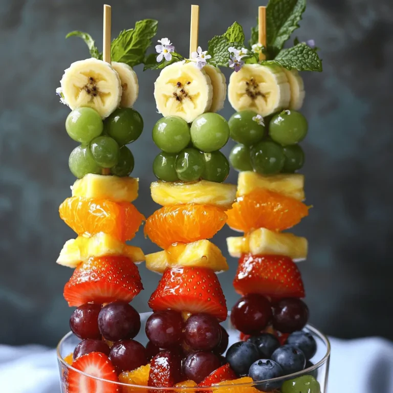 For Rainbow Fruit Skewers, you need a mix of colorful fruits. Here is the complete list of ingredients: - 1 cup strawberries, hulled - 1 cup orange segments - 1 cup pineapple chunks - 1 cup green grapes - 1 cup blueberries - 1 banana, sliced - Fresh mint leaves for garnish - Honey or agave syrup (optional, for drizzling) These ingredients bring bright colors and sweet flavors to your skewers. Each fruit adds its unique taste and texture, making every bite exciting. Strawberries are juicy, while oranges provide a zesty burst. Pineapple adds a tropical twist, and green grapes offer a crisp crunch. Blueberries are small but packed with flavor, and bananas bring creaminess to the mix. Using fresh mint leaves as a garnish makes your skewers look beautiful and adds a refreshing note. If you want extra sweetness, drizzle honey or agave syrup over the finished skewers. This simple touch elevates the flavors and makes them even more enjoyable. For the complete recipe, check the section above. Now, let’s bring these ingredients together to create a fun and healthy treat! To create your rainbow fruit skewers, start with the fruit prep. Wash the strawberries, grapes, and blueberries under cool water. This step helps remove dirt and germs. Hull the strawberries and slice them in half if they are large. Peel the oranges and separate them into segments. For the pineapple, chop it into bite-sized chunks. Lastly, slice the banana into rounds. Each fruit adds a burst of color and flavor. Grab a skewer and begin threading the fruit. Start with a strawberry on the skewer, followed by an orange segment. Next, add a chunk of pineapple, then a green grape. After that, place a blueberry, and finish with a slice of banana. This order creates a lovely rainbow effect. Leave some space at the end of each skewer for easier handling. Repeat this process until you use all the fruit. Once all skewers are assembled, it’s time for the final touches. If you like, drizzle a little honey or agave syrup on top for extra sweetness. This adds a nice glaze and enhances the flavor. For a refreshing look, garnish with fresh mint leaves. To present your skewers, arrange them upright in a glass or on a pretty platter. You can even serve them with a small bowl of yogurt for dipping. A sprinkle of edible flowers can make the display even more special. For the full recipe, check out the details above. When choosing fruits, look for bright colors and firm texture. Strawberries should be red, with no white spots. Oranges need to feel heavy for their size and have smooth skin. Pineapples should have a sweet smell at the base. Grapes should be plump and green, while blueberries must be deep blue. Bananas should be yellow with a few brown spots for perfect sweetness. Always wash your fruits well before using them. This helps remove dirt and pesticides. Use sturdy wooden or metal skewers for best results. Start by piercing the fruit at the center. This makes it easier to thread. Alternate fruit types on each skewer to create a rainbow effect. Keep a little space at the end for easy handling. If you have kids, let them help. They will love making their own skewers! To impress guests, arrange skewers upright in a tall glass. This creates a fun centerpiece. You can also lay them flat on a colorful platter. Add a small bowl of yogurt for dipping. For an extra touch, sprinkle edible flowers around the skewers. This makes the dish look even more appealing. The Full Recipe can guide you through making these fun treats! {{image_2}} You can mix up the fruits for your rainbow skewers. Try using kiwi for green or raspberries for red. You can also add peaches or apples to change the taste. If you want a tropical twist, mango and papaya work well too. The key is to keep the colors bright and fun! Make your skewers fit any theme or party. For a summer picnic, use watermelon and cantaloupe. For a birthday, add colorful sprinkles or mini marshmallows between the fruit. You can even make holiday-themed skewers. Use red and green fruits for Christmas or pastels for Easter. Themed skewers add extra excitement! Kids love to help in the kitchen. Let them pick their favorite fruits. You can even let them make funny shapes with cookie cutters. Instead of skewers, use fruit cups for a mess-free treat. Add yogurt or a fun dip to make it extra special. Making these treats fun can get kids excited about healthy eating! For the complete recipe, check out [Full Recipe]. Store leftover rainbow fruit skewers in an airtight container. Keep them in the fridge. They stay fresh for up to two days. If you notice any browning on the banana, remove that slice. The other fruits will stay colorful and tasty. To save time, you can prep your fruit a day ahead. Wash and cut the fruit, then place it in separate containers. Cover each container tightly. When you're ready to assemble, just grab the fruit and thread it onto the skewers. This keeps everything fresh. I do not recommend freezing rainbow fruit skewers. The texture of the fruit changes when frozen. If you freeze them, fruits like strawberries and bananas become mushy. It’s best to enjoy these skewers fresh for the best taste and texture. For more details, check the Full Recipe. You can use many fruits for rainbow fruit skewers. Here are my favorites: - Strawberries - Oranges - Pineapple - Green grapes - Blueberries - Bananas These fruits create a beautiful rainbow look. You can also mix in other fruits like kiwi or raspberries. Just pick fruits with bright colors and sweet flavors. Feel free to get creative! Fruit skewers last about 2 to 3 days in the refrigerator. Make sure to store them in an airtight container. This keeps the fruit fresh and prevents drying. Check for any signs of spoilage before eating. If the fruit looks dull or mushy, it’s time to toss it. Yes, you can make these skewers ahead of time. Prepare them a few hours before serving for the best taste. This gives the flavors a chance to blend together. Just remember to keep them in the fridge. If you want to prepare them a day ahead, it’s still fine. Just check the fruit for freshness before serving. For the full recipe, refer to the section above. You learned how to make fun and tasty fruit skewers. We covered all the ingredients, from strawberries to bananas. I shared easy steps to prepare and layer your fruit. You got tips for selecting ripe fruits and creative ways to present them. Don't forget about the variations for different themes or events. Store leftovers well to keep them fresh. Enjoy making these colorful skewers for any occasion! Add your own touch, and let the fun begin.
