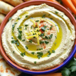 To make the best lemon garlic hummus, gather these fresh ingredients: - 1 can (15 oz) chickpeas, drained and rinsed - 1/4 cup tahini - 2 tablespoons olive oil - 2 tablespoons fresh lemon juice (about 1 medium lemon) - 2 cloves garlic, minced - 1/2 teaspoon ground cumin - 1/2 teaspoon sea salt - 2 to 4 tablespoons water (as needed for consistency) - Zest of 1 lemon (for extra flavor) - Fresh parsley, chopped (for garnish) - Paprika (for garnish) If you don't have all the ingredients, here are some swaps: - Chickpeas: Use white beans for a different texture. - Tahini: Substitute with sunflower seed butter or Greek yogurt. - Olive oil: Use avocado oil for a different flavor. - Fresh lemon juice: Bottled lemon juice works in a pinch. - Garlic: Garlic powder can be used, but fresh is best. - Sea salt: Use kosher salt or table salt if needed. Fresh ingredients make a big difference in flavor. Here’s what to look for: - Chickpeas: Choose those with no dents or rust on the can. - Tahini: Look for a smooth texture and a good aroma. - Olive oil: Select extra virgin olive oil for the best taste. - Lemons: Pick firm, heavy lemons for juicing. - Garlic: Look for heads that are firm and without sprouts. - Parsley: Choose bright green, fresh parsley with no brown spots. Using these tips will help you create a delicious and vibrant lemon garlic hummus. For the complete recipe, check out the [Full Recipe]. Start by gathering all your ingredients. You need one can of chickpeas, tahini, olive oil, and fresh lemon juice. Don’t forget the garlic, ground cumin, and sea salt. You will also use lemon zest, parsley for garnish, and paprika. Drain and rinse the chickpeas well before using them. In a food processor, add the chickpeas, tahini, olive oil, lemon juice, garlic, cumin, and salt. Blend everything on high until it is smooth. Pause to scrape down the sides of the bowl as needed. This step ensures all ingredients mix well. While blending, slowly pour in two tablespoons of water. This helps achieve a creamy texture. If you want a thinner hummus, add more water, one tablespoon at a time. After blending, add the lemon zest and mix briefly. Taste your hummus. If it needs more flavor, add extra salt, lemon juice, or garlic. Once you are happy, transfer it to a bowl. Make a small well in the center. Drizzle olive oil in the well and sprinkle with paprika and parsley. Check out the full recipe for more details! Enjoy your tasty lemon garlic hummus with pita bread or fresh veggies. To make the best hummus, focus on the texture. Start with canned chickpeas for ease. Drain and rinse them well to remove extra salt. Use a food processor for a smooth blend. When blending, add water slowly. This lets you control the thickness. If you like creamy hummus, blend it longer. Scraping the bowl helps mix everything well. If it’s too thick, add more water, one tablespoon at a time. Lemon and garlic are stars in this recipe. To boost the flavor, use fresh garlic. Roasting the garlic can give a sweet twist. Adding lemon zest also brightens the taste. If you want a spicy kick, add a dash of cayenne. For a different taste, try mixing in herbs like basil or cilantro. These small changes can make a big impact on flavor. You can serve lemon garlic hummus in many ways. It pairs well with warm pita bread or fresh veggie sticks. Try it on sandwiches or as a dip at parties. Garnish with olive oil and paprika for a nice touch. A sprinkle of fresh parsley adds color and taste. For a fun twist, serve it in bowls surrounded by colorful veggies. This makes a great snack or appetizer for any gathering. For the full recipe, check out the details above. {{image_2}} You can add heat to your hummus easily. Simply mix in 1-2 teaspoons of cayenne pepper or red pepper flakes. This will give your hummus a nice kick. You can also use jalapeños for a fresh, spicy taste. Blend these with the other ingredients for a bold flavor. Fresh herbs can make your hummus even better. Try adding basil, cilantro, or dill. Chop the herbs finely and mix them in before blending. This adds a fresh twist that brightens your dish. You can also use dried herbs if fresh ones are not available. Roasting garlic gives it a sweet, rich flavor. Instead of raw garlic, use 2 whole cloves of roasted garlic. Simply wrap them in foil and roast until soft. Then blend them in with the other ingredients. This version will add depth and a lovely aroma to your hummus. Feel free to explore these variations for a unique taste. For the full recipe, check the details above. Enjoy experimenting! To store lemon garlic hummus, place it in a clean, airtight container. You want to keep air out to maintain freshness. Press a piece of plastic wrap directly onto the hummus's surface before sealing the lid. This method helps prevent browning from the lemon juice. Homemade lemon garlic hummus lasts about 4 to 7 days in the fridge. If you want to keep it longer, freezing is a good option. Hummus can be frozen for up to 3 months. When ready to use, thaw it in the fridge overnight. Stir it well before serving. Choose glass or plastic containers that seal tightly. Glass containers help keep flavors intact and do not absorb odors. If you use plastic, ensure it's BPA-free. Small containers work well for portion control. This way, you can enjoy hummus without exposing the whole batch to air each time. For the full recipe, check out the Zesty Lemon Garlic Hummus section earlier. You can serve Lemon Garlic Hummus in many fun ways. I love using warm pita bread, crunchy veggie sticks, or even as a spread on sandwiches. For a pretty touch, drizzle olive oil on top. Add a sprinkle of paprika and some chopped parsley for color. This makes your dish pop and tastes great! Yes, you can make Lemon Garlic Hummus ahead of time. It is perfect for meal prep or parties. Just store it in the fridge in an airtight container. It will stay fresh and tasty for a few days. If you make it early, the flavors will blend even better. Homemade hummus lasts about 4 to 7 days in the fridge. Keep it in a sealed container to maintain its freshness. If you see any changes in color or smell, it’s best to toss it out. For a longer storage option, you can freeze it. Just thaw it in the fridge before serving. For the full recipe, check out the Zesty Lemon Garlic Hummus section! In this blog post, we covered all aspects of making lemon garlic hummus. We explored the key ingredients, tips for preparing them, and how to blend your hummus to perfection. I shared fun variations and important storage tips to keep your batch fresh. Lemon garlic hummus is simple to make and fun to enjoy. Try it today!