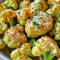 - 1 large head of cauliflower, cut into florets - 3 tablespoons olive oil - 4 cloves garlic, minced - 1/2 cup grated Parmesan cheese - 1 teaspoon Italian seasoning - 1/2 teaspoon red pepper flakes (optional for spice) - Salt and pepper to taste - Fresh parsley, chopped (for garnish) When I make Air Fryer Garlic Parmesan Cauliflower, I love using fresh ingredients. The main star is the cauliflower. Choose a large head for more florets. Cut them into bite-sized pieces to ensure even cooking. The olive oil adds richness, while garlic brings a strong flavor. I always use minced garlic for the best taste. For seasonings, I use grated Parmesan cheese, which melts beautifully. Italian seasoning gives a nice herb flavor. If you like spice, add red pepper flakes. Don’t forget to season with salt and pepper! Fresh parsley adds a pop of color and freshness when serving. These ingredients come together to create a crunchy delight that is easy to make. For the full recipe, check out the instructions to see how all these flavors blend. - In a large bowl, combine 3 tablespoons of olive oil, 4 cloves of minced garlic, 1 teaspoon of Italian seasoning, 1/2 teaspoon of red pepper flakes, salt, and pepper. Mix well. - Add 1 large head of cauliflower, cut into florets, to the bowl. Toss the florets in the garlic oil mixture until they are evenly coated. This step adds so much flavor! - Preheat your air fryer to 400°F (200°C) for 5 minutes. This helps the cauliflower crisp up nicely. - Place the seasoned florets in the air fryer basket in a single layer. If your air fryer is small, you might need to do this in batches. - Air fry at 400°F (200°C) for 12-15 minutes. Shake the basket halfway through cooking to ensure even crisping. You want them golden and crunchy. - Once the cooking time is up, take the cauliflower out and sprinkle 1/2 cup of grated Parmesan cheese over the hot florets. This will melt and cling to the cauliflower. - Return the cauliflower to the air fryer for an additional 2-3 minutes. This helps the cheese melt perfectly. - Finally, take out the cauliflower, garnish with fresh parsley, and serve hot for a crunchy delight. For the full recipe, check the details above! To prevent sogginess, make sure to dry the cauliflower well. If it's wet, the florets won't crisp up. You can also toss the florets in the oil mixture just before cooking. This helps keep them light and crispy. For crispy florets, do not overcrowd the air fryer. Leave space between each piece. This allows hot air to flow around them. Shake the basket halfway through cooking. This helps ensure even cooking and perfect crunch. To spice things up, consider adding smoked paprika or cumin. These spices can add depth to the flavor. You can also try lemon zest for a fresh twist. If you want to swap out ingredients, use different oils. Avocado oil works well for high heat. You can also use nutritional yeast instead of cheese for a vegan option. This adds a cheesy flavor without dairy. For side dishes, serve these cauliflower bites with a light salad or roasted veggies. They go well with grilled chicken or fish too. You can also add them to tacos or grain bowls. Try tossing them with quinoa and fresh herbs for a tasty meal. They make a great snack on their own, too! For the full recipe, check out the detailed instructions. {{image_2}} You can change the cheese in this recipe. If you want a tangy bite, try feta cheese. For a milder taste, mozzarella works well. Both melt nicely and add great flavor. If you prefer a dairy-free option, use nutritional yeast. It gives a cheesy flavor without the dairy. You can change spices to match your taste. For a spicy kick, add cayenne pepper. If you want a smoky flavor, use smoked paprika. You can also use infused oils, like garlic or chili oil. These oils add depth to your dish and make it more fun. This recipe is easy to adapt for different diets. To make it gluten-free, just check your seasonings. Most are gluten-free, but always read labels. For a low-carb option, skip the potatoes and pair it with protein. This makes it perfect for keto diets. Enjoy the crunch while sticking to your goals. After making Air Fryer Garlic Parmesan Cauliflower, you may have some leftovers. To store them properly, let the cauliflower cool down first. Place the cooled florets in an airtight container. This keeps them fresh and tasty. The best containers for storage are glass or BPA-free plastic. Make sure they seal tightly. Store the container in the fridge for up to three days. When you're ready to enjoy your leftovers, reheating them can be fun! The air fryer is the best way to bring back their crunch. Set your air fryer to 350°F (175°C) for about 5-7 minutes. This keeps the cauliflower crispy. If you use a microwave, it may get soft. To avoid this, place a paper towel under the cauliflower. This helps absorb moisture. If you want to freeze the cooked cauliflower, first let it cool completely. Spread the florets on a baking sheet in a single layer. Freeze them for about one hour. This prevents them from sticking together. Once frozen, transfer the florets to a freezer-safe bag. Use them within three months for the best taste. To thaw, place the bag in the fridge overnight. Re-cook in the air fryer at 350°F (175°C) for about 10 minutes. This will help restore some of the crispiness. Enjoy your crunchy delight again! Cooking cauliflower in an air fryer takes about 12-15 minutes at 400°F (200°C). If your florets are smaller, they may cook faster. If they are larger, check them at 15 minutes. Adjust time based on your air fryer model. Always shake the basket halfway for even cooking. Yes, you can use frozen cauliflower. Just remember, it may need extra cooking time. Thaw it first for the best texture. Pat it dry to avoid excess moisture. This will help keep your cauliflower crunchy and not soggy. The base recipe uses garlic and Parmesan for a classic taste. You can add other spices, like paprika or cumin, for extra flavor. Try lemon zest for a fresh twist. Experiment with herbs to find your favorite mix. You can prep the cauliflower ahead of time. Coat it in the seasoning and store it in the fridge for up to 24 hours. When you are ready, just air fry it as directed. This makes meal prep easy and quick. Enjoy your tasty dish whenever you want! For the full recipe, check out the recipe details shared above. You now have a simple guide to make tasty air-fried cauliflower. We covered the main ingredients, seasonings, and easy steps. You learned tips for flavor and texture, plus fun variations. Remember to store leftovers well and reheat them right. Air-fried cauliflower can fit into many meals and diets. With a bit of creativity, you can enjoy this dish in various ways. Happy cooking!