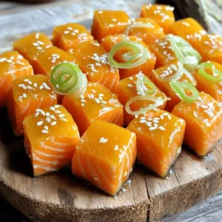 - Fresh salmon fillet: Use 1 lb of fresh salmon fillet. Remove the skin and cut it into 1-inch cubes. The salmon should be bright and shiny, with no dark spots. - Maple syrup: You need 1/4 cup of pure maple syrup. If you want a substitute, use honey or agave syrup for a similar sweetness. - Soy sauce: Use 2 tablespoons of soy sauce. You can opt for low-sodium soy sauce if you prefer less salt. - Other essential ingredients: You will need 1 tablespoon of Dijon mustard, 1 teaspoon of minced garlic, 1 teaspoon of grated fresh ginger, and 1 tablespoon of sesame oil. These add depth and flavor. - Optional garnish ingredients: For garnish, slice 2 green onions and prepare sesame seeds. These add a nice touch to your dish. This list covers everything you need to make delicious maple glazed salmon bites. You can find the full recipe above to guide you through each step. Preparing the marinade Start by making the marinade. In a medium bowl, whisk together: - 1/4 cup pure maple syrup - 2 tablespoons soy sauce - 1 tablespoon Dijon mustard - 1 teaspoon minced garlic - 1 teaspoon grated fresh ginger - 1 tablespoon sesame oil This mix gives the salmon a sweet and savory flavor that pairs well. Marinating the salmon Next, take 1 lb of fresh salmon fillet. Cut it into 1-inch cubes. Season these cubes with a little salt and pepper. Add the salmon to the marinade. Toss gently to coat each piece. Cover the bowl with plastic wrap. Place it in the fridge for at least 30 minutes. If you have time, marinate for up to 2 hours for more flavor. Preheating the oven and preparing the baking sheet While the salmon marinates, preheat your oven to 400°F (200°C). Take a baking sheet and line it with parchment paper. Place this sheet in the oven as it preheats. This helps the salmon cook evenly. Baking the salmon bites After marinating, remove the salmon from the fridge. Using a slotted spoon, transfer the salmon bites to the hot baking sheet. Make sure to space them apart. Bake for 10-12 minutes. The salmon should be cooked through and slightly caramelized. Garnishing the dish For an extra touch, you can brush some of the remaining marinade over the salmon halfway through baking. Once out of the oven, garnish the bites with sliced green onions and a sprinkle of sesame seeds. This adds color and extra crunch to your dish. For the full recipe, check out the details in the earlier section. - Ensuring perfect salmon texture: Salmon cooks best when it is fresh and not overcooked. Aim for a firm yet flaky texture. Use a meat thermometer to check for doneness. The ideal internal temperature is 145°F (63°C). Remove it from the oven as soon as it reaches this temperature. - Adjusting marinade for flavor: Feel free to tweak the marinade to your taste. If you like it sweeter, add more maple syrup. For a tangy kick, increase the Dijon mustard. Taste the marinade before adding the salmon to ensure it fits your flavor profile. - Tips for an even bake: To achieve an even bake, ensure the salmon bites are spaced apart on the baking sheet. This allows hot air to circulate. Also, rotate the baking sheet halfway through cooking for consistent heat distribution. - Ideal pairings: Maple glazed salmon bites go well with light sides. Consider serving them alongside a fresh salad or steamed vegetables. A citrusy drink, like lemonade or a light white wine, complements the dish nicely. - Plating techniques for presentation: For an eye-catching plate, arrange the salmon bites in a circle. Add a sprinkle of sesame seeds and green onions on top. You can also drizzle some extra maple glaze around the plate for a pop of color. - Best occasions to serve: These salmon bites are great for casual dinners or special events. Serve them at parties or family gatherings. They also work well as appetizers for holiday meals. {{image_2}} You can change the glaze for your maple glazed salmon bites. A honey-soy mix adds sweetness. You can also try a teriyaki glaze for a tangy twist. If you want heat, add red pepper flakes or sriracha to the glaze. This gives your bites a spicy kick. For a vegan version, use tofu instead of salmon. You can marinate the tofu just like the salmon. It absorbs flavors well and gives a nice texture. You can grill or bake your salmon bites. Grilling gives a smoky flavor and nice grill marks. Just remember to watch the time, as grilling can cook them fast. If you prefer baking, preheat your oven to 400°F. You can line a baking sheet with parchment paper for easy cleanup. For a quicker option, use an air fryer. Cook the salmon bites at 375°F for about 8-10 minutes. This method keeps them crispy on the outside and tender inside. Both methods are easy, and each brings its own tasty flair. To keep your salmon bites fresh, store them in the fridge. Place them in an airtight container. They will stay good for 3 to 4 days. Make sure to cool them before storing. This helps keep their flavor and texture. If you want to save them longer, you can freeze them. Wrap each piece tightly in plastic wrap. Then, put them in a freezer bag. They can last up to 3 months in the freezer. When ready to eat, thaw them in the fridge overnight. To reheat salmon bites, use the oven for the best results. Preheat your oven to 350°F (175°C). Place the salmon bites on a baking sheet. Cover them loosely with foil to keep them moist. Heat for about 10 minutes. You can also use a microwave. Place the bites on a microwave-safe plate. Heat for 1-2 minutes, but be careful not to overdo it. If you have leftover salmon bites, think about adding them to salads or grain bowls. They add great flavor and protein. You can also make salmon tacos. Just warm them up and place in a tortilla with your favorite toppings. Enjoy the taste of your delicious maple glazed salmon bites in new ways! What can I substitute for maple syrup? If you need a substitute for maple syrup, try honey or agave syrup. Both add sweetness. You can also use brown sugar mixed with water for a similar flavor. How do I know if the salmon is cooked? To check if salmon is cooked, look for a light pink color and flaky texture. You can also use a food thermometer. The salmon should reach an internal temperature of 145°F (63°C). Can I use frozen salmon for this recipe? Yes, you can use frozen salmon. Just make sure to thaw it completely before cooking. This ensures even cooking and better flavor absorption from the marinade. How long should I marinate salmon bites for optimal flavor? For the best taste, marinate salmon bites for at least 30 minutes. You can let them sit for up to 2 hours in the fridge for more flavor. Allergens to be aware of This recipe contains fish and soy sauce, which can be allergens. Be cautious with sesame oil if you have nut allergies. Always check labels to ensure safety for all eaters. Nutritional information on salmon bites Salmon is rich in protein and healthy fats. It provides omega-3 fatty acids, which support heart health. Each serving has about 250 calories, depending on the exact ingredients used. For a detailed breakdown, refer to the full recipe. This recipe lets you create tasty salmon bites easily. You learned about the right ingredients, simple steps, and helpful tips. We covered variations to suit your taste and made sure you know how to store leftovers. Enjoy sharing these delicious bites at your next gathering or just for a cozy night in. With a little practice, you can impress anyone with this dish. Happy cooking!