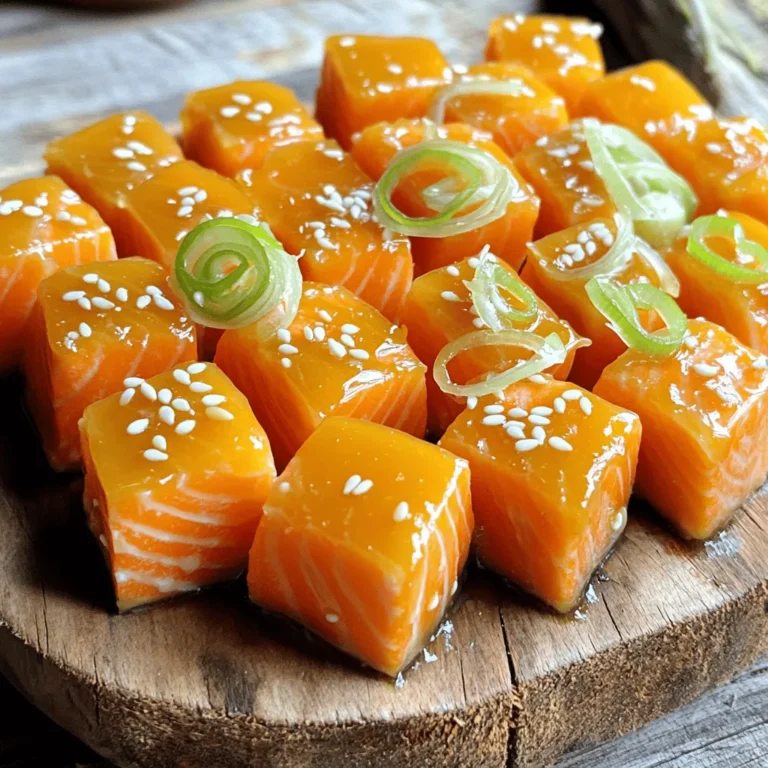 - Fresh salmon fillet: Use 1 lb of fresh salmon fillet. Remove the skin and cut it into 1-inch cubes. The salmon should be bright and shiny, with no dark spots. - Maple syrup: You need 1/4 cup of pure maple syrup. If you want a substitute, use honey or agave syrup for a similar sweetness. - Soy sauce: Use 2 tablespoons of soy sauce. You can opt for low-sodium soy sauce if you prefer less salt. - Other essential ingredients: You will need 1 tablespoon of Dijon mustard, 1 teaspoon of minced garlic, 1 teaspoon of grated fresh ginger, and 1 tablespoon of sesame oil. These add depth and flavor. - Optional garnish ingredients: For garnish, slice 2 green onions and prepare sesame seeds. These add a nice touch to your dish. This list covers everything you need to make delicious maple glazed salmon bites. You can find the full recipe above to guide you through each step. Preparing the marinade Start by making the marinade. In a medium bowl, whisk together: - 1/4 cup pure maple syrup - 2 tablespoons soy sauce - 1 tablespoon Dijon mustard - 1 teaspoon minced garlic - 1 teaspoon grated fresh ginger - 1 tablespoon sesame oil This mix gives the salmon a sweet and savory flavor that pairs well. Marinating the salmon Next, take 1 lb of fresh salmon fillet. Cut it into 1-inch cubes. Season these cubes with a little salt and pepper. Add the salmon to the marinade. Toss gently to coat each piece. Cover the bowl with plastic wrap. Place it in the fridge for at least 30 minutes. If you have time, marinate for up to 2 hours for more flavor. Preheating the oven and preparing the baking sheet While the salmon marinates, preheat your oven to 400°F (200°C). Take a baking sheet and line it with parchment paper. Place this sheet in the oven as it preheats. This helps the salmon cook evenly. Baking the salmon bites After marinating, remove the salmon from the fridge. Using a slotted spoon, transfer the salmon bites to the hot baking sheet. Make sure to space them apart. Bake for 10-12 minutes. The salmon should be cooked through and slightly caramelized. Garnishing the dish For an extra touch, you can brush some of the remaining marinade over the salmon halfway through baking. Once out of the oven, garnish the bites with sliced green onions and a sprinkle of sesame seeds. This adds color and extra crunch to your dish. For the full recipe, check out the details in the earlier section. - Ensuring perfect salmon texture: Salmon cooks best when it is fresh and not overcooked. Aim for a firm yet flaky texture. Use a meat thermometer to check for doneness. The ideal internal temperature is 145°F (63°C). Remove it from the oven as soon as it reaches this temperature. - Adjusting marinade for flavor: Feel free to tweak the marinade to your taste. If you like it sweeter, add more maple syrup. For a tangy kick, increase the Dijon mustard. Taste the marinade before adding the salmon to ensure it fits your flavor profile. - Tips for an even bake: To achieve an even bake, ensure the salmon bites are spaced apart on the baking sheet. This allows hot air to circulate. Also, rotate the baking sheet halfway through cooking for consistent heat distribution. - Ideal pairings: Maple glazed salmon bites go well with light sides. Consider serving them alongside a fresh salad or steamed vegetables. A citrusy drink, like lemonade or a light white wine, complements the dish nicely. - Plating techniques for presentation: For an eye-catching plate, arrange the salmon bites in a circle. Add a sprinkle of sesame seeds and green onions on top. You can also drizzle some extra maple glaze around the plate for a pop of color. - Best occasions to serve: These salmon bites are great for casual dinners or special events. Serve them at parties or family gatherings. They also work well as appetizers for holiday meals. {{image_2}} You can change the glaze for your maple glazed salmon bites. A honey-soy mix adds sweetness. You can also try a teriyaki glaze for a tangy twist. If you want heat, add red pepper flakes or sriracha to the glaze. This gives your bites a spicy kick. For a vegan version, use tofu instead of salmon. You can marinate the tofu just like the salmon. It absorbs flavors well and gives a nice texture. You can grill or bake your salmon bites. Grilling gives a smoky flavor and nice grill marks. Just remember to watch the time, as grilling can cook them fast. If you prefer baking, preheat your oven to 400°F. You can line a baking sheet with parchment paper for easy cleanup. For a quicker option, use an air fryer. Cook the salmon bites at 375°F for about 8-10 minutes. This method keeps them crispy on the outside and tender inside. Both methods are easy, and each brings its own tasty flair. To keep your salmon bites fresh, store them in the fridge. Place them in an airtight container. They will stay good for 3 to 4 days. Make sure to cool them before storing. This helps keep their flavor and texture. If you want to save them longer, you can freeze them. Wrap each piece tightly in plastic wrap. Then, put them in a freezer bag. They can last up to 3 months in the freezer. When ready to eat, thaw them in the fridge overnight. To reheat salmon bites, use the oven for the best results. Preheat your oven to 350°F (175°C). Place the salmon bites on a baking sheet. Cover them loosely with foil to keep them moist. Heat for about 10 minutes. You can also use a microwave. Place the bites on a microwave-safe plate. Heat for 1-2 minutes, but be careful not to overdo it. If you have leftover salmon bites, think about adding them to salads or grain bowls. They add great flavor and protein. You can also make salmon tacos. Just warm them up and place in a tortilla with your favorite toppings. Enjoy the taste of your delicious maple glazed salmon bites in new ways! What can I substitute for maple syrup? If you need a substitute for maple syrup, try honey or agave syrup. Both add sweetness. You can also use brown sugar mixed with water for a similar flavor. How do I know if the salmon is cooked? To check if salmon is cooked, look for a light pink color and flaky texture. You can also use a food thermometer. The salmon should reach an internal temperature of 145°F (63°C). Can I use frozen salmon for this recipe? Yes, you can use frozen salmon. Just make sure to thaw it completely before cooking. This ensures even cooking and better flavor absorption from the marinade. How long should I marinate salmon bites for optimal flavor? For the best taste, marinate salmon bites for at least 30 minutes. You can let them sit for up to 2 hours in the fridge for more flavor. Allergens to be aware of This recipe contains fish and soy sauce, which can be allergens. Be cautious with sesame oil if you have nut allergies. Always check labels to ensure safety for all eaters. Nutritional information on salmon bites Salmon is rich in protein and healthy fats. It provides omega-3 fatty acids, which support heart health. Each serving has about 250 calories, depending on the exact ingredients used. For a detailed breakdown, refer to the full recipe. This recipe lets you create tasty salmon bites easily. You learned about the right ingredients, simple steps, and helpful tips. We covered variations to suit your taste and made sure you know how to store leftovers. Enjoy sharing these delicious bites at your next gathering or just for a cozy night in. With a little practice, you can impress anyone with this dish. Happy cooking!