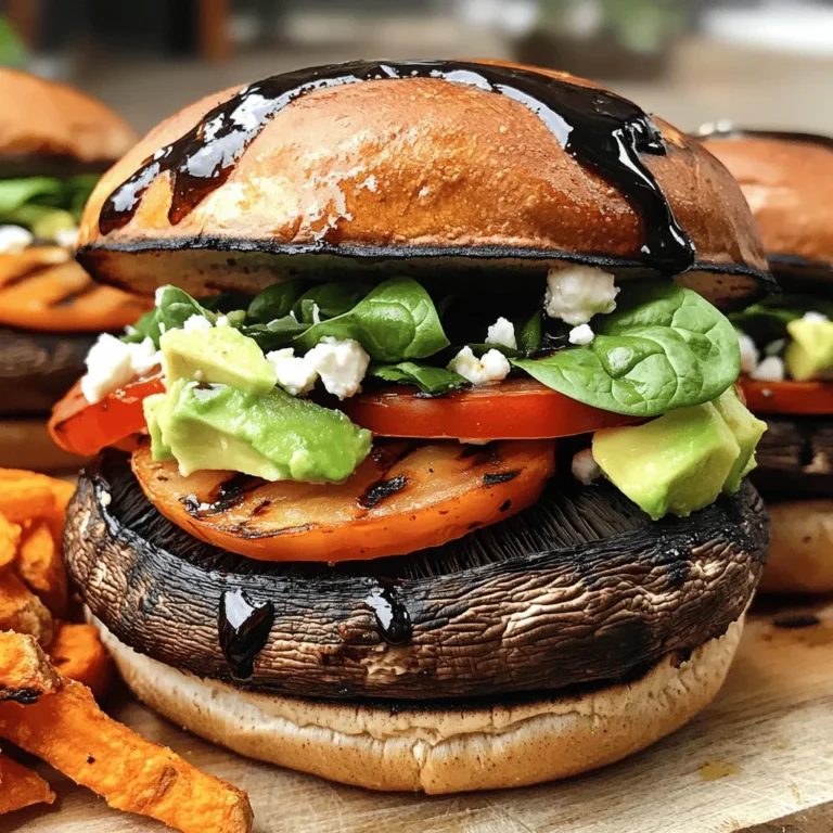 To make delicious Portobello mushroom burgers, gather these key ingredients: - 4 large Portobello mushrooms, stems removed - 2 tablespoons balsamic vinegar - 1 tablespoon olive oil - 1 teaspoon garlic powder - 1 teaspoon dried oregano - 1 teaspoon smoked paprika - Salt and pepper to taste - 4 whole wheat burger buns - 1 cup fresh spinach leaves - 1 large tomato, sliced - 1 avocado, sliced - ½ cup feta cheese, crumbled (or vegan cheese alternative if desired) These ingredients help create a tasty and satisfying meal. The Portobello mushrooms serve as the star of the dish. They are thick, meaty, and full of flavor. Marinating them with balsamic vinegar and spices enhances their taste. Whole wheat burger buns add a nice touch and texture. Fresh toppings like spinach, tomato, and avocado keep the burger light and fresh. Feta cheese adds creaminess, or you can use a vegan option. Now, let’s talk about what’s in these burgers. - Caloric content per serving: Each burger has around 250-300 calories, depending on toppings. - Macronutrients breakdown: You get protein from the mushrooms and cheese. The avocado adds healthy fats. Carbs come from the bun. - Dietary considerations: This recipe is vegan if you skip the cheese or use a plant-based option. You can make it gluten-free by using gluten-free buns. Knowing these details helps you enjoy your meal while keeping health in mind. Enjoy this tasty Portobello mushroom burger with a side of sweet potato fries or salad for added nutrients. For the complete recipe, check out the Full Recipe section. Prepping the mushrooms Start by cleaning the Portobello mushrooms. Use a damp cloth or paper towel to wipe off dirt. Remove the stems gently. This helps the mushrooms absorb flavors better. Making the marinade In a small bowl, whisk together: - 2 tablespoons balsamic vinegar - 1 tablespoon olive oil - 1 teaspoon garlic powder - 1 teaspoon dried oregano - 1 teaspoon smoked paprika - Salt and pepper to taste This marinade gives the mushrooms a rich and savory flavor. Brush it on both sides of the mushrooms. Toasting the burger buns While you prepare the mushrooms, toast the burger buns. Lightly place them on the grill for about 1-2 minutes. Look for a golden color, which adds nice texture and flavor. Grilling the Portobello mushrooms Preheat your grill or grill pan over medium-high heat. Place the marinated mushrooms on the grill, gills side down. Grill for about 5-7 minutes on each side. Baste with leftover marinade for extra flavor. They should become tender and juicy. Assembling the burgers Once the mushrooms are grilled, it’s time to build your burger. Take a toasted bun and place a grilled mushroom on the bottom half. Add fresh spinach, a slice of tomato, and avocado slices. Top it off with crumbled feta cheese or a vegan cheese alternative. Best practices for serving Cap it with the top half of the bun. Serve your Portobello mushroom burgers right away. Pair them with sweet potato fries or a fresh side salad. Garnish with herbs for a nice touch. You can find the full recipe above. Grilling Portobello mushrooms brings out their rich flavor. The high heat adds a nice char. This adds a smoky taste that you can't get from baking. Plus, grilling keeps the mushrooms juicy. If you prefer baking, you can still create a tasty burger. Preheat your oven to 400°F (200°C). Place the marinated mushrooms on a baking tray, gills facing up. Bake for 15-20 minutes. This method is great for cooking indoors. The flavor will still be nice, but it may not have that grill taste. Cooking time varies by method. Grilling takes about 10-14 minutes total. Baking can take a bit longer, around 15-20 minutes. Always check for tenderness. To elevate your Portobello burgers, consider different toppings and sauces. Some of my favorites include sliced avocado, fresh spinach, or a dollop of pesto. These add freshness and creaminess. You can also spice things up with seasonings. Try adding some crushed red pepper or cumin to the marinade. This will give your burgers an exciting kick. Pair your burgers with sides for a complete meal. Sweet potato fries or a simple salad work well. These sides complement the flavors nicely and add a healthy touch. For the full recipe, check out the Savory Portobello Mushroom Burgers section. {{image_2}} For a vegetarian or vegan twist, you can swap out the cheese. Instead of feta, use a vegan cheese. There are many options available that melt well. Nutritional yeast also adds a cheesy flavor without dairy. When it comes to seasoning, feel free to experiment. You can use smoked paprika for a deeper taste. For a spicy kick, consider adding cayenne pepper or chili powder. These swaps keep the flavors bold and fresh. You can give your Portobello mushroom burgers a Mediterranean twist. Add toppings like roasted red peppers, olives, or hummus. These ingredients bring a bright and savory flavor. For a South American flair, try adding chimichurri sauce. This sauce combines herbs, garlic, and vinegar for a zesty punch. You can also sprinkle on some cumin for a warm note. If you want an Asian-inspired burger, top it with pickled vegetables. Add sesame seeds for a nutty crunch. A drizzle of soy sauce or sriracha can enhance the umami flavor. These ideas make the burger unique and fun. Remember, each variation adds its own charm. Try them all! For the full recipe, check out the detailed instructions above. To keep your Portobello mushroom burgers fresh, store them properly. If you have leftover cooked burgers, let them cool first. Place them in an airtight container. They can last up to 3 days in the fridge. For uncooked mushrooms, wrap them in paper towels. Place them in a brown paper bag. This keeps them dry and fresh for about a week. When storing cooked mushrooms, keep in mind their moisture. Too much moisture can make them soggy. Use the right container to avoid this issue. Always check for any spoilage before cooking stored mushrooms. You can freeze cooked Portobello burgers for later use. Just ensure they are cool before you freeze them. Wrap each burger tightly in plastic wrap. Then, store them in a freezer bag. They can last for up to 2 months in the freezer. When you’re ready to eat, thaw them in the fridge overnight. To reheat, use a grill or a pan on low heat. This keeps the burger juicy. Avoid using a microwave, as it can make them rubbery. Enjoy your delicious Portobello mushroom burgers anytime! For a detailed recipe, check out the Full Recipe. Can I grill Portobello mushrooms without marinating? Yes, you can grill Portobello mushrooms without marinating. However, marinating adds flavor. A simple mix of olive oil, vinegar, and spices makes them tasty. If you skip this step, your mushrooms may taste bland. How can I tell when the mushrooms are done? You can tell when Portobello mushrooms are done by looking at their texture and color. They should be tender and juicy. A good rule is to grill them for about 5-7 minutes on each side. If they look shriveled, they might be overcooked. What sides pair well with Portobello Mushroom Burgers? Great sides for Portobello mushroom burgers include sweet potato fries and simple salads. You can also try roasted veggies or coleslaw. These sides complement the rich taste of the mushrooms well. Can these burgers be made ahead of time? Yes, you can make these burgers ahead of time. Grill the mushrooms and store them in the fridge. Just reheat them before serving. This saves time on busy days. Are Portobello mushrooms healthy? Yes, Portobello mushrooms are healthy. They are low in calories and high in nutrients. They provide fiber, vitamins, and minerals. Adding them to your diet is a smart choice. What’s the best way to clean Portobello mushrooms? The best way to clean Portobello mushrooms is simple. Use a damp paper towel to wipe off dirt. Avoid soaking them in water, as they can absorb moisture. This helps keep them firm and flavorful. For the full recipe, check out [Full Recipe]. Portobello mushroom burgers are a tasty, healthy option for everyone. You learned about key ingredients, from mushrooms to toppings. Nutritional facts showed their value for various diets. We covered cooking methods, tips for grilling, and flavor boosts. You can try unique variations for a global twist. Lastly, I shared smart storage advice to enjoy leftovers. These burgers not only satisfy your taste buds but also support a healthier lifestyle. Dive into your kitchen and create your own delicious version today!