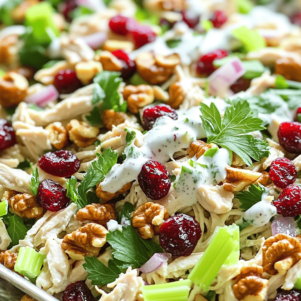 - 2 cups cooked chicken breast, shredded - 1/2 cup dried cranberries - 1/2 cup walnuts, chopped - 1/2 cup celery, finely chopped - 1/4 cup red onion, finely diced - 1/2 cup Greek yogurt - 2 tablespoons honey - 1 tablespoon Dijon mustard - Salt and pepper to taste - Fresh parsley, for garnish I like to use 2 cups of cooked chicken breast. This gives a hearty base. For sweetness, 1/2 cup of dried cranberries adds a nice contrast. I use 1/2 cup of chopped walnuts for crunch. The 1/2 cup of finely chopped celery adds freshness. A 1/4 cup of diced red onion gives a slight bite. For creaminess, 1/2 cup of Greek yogurt works well. I add 2 tablespoons of honey for sweetness and 1 tablespoon of Dijon mustard for a tangy kick. Don't forget salt and pepper to taste! Finally, I use fresh parsley as a garnish. Using fresh ingredients can boost flavor. Fresh celery and red onion add crunch and zest. Dried cranberries offer a chewy texture and sweetness. I love the balance between fresh and dried. Fresh parsley brightens up the dish. Dried cranberries keep well and enhance the salad's flavor. This mix of textures makes each bite exciting. You can find the full recipe in the section above. To start, gather your ingredients. You will need: - 2 cups cooked chicken breast, shredded - 1/2 cup dried cranberries - 1/2 cup walnuts, chopped - 1/2 cup celery, finely chopped - 1/4 cup red onion, finely diced First, take a large mixing bowl. Add the shredded chicken, cranberries, walnuts, celery, and red onion. Mix them well. This blend gives you a nice crunch and sweetness. Next, we’ll make the dressing. In a small bowl, combine: - 1/2 cup Greek yogurt - 2 tablespoons honey - 1 tablespoon Dijon mustard - Salt and pepper to taste Whisk these together until smooth. Pour this creamy mix over the chicken blend. Now, gently fold the mixture. Be careful not to break the chicken too much. You want it to stay tender. Once mixed, taste your salad. Add more salt or pepper if you think it needs it. Cover your bowl with plastic wrap and chill it in the fridge for at least 30 minutes. This wait lets the flavors blend well. When you are ready to serve, scoop the salad into bowls. Garnish with fresh parsley for a bright touch. This meal is perfect for lunch or a light dinner. For a full recipe, check the details above. Enjoy your unique and flavorful meal! To get the best taste, use fresh ingredients. Fresh chicken makes a big difference. Select plump, juicy cranberries for a sweet kick. Toasting walnuts adds a nice crunch. Just place them in a dry pan over low heat. Stir for a few minutes until fragrant. This step boosts their flavor. Next, adjust the seasoning. Taste your salad after mixing. Add more salt or pepper if needed. A squeeze of lemon juice can brighten the flavors too. If you like a bit of spice, try adding a dash of cayenne. It gives a nice zing. Prep your ingredients ahead of time for easy meals. You can cook the chicken a day before. Shred it and store it in an airtight container. Chop the celery and onion ahead too. Store them in the fridge in separate containers. When you’re ready to mix, combine all the ingredients in one bowl. This salad keeps well in the fridge. It can last for up to three days. Just remember to add the garnish just before serving. If you have leftover chicken, this salad is perfect for using it up. Shredded rotisserie chicken works great. Just skip cooking and shredding. Mix your leftover chicken with the other ingredients. You’ll save time and reduce waste. This salad is also versatile. You can use it in wraps or on a bed of greens. It’s a tasty way to enjoy leftover chicken. For the full recipe, check the detailed instructions above. {{image_2}} You can make this cranberry walnut chicken salad lighter. Swap the Greek yogurt for low-fat yogurt. This change cuts calories while keeping creaminess. You can also use plain yogurt instead of flavored ones. If you want more crunch, add in more celery. Consider using apples for a fresh twist. They add sweetness and crunch too. Want to make your salad stand out? Add a splash of lemon juice for zing. Try using orange zest to bring a bright flavor. You can also mix in fresh herbs like dill or cilantro. These herbs add a fresh taste that pairs well with chicken. If you like heat, add a pinch of cayenne pepper or some chopped jalapeños. It gives your salad a fun kick. Not in the mood for chicken? Use turkey instead. It tastes great and is just as healthy. For a vegetarian option, try chickpeas or white beans. They add protein and fiber. You can even use tofu for a plant-based choice. Just make sure to season it well. Each option keeps the salad delicious and fun to eat. Check the Full Recipe for more ideas! To keep your cranberry walnut chicken salad fresh, store it in an airtight container. Make sure to cover it well to avoid drying out. This salad tastes best within three days. If you have leftovers, place them in the fridge right away. This keeps the flavors bright and fresh. You can freeze cranberry walnut chicken salad, but it may change texture. To freeze, put it in a freezer-safe container. Leave some space at the top for expansion. This salad can last up to three months in the freezer. When ready to eat, thaw it in the fridge overnight. When you reheat your chicken salad, do it gently. I suggest using the microwave. Heat it in short bursts, stirring in between. This helps keep the chicken moist. You can also enjoy it cold straight from the fridge. The flavors will still be tasty! For the complete recipe, check out the Full Recipe section. Yes, you can use other nuts. Pecans or almonds work well too. They add crunch and flavor. If you want a nut-free option, try sunflower seeds. They give a nice texture and taste without nuts. Cranberry Walnut Chicken Salad lasts about 3 to 4 days in the fridge. Make sure to store it in an airtight container. This keeps it fresh and safe to eat. Always check for signs of spoilage before eating. Yes, this recipe is gluten-free. The ingredients do not contain wheat or gluten. Just ensure that any store-bought items, like Greek yogurt or Dijon mustard, are labeled gluten-free. This way, you can enjoy your meal worry-free. For the full recipe, check the detailed instructions above. In this post, we explored key ingredients for chicken salad, from fresh to dried. We walked through preparation, mixing, and serving, highlighting tips to enhance flavor and make the most of leftovers. We also discussed healthy substitutions and variations to suit your taste. Finally, I shared important storage info to keep your meal fresh and tasty. Embrace creativity in the kitchen! You can make this dish your own. Enjoy experimenting and sharing it with friends and family.