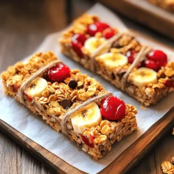 - 2 ripe bananas, mashed - 1 cup pitted cherries, chopped (fresh or frozen) - 1 ½ cups rolled oats - ½ cup almond butter (or any nut butter of choice) - ¼ cup honey or maple syrup - ½ teaspoon vanilla extract - ¼ teaspoon salt - ½ cup chopped nuts (e.g., almonds, walnuts) - ¼ cup mini chocolate chips (optional) These simple ingredients create a tasty and nutritious snack. Ripe bananas add sweetness and moisture. Cherries bring a burst of flavor, and oats give a great chewy texture. Almond butter serves as a creamy binder. Honey or maple syrup adds a touch of sweetness. The vanilla extract enhances the overall taste. Salt balances the flavors. Nuts add crunch, while chocolate chips provide a fun twist. This mix makes for a well-rounded snack with many benefits. Use fresh or frozen cherries based on what you have. If you want a nut-free option, choose sunflower seed butter instead of almond butter. You can find the full recipe above for all the steps to make these bars. - Preheat the oven and prepare your baking pan: Set your oven to 350°F (175°C). Line an 8x8 inch baking pan with parchment paper. Leave some paper hanging out for easy lifting later. - Combine wet ingredients in a mixing bowl: In a large bowl, mash the ripe bananas. Add almond butter, honey (or maple syrup), vanilla extract, and salt. Mix until smooth and creamy. - Mix in the oats and fold in fruits and nuts: Stir in the rolled oats until they blend well. Gently fold in the chopped cherries, nuts, and chocolate chips if you want a sweet touch. - Pour mixture into the baking pan: Transfer the granola mix into the prepared pan. Press it down firmly with your hands or a spatula. Make sure it spreads evenly across the pan. - Bake until golden brown: Place the pan in the oven. Bake for 20 to 25 minutes until the edges turn golden. - Cool the granola bars and slice: Once baked, let the bars cool completely in the pan. Use the parchment paper to lift them out. Cut into squares or rectangles. - Presentation tips for serving: Wrap each bar in parchment paper and tie with a string for a cute look. You can also place them on a wooden board for a charming snack display. To get the best granola bars, keep a close eye on baking time and temperature. I recommend preheating your oven to 350°F (175°C). Bake the bars for 20 to 25 minutes. Look for the edges to turn golden brown. This color means they are ready. Texture is key for granola bars. To ensure they don’t crumble, press the mixture firmly into the baking pan. Use a spatula or your hands. The more you press, the better they hold together. Let them cool completely before cutting. This step helps them set properly. If you need a nut butter alternative, try sunflower seed butter or tahini. These options work well and keep the bars nut-free. For sweeteners, maple syrup and agave nectar are great substitutes for honey. Each will add a unique taste to your bars. Want to kick up the flavor? Consider adding spices like cinnamon or nutmeg. A dash of these can enhance the sweetness. You can also mix in vanilla or almond extract for a richer taste. For extra texture, try adding seeds like chia or pumpkin seeds. These add crunch and nutrition to your granola bars. {{image_2}} You can play with flavors in your Cherry Banana Granola Bars. One fun idea is to add nuts. Chopped almonds or walnuts give a nice crunch. They also add healthy fats. If you want a tropical twist, try adding coconut and pineapple. The coconut adds sweetness, while the pineapple gives a bright flavor. If you need gluten-free options, use certified gluten-free oats. They work just as well in this recipe. For those who want a vegan option, swap honey for maple syrup. This makes the bars sweet without using animal products. You can make your bars even better. Adding protein powder boosts nutrition. This works well for an after-workout snack. You can also experiment with different fruits. Try using dried cranberries or apricots. They add unique flavors and textures. Check out the Full Recipe for more ideas on how to customize your bars! Store your Cherry Banana Granola Bars in an airtight container. This keeps them fresh and tasty. You can keep them at room temperature for up to a week. If you want them to last longer, put them in the fridge. The cool air helps them stay fresh for about two weeks. Homemade granola bars can last a week at room temperature. In the fridge, they may last up to two weeks. Watch for signs of spoilage like mold or an off smell. If they feel hard or dry, it's time to toss them. To freeze your granola bars, cut them into squares first. Wrap each piece tightly in plastic wrap. Place them in a freezer-safe bag or container. They can last up to three months in the freezer. To enjoy, simply take them out and let them thaw at room temperature. You can also microwave them for about 10 seconds for a quick warm-up. For the full recipe, check out the Cherry Banana Granola Bars section above. To make Cherry Banana Granola Bars, start by mashing ripe bananas. Mix them with almond butter, honey, vanilla, and salt. Then, add rolled oats and stir until combined. Fold in chopped cherries, nuts, and chocolate chips. Pour the mixture into a baking pan, press it down, and bake for 20-25 minutes. Let them cool, then cut into bars. You can find the Full Recipe above. Yes, you can use many other fruits. Consider using blueberries, dried apricots, or cranberries. You might even try apples or peaches for a different taste. Just remember to adjust the amount based on the fruit you choose. Yes, these granola bars are healthy! They contain whole grains from oats and healthy fats from nuts. Bananas and cherries add vitamins and fiber. Each bar is packed with energy and nutrients, making them a great snack for any time of day. If your bars are too dry, consider adding a bit more nut butter or honey. You can also mix in some extra mashed bananas or a splash of water. This will help to add moisture and improve the texture of your granola bars. These granola bars are simple and fun to make. You learned the ingredients, steps, and tips for perfecting them. You can try many flavors and ingredient swaps for a personal touch. Remember to store them correctly for freshness. Enjoy your tasty, healthy snack anytime! It’s a quick recipe that brings joy and nutrition together. Happy baking!