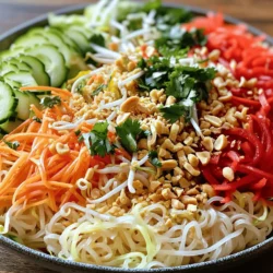 To make Sweet and Spicy Thai Noodle Salad, gather these fresh ingredients: - 8 oz rice noodles - 1 cup shredded carrots - 1 red bell pepper, thinly sliced - 1 cucumber, julienned - 1 cup bean sprouts - 1/2 cup chopped fresh cilantro - 1/4 cup chopped peanuts (for garnish) - 1 lime, juiced - 2 tablespoons soy sauce - 1 tablespoon honey or agave syrup - 1 tablespoon sriracha or your preferred hot sauce - 1 teaspoon sesame oil When sourcing ingredients, freshness is key. Here are some tips to help you find the best: - Visit local markets: Farmers' markets often have fresh produce. - Check for color: Look for bright colors in vegetables. They are usually fresher. - Smell the herbs: Fresh herbs should have a strong aroma. - Ask questions: Don’t hesitate to ask vendors about their sourcing practices. If you have dietary restrictions, here are some easy swaps: - Rice noodles: Use zucchini noodles for a low-carb option. - Soy sauce: Opt for tamari to make it gluten-free. - Honey: Substitute with maple syrup for a vegan choice. - Peanuts: Use sunflower seeds if you have a nut allergy. These swaps keep the salad tasty while meeting your needs. For the full recipe, check out the details above. To cook rice noodles, start by boiling water in a large pot. Add the noodles to the boiling water. Cook them according to the package instructions, usually about 4 to 6 minutes. Stir the noodles gently to prevent sticking. When they become soft, drain and rinse them under cold water. This stops the cooking and cools them down. Set the noodles aside while you prepare the salad. Now it’s time to mix the fresh vegetables. Gather your shredded carrots, thinly sliced red bell pepper, julienned cucumber, bean sprouts, and chopped cilantro. In a large bowl, combine all these colorful veggies. Make sure to mix them well for an even blend. This adds great texture and flavor to your salad. Fresh vegetables will give the salad a nice crunch. Next, we will whisk the dressing. In a small bowl, combine lime juice, soy sauce, honey or agave syrup, sriracha, and sesame oil. Use a whisk to mix everything until smooth. Taste and adjust the heat if needed. Pour this dressing over the cooked rice noodles and the mixed vegetables. Toss everything gently to coat well. Let the salad sit for about 10 minutes. This helps the flavors mix better. Before serving, toss again and add chopped peanuts for a tasty crunch. For the full recipe, be sure to check the earlier section. To boost the taste of your Sweet and Spicy Thai Noodle Salad, try adding more spices. You can use crushed red pepper for extra heat. Garlic powder adds depth without overwhelming the dish. A sprinkle of fresh ginger gives a zesty kick. Feel free to mix and match spices to suit your taste. Getting the perfect noodle texture is key. Rice noodles should be soft but not mushy. Make sure to rinse them in cold water after cooking. This stops the cooking process and keeps them firm. If they stick together, gently toss them with a bit of sesame oil. This keeps the noodles from clumping. A beautiful salad is all about how you serve it. Use a large, shallow bowl to show off the colors. Garnish with fresh cilantro and a lime wedge for a pop of color. You can also sprinkle chopped peanuts on top for crunch. Serve individual portions on plates for a nice touch. This adds a gourmet feel to your meal. For the full recipe, refer to the earlier section. {{image_2}} To make a vegetarian or vegan version of Sweet and Spicy Thai Noodle Salad, focus on the ingredients. The base of rice noodles is already plant-based. Use soy sauce or tamari to keep it vegan. For added protein, you can mix in tofu or edamame. Both options will provide a nice texture and boost nutrition. If you want an extra kick, add some crushed red pepper flakes. This salad is very adaptable to meet your dietary needs. If you need a gluten-free option, rice noodles are a great choice since they do not contain gluten. Make sure to use gluten-free soy sauce or coconut aminos for the dressing. This switch keeps the flavor but ensures it’s safe for those avoiding gluten. Always check labels on all packaged ingredients. You can also use zucchini noodles for a fun twist. They add a fresh taste and keep the dish light. For a heartier meal, consider adding proteins. Grilled chicken or shrimp pairs well with this salad. Cook them simply with salt and pepper to let the salad's flavors shine. You could also use cooked chickpeas or tofu for a plant-based protein. Adding protein turns this dish into a full meal. Just remember to adjust the amount of dressing based on your added ingredients. This ensures every bite bursts with flavor. For full details on making this salad, check out the Full Recipe. To keep your Sweet and Spicy Thai Noodle Salad fresh, store it in an airtight container. Make sure to separate the dressing if you have leftovers. This helps keep the noodles and veggies crisp. You can mix the dressing in later when you're ready to eat. You can store this salad in the fridge for up to three days. After that, the noodles may get mushy, and the veggies lose crunch. If you notice any off smells or changes in color, it’s best to toss it out. Reheating this salad is not recommended. It tastes best cold. If you want to warm it up a bit, do so gently in the microwave. Heat it for just a few seconds to avoid cooking the noodles. Remember to add fresh ingredients or more dressing for extra flavor! For the full recipe, check out the Sweet and Spicy Thai Noodle Salad. If you don't have rice noodles, you can try other types. Good options include soba noodles, udon, or even zucchini noodles. These substitutes offer a nice texture too. Just cook them as per the package directions. Remember, the key is to keep the salad light and fresh. This salad has a nice kick from the sriracha. If you want less heat, use less sriracha. You can also swap it for a milder sauce. For more spice, add extra sriracha or chili flakes. Taste as you mix to find your perfect balance! You can make this salad ahead of time! Just prepare the noodles and veggies. Keep the dressing separate until you're ready to serve. This way, your salad stays fresh and crunchy. If you make it too early, the noodles may soak up the dressing and lose their texture. For the full recipe, check out the details! This blog post covered how to create a tasty Sweet and Spicy Thai Noodle Salad. You learned about key ingredients, cooking instructions, and helpful tips for flavor and texture. I shared ideas for variations and proper storage, ensuring you enjoy this dish for days. Remember, experimenting with fresh ingredients and spices makes each salad unique. Enjoy cooking and let your flavor creativity shine!