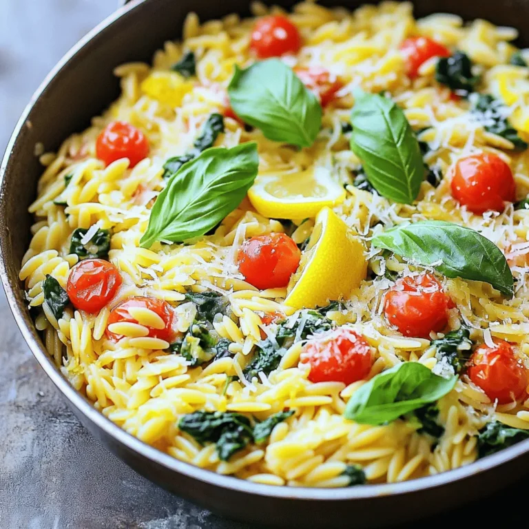 - 1 cup orzo pasta - 2 cups vegetable broth - 1 medium onion, diced - 2 cloves garlic, minced - 1 cup cherry tomatoes, halved - 1 cup fresh spinach, roughly chopped - 1/2 cup grated Parmesan cheese - 2 tablespoons olive oil - Zest and juice of 1 lemon - Salt and pepper to taste - Fresh basil for garnish Gathering the right ingredients is key to making One Pan Lemon Parmesan Orzo. You need orzo pasta as the base. It’s small and cooks quickly. Vegetable broth adds rich flavor. The diced onion and minced garlic bring a savory aroma. Cherry tomatoes give a sweet burst in every bite. Fresh spinach adds color and nutrients. Parmesan cheese makes it creamy and rich. Olive oil helps to sauté and flavor the dish. Lemon zest and juice add brightness. Lastly, salt and pepper enhance all the flavors. Fresh basil is perfect for garnish. When you have all these ingredients, you’re ready to create a tasty meal. For the full recipe, check the details above. - Sauté onion and garlic Start by heating the olive oil in a large, deep skillet over medium heat. Add the diced onion. Sauté for about 3-4 minutes. The onion should turn soft and translucent. Then, add the minced garlic and cook for 1 more minute. You want the garlic to smell great without burning. - Toast orzo Now, add the orzo pasta to the skillet. Stir it well to mix it with the onion and garlic. Toast the orzo for about 2 minutes. This step helps enhance its flavor and gives it a nice, nutty taste. - Combine ingredients After toasting, pour in the vegetable broth. Add the halved cherry tomatoes, lemon zest, and lemon juice. Stir well to combine all the ingredients. Bring the mixture to a gentle boil. - Simmer until cooked Once it boils, lower the heat to a simmer and cover the skillet. Let it cook for about 10-12 minutes. Stir it occasionally so the orzo doesn’t stick to the pan. The orzo should be al dente and most of the liquid absorbed. - Add spinach and Parmesan When the orzo is cooked, add the chopped spinach and grated Parmesan cheese. Stir it until the spinach wilts and the cheese melts, creating a creamy texture. - Season and serve Finally, season with salt and pepper to taste. Remove it from heat. Serve it warm, garnished with fresh basil and extra Parmesan if you like. Enjoy your One Pan Lemon Parmesan Orzo! For the complete recipe, check the Full Recipe. To boost the taste of your One Pan Lemon Parmesan Orzo, try these tips: - Seasoning Suggestions: Add a pinch of red pepper flakes for heat. Fresh herbs like thyme or parsley elevate the dish. You can also mix in a teaspoon of Italian seasoning for added depth. - Adding Protein Options: For a heartier meal, add cooked chicken or shrimp. Tofu works well for a vegetarian option. Simply stir it in before serving for extra protein. Perfecting your orzo is key. Here’s how: - Tips for Perfecting Al Dente: Cook the orzo until it has a slight bite. Test it a minute or two before the package time ends. Drain if needed, but you may not need to if you follow the recipe closely. - Avoiding Sticky Orzo: Stir the orzo often while it cooks. This keeps it from clumping. Using vegetable broth instead of water adds flavor and helps with separation. Make your dish look as good as it tastes with these ideas: - Serving Suggestions: Serve it in a shallow bowl for a lovely presentation. Pair it with a side salad for a complete meal. - Garnishing Tips: Top with fresh basil leaves and a sprinkle of extra Parmesan cheese. You can also add a few lemon slices for color. The bright yellow adds a lovely touch! {{image_2}} You can make One Pan Lemon Parmesan Orzo even more veggie-friendly. First, replace the orzo with quinoa or rice. This change adds a different texture. You can also swap the Parmesan cheese for a vegan alternative. Try adding more vegetables like bell peppers, zucchini, or peas. They bring color and nutrients. Mix in some cooked chickpeas for a protein boost. For gluten-free options, use gluten-free orzo or rice. Many brands offer these now. This keeps the dish tasty and safe. If you need dairy-free options, use a plant-based cheese. Nutritional yeast is a great choice for a cheesy flavor. It adds depth with no dairy. To spice things up, try adding crushed red pepper flakes. This will give your dish a nice kick. You can also mix in a teaspoon of smoked paprika for a smoky taste. Fresh herbs like thyme or rosemary can brighten the dish. They add freshness and depth. You can even toss in some lemon zest for an extra zing! Store your One Pan Lemon Parmesan Orzo in an airtight container. This keeps it fresh. It lasts about 3 to 4 days in the fridge. Make sure it cools down before sealing. This helps maintain the texture and flavor. To freeze, portion the orzo into freezer-safe bags. Remove as much air as possible to prevent freezer burn. It can last up to 2 months in the freezer. When you are ready to eat, thaw it in the fridge overnight. For reheating, the best method is on the stove. Add a splash of vegetable broth or water to keep it moist. Heat slowly over low heat, stirring often. This helps keep the dish creamy and delicious. You can also use the microwave if you're in a hurry. Just cover it and add a little liquid for moisture. It takes about 25 minutes to make One Pan Lemon Parmesan Orzo. You’ll spend 10 minutes prepping the ingredients. The cooking time is around 15 minutes. This makes it a quick and easy meal for any day. Yes, you can make One Pan Lemon Parmesan Orzo ahead of time. Store it in an airtight container in the fridge. It will stay good for about 3 days. If you want to reheat it, add a splash of broth to keep it creamy. If you don’t have orzo, you can use other small pasta types. Some good options are ditalini, farfallini, or even small shells. These will work well in this dish and still give you that tasty flavor. This blog post shared a simple recipe for One Pan Lemon Parmesan Orzo. You learned about key ingredients and step-by-step instructions for preparation and cooking. I provided tips on flavor, cooking techniques, and presentation ideas. We also explored variations and storage methods. This dish is easy to make and fun to customize. By following these steps, you can enjoy a tasty meal that fits your needs. I hope you feel inspired to try it!