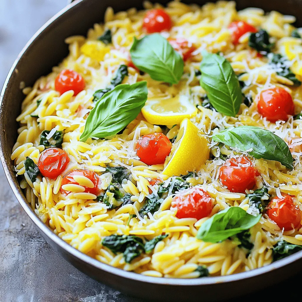 - 1 cup orzo pasta - 2 cups vegetable broth - 1 medium onion, diced - 2 cloves garlic, minced - 1 cup cherry tomatoes, halved - 1 cup fresh spinach, roughly chopped - 1/2 cup grated Parmesan cheese - 2 tablespoons olive oil - Zest and juice of 1 lemon - Salt and pepper to taste - Fresh basil for garnish Gathering the right ingredients is key to making One Pan Lemon Parmesan Orzo. You need orzo pasta as the base. It’s small and cooks quickly. Vegetable broth adds rich flavor. The diced onion and minced garlic bring a savory aroma. Cherry tomatoes give a sweet burst in every bite. Fresh spinach adds color and nutrients. Parmesan cheese makes it creamy and rich. Olive oil helps to sauté and flavor the dish. Lemon zest and juice add brightness. Lastly, salt and pepper enhance all the flavors. Fresh basil is perfect for garnish. When you have all these ingredients, you’re ready to create a tasty meal. For the full recipe, check the details above. - Sauté onion and garlic Start by heating the olive oil in a large, deep skillet over medium heat. Add the diced onion. Sauté for about 3-4 minutes. The onion should turn soft and translucent. Then, add the minced garlic and cook for 1 more minute. You want the garlic to smell great without burning. - Toast orzo Now, add the orzo pasta to the skillet. Stir it well to mix it with the onion and garlic. Toast the orzo for about 2 minutes. This step helps enhance its flavor and gives it a nice, nutty taste. - Combine ingredients After toasting, pour in the vegetable broth. Add the halved cherry tomatoes, lemon zest, and lemon juice. Stir well to combine all the ingredients. Bring the mixture to a gentle boil. - Simmer until cooked Once it boils, lower the heat to a simmer and cover the skillet. Let it cook for about 10-12 minutes. Stir it occasionally so the orzo doesn’t stick to the pan. The orzo should be al dente and most of the liquid absorbed. - Add spinach and Parmesan When the orzo is cooked, add the chopped spinach and grated Parmesan cheese. Stir it until the spinach wilts and the cheese melts, creating a creamy texture. - Season and serve Finally, season with salt and pepper to taste. Remove it from heat. Serve it warm, garnished with fresh basil and extra Parmesan if you like. Enjoy your One Pan Lemon Parmesan Orzo! For the complete recipe, check the Full Recipe. To boost the taste of your One Pan Lemon Parmesan Orzo, try these tips: - Seasoning Suggestions: Add a pinch of red pepper flakes for heat. Fresh herbs like thyme or parsley elevate the dish. You can also mix in a teaspoon of Italian seasoning for added depth. - Adding Protein Options: For a heartier meal, add cooked chicken or shrimp. Tofu works well for a vegetarian option. Simply stir it in before serving for extra protein. Perfecting your orzo is key. Here’s how: - Tips for Perfecting Al Dente: Cook the orzo until it has a slight bite. Test it a minute or two before the package time ends. Drain if needed, but you may not need to if you follow the recipe closely. - Avoiding Sticky Orzo: Stir the orzo often while it cooks. This keeps it from clumping. Using vegetable broth instead of water adds flavor and helps with separation. Make your dish look as good as it tastes with these ideas: - Serving Suggestions: Serve it in a shallow bowl for a lovely presentation. Pair it with a side salad for a complete meal. - Garnishing Tips: Top with fresh basil leaves and a sprinkle of extra Parmesan cheese. You can also add a few lemon slices for color. The bright yellow adds a lovely touch! {{image_2}} You can make One Pan Lemon Parmesan Orzo even more veggie-friendly. First, replace the orzo with quinoa or rice. This change adds a different texture. You can also swap the Parmesan cheese for a vegan alternative. Try adding more vegetables like bell peppers, zucchini, or peas. They bring color and nutrients. Mix in some cooked chickpeas for a protein boost. For gluten-free options, use gluten-free orzo or rice. Many brands offer these now. This keeps the dish tasty and safe. If you need dairy-free options, use a plant-based cheese. Nutritional yeast is a great choice for a cheesy flavor. It adds depth with no dairy. To spice things up, try adding crushed red pepper flakes. This will give your dish a nice kick. You can also mix in a teaspoon of smoked paprika for a smoky taste. Fresh herbs like thyme or rosemary can brighten the dish. They add freshness and depth. You can even toss in some lemon zest for an extra zing! Store your One Pan Lemon Parmesan Orzo in an airtight container. This keeps it fresh. It lasts about 3 to 4 days in the fridge. Make sure it cools down before sealing. This helps maintain the texture and flavor. To freeze, portion the orzo into freezer-safe bags. Remove as much air as possible to prevent freezer burn. It can last up to 2 months in the freezer. When you are ready to eat, thaw it in the fridge overnight. For reheating, the best method is on the stove. Add a splash of vegetable broth or water to keep it moist. Heat slowly over low heat, stirring often. This helps keep the dish creamy and delicious. You can also use the microwave if you're in a hurry. Just cover it and add a little liquid for moisture. It takes about 25 minutes to make One Pan Lemon Parmesan Orzo. You’ll spend 10 minutes prepping the ingredients. The cooking time is around 15 minutes. This makes it a quick and easy meal for any day. Yes, you can make One Pan Lemon Parmesan Orzo ahead of time. Store it in an airtight container in the fridge. It will stay good for about 3 days. If you want to reheat it, add a splash of broth to keep it creamy. If you don’t have orzo, you can use other small pasta types. Some good options are ditalini, farfallini, or even small shells. These will work well in this dish and still give you that tasty flavor. This blog post shared a simple recipe for One Pan Lemon Parmesan Orzo. You learned about key ingredients and step-by-step instructions for preparation and cooking. I provided tips on flavor, cooking techniques, and presentation ideas. We also explored variations and storage methods. This dish is easy to make and fun to customize. By following these steps, you can enjoy a tasty meal that fits your needs. I hope you feel inspired to try it!