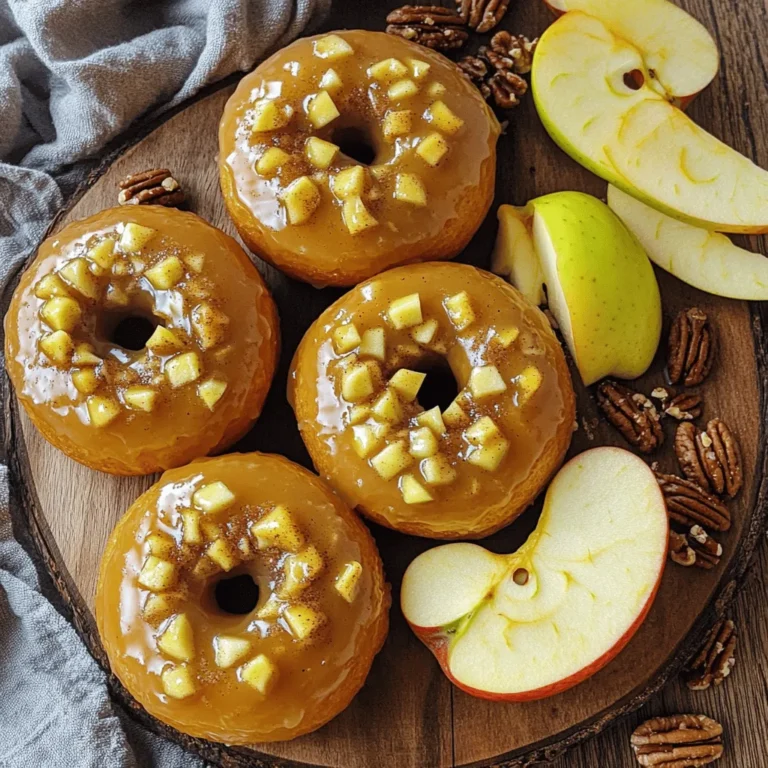 To make these tasty donuts, gather the following ingredients: - 2 cups all-purpose flour - 1 cup granulated sugar - 1 tablespoon baking powder - 1 teaspoon ground cinnamon - 1/2 teaspoon nutmeg - 1/2 teaspoon salt - 2 large eggs - 1/2 cup buttermilk - 1/4 cup unsweetened applesauce - 1/4 cup melted butter - 1 teaspoon vanilla extract - 1 cup diced apples (preferably Granny Smith or Honeycrisp) Each of these ingredients plays a big role. The flour gives structure. The sugar adds sweetness. Apples bring moisture and flavor. The glaze is simple yet delicious. You need these two key ingredients: - 1/2 cup maple syrup - 1 cup powdered sugar Mix these together for a smooth and shiny finish. This glaze makes the donuts shine and adds that sweet maple taste we love. You can swap some ingredients if needed: - Use whole wheat flour for added fiber. - Swap buttermilk with regular milk or a non-dairy option. - Replace applesauce with mashed bananas for a different flavor. These changes can still yield yummy donuts. Feel free to experiment and find your favorite twist on the recipe. For the full recipe, check out the details above. Start by preheating your oven to 350°F (175°C). Grease your donut pan with non-stick spray to stop sticking. In a big bowl, mix together the flour, sugar, baking powder, cinnamon, nutmeg, and salt. Whisk it all until it looks blended. In another bowl, whisk the eggs, buttermilk, applesauce, melted butter, and vanilla. Mix this until it is smooth. Now, pour the wet mix into the dry mix slowly. Stir gently until they just come together. Be careful not to overmix. Finally, fold in the diced apples and make sure they spread evenly. Grab a piping bag or a zip-top bag. Fill it with your batter. Squeeze the batter into each donut cavity until it is about 3/4 full. Place the pan in your preheated oven. Bake for 12 to 15 minutes. They are ready when they spring back if you touch them lightly. Take the donuts out of the oven and let them cool in the pan for about 5 minutes. After that, move them to a wire rack to cool completely. While the donuts cool, let’s make the glaze! In a bowl, mix the maple syrup and powdered sugar. Whisk this until it is smooth and creamy. Once the donuts are cool, dip the tops into the glaze. Allow any extra glaze to drip off. This glaze adds a sweet touch that pairs well with the apples. For the full recipe, you can check the detailed instructions provided above. To get the right texture, start by mixing your dry ingredients well. This helps combine the flour, sugar, and spices. When you mix the wet ingredients, whisk them until smooth. This avoids lumps. When you combine the wet and dry mixes, stir gently. Overmixing makes donuts tough. You want them light and fluffy. The diced apples also add moisture. Use fresh, crisp apples for the best taste and texture. For the glaze, mix maple syrup and powdered sugar until smooth. Use a shallow bowl for easy dipping. Dip each donut while it is still warm, but not hot. This helps the glaze stick better. Allow excess glaze to drip off. If you want a thicker glaze, let it sit for a minute before dipping. You can also sprinkle chopped nuts or a bit of cinnamon on top for extra flair. These donuts are best served fresh. Place them on a pretty platter for a nice look. You can pair them with fresh apple slices. This adds a crunchy contrast. For a fun twist, serve with coffee or hot cider. The warm drinks complement the sweet flavors. Enjoy them at breakfast or as a snack. They are perfect for sharing with friends and family. Remember, these tips will help you create delightful maple glazed apple donuts. For the full recipe, check the earlier section. {{image_2}} You can easily boost the flavor of your maple glazed apple donuts. Try adding spices like ginger or cloves. A pinch of cardamom adds a warm touch. You can also mix in some lemon zest for a bright flavor that pairs well with the apples. This adds a fresh twist and enhances the taste. While the maple glaze is amazing, you can switch it up. Consider topping your donuts with chopped nuts or coconut flakes for crunch. Drizzle some melted chocolate on top for a rich finish. You could even sprinkle some sea salt to balance the sweetness. These options add fun variations to your maple glazed apple donuts. If you want a healthier take, swap all-purpose flour for whole wheat flour. You can cut the sugar by using honey or maple syrup instead. Use Greek yogurt in place of buttermilk for moisture. You can also bake the donuts instead of frying them. These changes keep the taste while making your treat a bit lighter. For more ideas, check the Full Recipe. To keep your donuts fresh, place them in an airtight container. This method helps maintain their soft texture. If you have leftover donuts, store them at room temperature. They stay fresh this way for up to two days. For longer storage, consider freezing them. To freeze your maple glazed apple donuts, you need to cool them completely first. Place each donut in a single layer on a baking sheet. Once they are frozen solid, transfer them to a freezer-safe bag or container. This method prevents them from sticking together. You can freeze them for up to three months. Just remember to label your container with the date. When you’re ready to enjoy your frozen donuts, you can reheat them for the best taste. Preheat your oven to 350°F (175°C). Place the donuts on a baking sheet and heat for about 10 minutes. This process warms them through and restores their soft texture. If you prefer a quicker method, you can microwave them for about 15-20 seconds. Just be careful not to overheat, as they can become tough. Yes, you can! While apples shine in this recipe, feel free to experiment. Pears, bananas, or blueberries can add a fun twist. Just make sure to chop them small, so they mix well into the batter. Adjust the sweetness if you use very sweet fruits, like bananas. You want to keep the balance of flavors intact. To avoid sticky donuts, grease your pan well. Use non-stick cooking spray. You can also use melted butter or oil to coat the pan. Make sure to cover the cavities fully. Let the donuts cool for about five minutes after baking. This resting time helps them release from the pan easily. If they still stick, gently use a knife to loosen the edges. Definitely! You can prepare the glaze a day in advance. Just mix the maple syrup and powdered sugar in a bowl. Store it in the fridge in an airtight container. When you’re ready to use it, give it a good whisk. If it thickens too much, add a splash of maple syrup to loosen it up. The flavors will taste even better after sitting! We covered how to make delicious maple glazed apple donuts from start to finish. You learned about the main ingredients, step-by-step instructions, and helpful tips. Don’t forget the fun variations and smart storage ideas for leftovers. Whether you're a baking pro or just starting, these donuts can fit your taste. Enjoy making your treats and impressing friends with your skills. Happy baking!