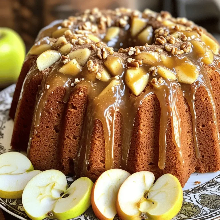- 2 cups all-purpose flour - 1 teaspoon baking powder - 1 teaspoon baking soda - 1 teaspoon ground cinnamon - 1/2 teaspoon ground nutmeg - 1/2 teaspoon salt - 1/2 cup unsalted butter, softened - 1 cup brown sugar, packed - 1/2 cup granulated sugar - 3 large eggs - 1 teaspoon vanilla extract - 1 cup buttermilk - 2 cups apples, peeled, cored, and diced - 1 cup chopped walnuts or pecans (optional) - 1 cup powdered sugar - 3 tablespoons pure maple syrup - 1-2 tablespoons milk (as needed for consistency) Gathering the right ingredients is key for a great Maple Glazed Apple Bundt Cake. For the dry ingredients, choose quality all-purpose flour. This flour gives the cake a nice texture. Baking powder and baking soda will help the cake rise. The spices, like cinnamon and nutmeg, add warmth and flavor. Next, we have the wet ingredients. Softened unsalted butter blends well with sugars. This mix creates a rich base. Eggs bring moisture and binding. Vanilla extract adds a nice aroma. Buttermilk makes the cake tender and adds a bit of tang. Fresh apples bring natural sweetness and moisture. If you like nuts, add walnuts or pecans for crunch. Finally, for the maple glaze, powdered sugar gives sweetness. Pure maple syrup enhances the flavor. Adjust the milk for the glaze you want. If you want a thicker glaze, use less milk. For a thinner glaze, add more. You can find the full recipe in the article. Enjoy gathering your ingredients! - Preheat the oven to 350°F (175°C). - Grease and flour a 10-inch Bundt pan thoroughly. This step helps the cake slide out easily. - In a medium bowl, whisk together the flour, baking powder, baking soda, cinnamon, nutmeg, and salt. This mix adds flavor and structure. - In a large mixing bowl, cream the softened butter, brown sugar, and granulated sugar. Use an electric mixer until light and fluffy, about 3-4 minutes. - Add the eggs, one at a time, to the butter mixture. Mix well after each addition. Then stir in the vanilla extract for a sweet aroma. - Gradually add the dry ingredients to the wet mixture, alternating with the buttermilk. Start and end with the dry mix, and mix until just combined. This keeps the batter light. - Fold in the diced apples and nuts until they are evenly mixed. Fresh apples give a nice texture. - Pour the batter into the prepared Bundt pan and smooth the top with a spatula. - Bake in the preheated oven for 50-60 minutes. Check doneness with a toothpick. It should come out clean when inserted into the center. These steps create a rich, moist cake full of flavor. You can find the Full Recipe for measurements and more details. To get a soft and moist Maple Glazed Apple Bundt Cake, use room temperature ingredients. This helps mix everything smoothly. Cold ingredients can make the batter lumpy. Also, be careful not to overmix when adding wet and dry ingredients. Overmixing can make the cake dense. Just mix until combined for a light texture. To bake evenly, rotate the Bundt pan halfway through the baking time. This helps all sides cook well. You can also check if the cake is done early. Use a toothpick and insert it into the center. If it comes out clean, the cake is ready. This method avoids overbaking and keeps the cake moist. For a stronger spice flavor, use freshly grated nutmeg. It really boosts the taste of the cake. You might also want to add a splash of bourbon or rum. This adds a rich depth that pairs well with the apples. Experimenting with flavors can make your cake unique and delicious. If you want the full recipe, check out the complete guide. {{image_2}} You can change the fruit for this cake. Substitute apples with pears or peaches for a unique flavor. These fruits add different textures and tastes. You can also add dried fruits like raisins or cranberries. This adds extra texture and sweetness to your cake. If you want a different nut, swap walnuts or pecans for almonds or hazelnuts. Each nut gives its own special flavor. If you prefer, you can omit nuts completely for a nut-free version. This makes it safe for those with nut allergies. You can try a simple icing made with lemon juice instead of maple. This gives a nice zing to the cake. To enhance the flavor, add cinnamon to the glaze. This small change can make your cake even more delightful. For the full recipe, check out the earlier section. - Store the cake at room temperature in an airtight container. - Wrap individual slices in plastic wrap for longer freshness. To keep the Maple Glazed Apple Bundt Cake fresh, an airtight container is key. This helps keep the moisture in and the cake soft. If you want to enjoy it slice by slice, wrapping each piece in plastic wrap works well. This method prevents them from drying out too quickly. - Refrigerate for extended storage, up to a week. - Allow cake to reach room temperature before serving. If you need to store the cake for more than a few days, refrigeration is a good choice. It can last up to a week this way. Just remember to let it sit at room temperature before serving. This helps restore its lovely texture and flavor. - Freeze cake slices separately wrapped tightly in foil. - Thaw in the refrigerator or at room temperature before serving. For longer storage, freezing is ideal. Wrap each slice tightly in foil to prevent freezer burn. When you’re ready to enjoy a slice, thaw it in the fridge overnight or at room temperature for a few hours. This method keeps the cake delicious and enjoyable for later. Yes, you can use a loaf pan or round cake pans, adjusting the baking time. Thoroughly grease and flour the Bundt pan; consider using a non-stick spray. Adjust the consistency by adding more milk to thin or powdered sugar to thicken. Substitute all-purpose flour with a gluten-free flour blend for a gluten-free option. Buttermilk adds moisture and flavor, but you can substitute it with regular milk mixed with vinegar or lemon juice. This blog post covered the ingredients and steps to bake a delicious Bundt cake. You learned about both dry and wet ingredients, tips for perfect texture, and storage methods. Baking this cake is straightforward and allows for many variations, like using different fruits or nuts. With these insights, you can create a delightful treat that fits your taste. Enjoy experimenting with flavors and textures, and share the results with family and friends. Your homemade cake is sure to impress!