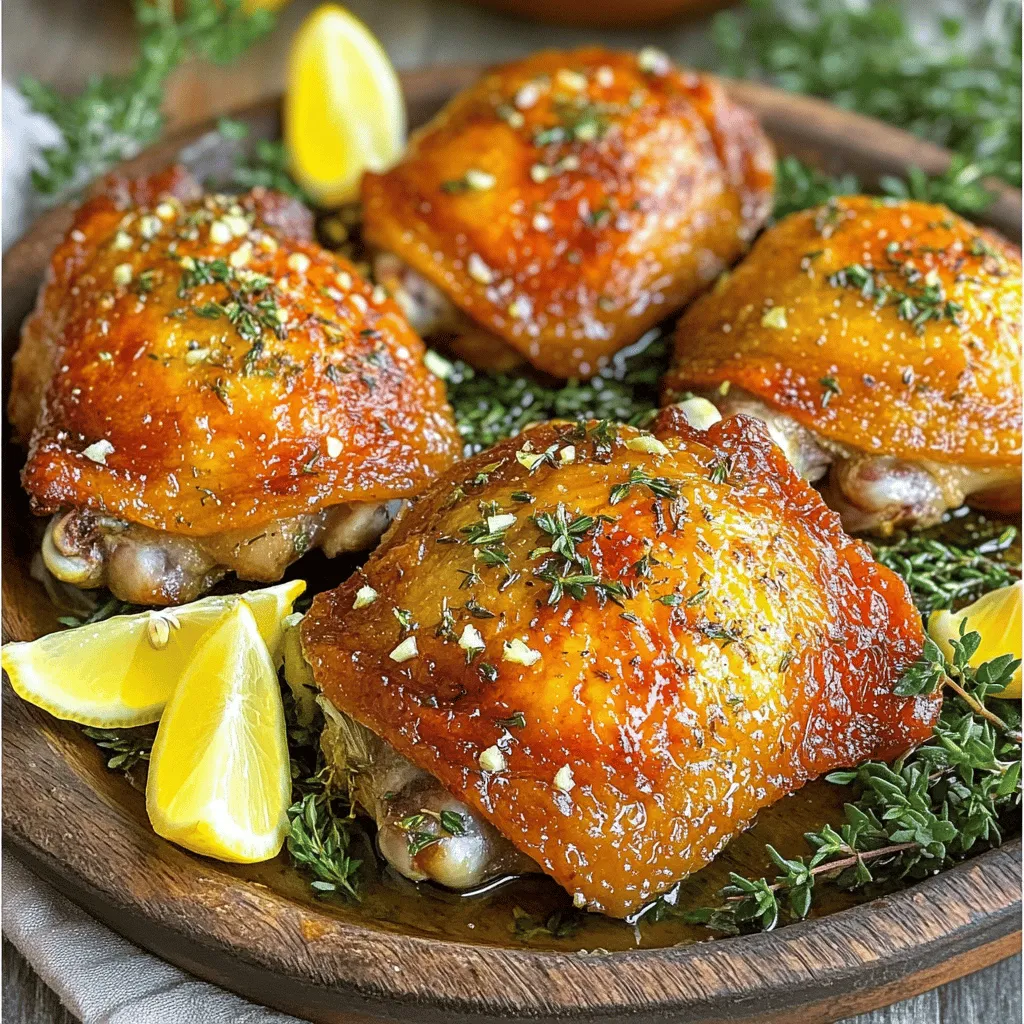 To make the garlic herb roasted chicken thighs, you will need these simple ingredients: - 4 bone-in, skin-on chicken thighs - 4 cloves garlic, minced - 2 tablespoons fresh rosemary, chopped - 2 tablespoons fresh thyme, chopped - 1 tablespoon fresh parsley, chopped - 2 tablespoons olive oil - 1 teaspoon lemon zest - Salt and pepper to taste - 1 lemon, cut into wedges (for garnish) These ingredients come together to create a wonderful flavor profile. The garlic brings a savory punch, while the herbs add freshness. The olive oil keeps the chicken juicy, and lemon zest brightens the dish. Each item plays a key role in making this meal delicious. Gather these ingredients before you start cooking. It makes the process smoother and more enjoyable. For the full recipe and all the steps, check out the complete guide above. - Preheat oven to 425°F (220°C). - Line a baking dish with parchment paper. - In a bowl, mix garlic, rosemary, thyme, parsley, olive oil, lemon zest, salt, and pepper. - This blend creates a fragrant herb paste that adds flavor. - Pat the chicken thighs dry with a paper towel. - Season both sides with salt and pepper. - Generously rub the herb mixture under and over the skin. - This step ensures all the flavors soak into the meat. - Arrange chicken in the baking dish, skin-side up. - Roast for 35-45 minutes until the skin is crispy and golden. - Use a meat thermometer to check that it reaches 165°F (75°C). - For extra crispiness, broil for 2-3 minutes at the end. - Remove the chicken from the oven. - Let it rest for 5 minutes before serving. - This helps the juices redistribute for a moist bite. For the full recipe, check the complete guide! - Ensure chicken is at room temperature before cooking. This helps it cook evenly. - Use a meat thermometer to check for doneness. The chicken should reach 165°F (75°C). These tips help you achieve juicy, tender chicken every time. Room temperature chicken cooks more evenly. A meat thermometer takes the guesswork out of cooking. It ensures your chicken thighs are safe to eat. - Serve with roasted vegetables or a fresh salad. This adds color and crunch to your meal. - Garnish with lemon wedges and additional herbs for a bright touch. The fresh herbs enhance the flavor and make the dish look pretty. Pairing garlic herb roasted chicken thighs with sides like roasted carrots or a crisp salad makes for a complete meal. The bright lemon adds a zesty finish. For the full experience, check out the Full Recipe for more tips! {{image_2}} You can switch up the herbs for new tastes. Try using basil or oregano instead of thyme and rosemary. Each herb brings its own flair to the dish. Basil offers a sweet, peppery taste. Oregano adds a warm, aromatic note. Feel free to mix and match! Grilling is a fun way to change the flavor. It gives the chicken a nice, smoky taste. You can also use an air fryer. It cooks the chicken quicker while keeping it juicy. The skin turns crispy, which makes it extra tasty. Both methods are easy and fun to try. Add vegetables to your baking dish for a full meal. Potatoes and carrots work great with the chicken. They soak up the juices and flavors, making them delicious. You can even add some bell peppers or onions for extra color and taste. This turns your dish into a feast! Try these variations to make your garlic herb roasted chicken thighs even better. For the complete recipe, check out the Full Recipe. Store leftover chicken thighs in an airtight container. Place them in the fridge. This keeps them fresh and safe to eat for up to four days. For best results, reheat your chicken in the oven. Preheat the oven to 350°F (175°C). Place the chicken on a baking sheet and cover it with foil. Heat for about 15-20 minutes. If you are short on time, you can use a microwave. Heat in short bursts to avoid overcooking. You can freeze cooked chicken thighs for up to three months. Wrap them tightly in plastic wrap or foil, then place them in a freezer bag. When ready to eat, thaw them in the fridge overnight before reheating. This keeps the meat juicy and flavorful. Enjoy this Garlic Herb Roasted Chicken Thighs with your favorite sides anytime! For the Full Recipe, check earlier in the article. - Bake for about 35-45 minutes. Check the internal temperature; it should reach 165°F (75°C). - Yes, you can. Boneless thighs may cook faster, so check them early. - Roasted vegetables, rice, or a fresh garden salad make great sides. - No, marinating is optional. However, marinating for a few hours can boost the flavor. If you want to try the full recipe, just look for Garlic Herb Roasted Chicken Thighs in the article. This blog post guides you in making garlic herb roasted chicken thighs. You learned about ingredients, step-by-step cooking, and serving suggestions. Don't forget the tips for storage and variations for flavor. Cooking can be simple and fun. With these steps, you can create a delicious meal easily. Enjoy your time in the kitchen, and share your tasty results with friends! Happy cooking!
