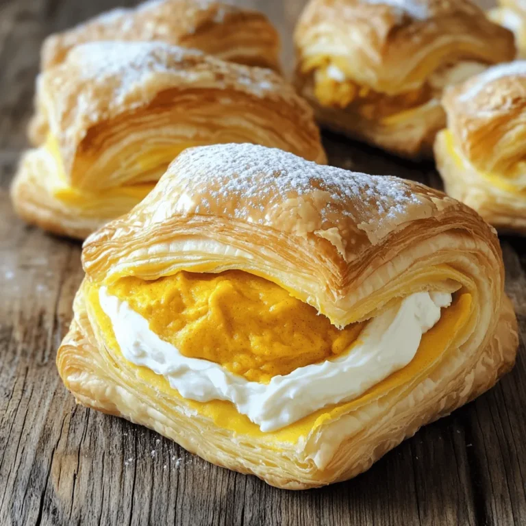 - 1 sheet of puff pastry (thawed) - 1 cup pumpkin puree - 4 oz cream cheese, softened - 1/2 cup powdered sugar - 1 egg (for egg wash) - 1 teaspoon vanilla extract - 1 teaspoon pumpkin pie spice - 1/4 teaspoon salt - 1 tablespoon milk (to soften the cream cheese) These ingredients make a great base for the danish. The puff pastry is light and flaky. The pumpkin puree brings warmth and color. Cream cheese adds a rich, creamy texture. Together, they create a tasty filling that sings of fall. - Extra powdered sugar for dusting This optional ingredient is perfect for adding a sweet touch. A light dusting of powdered sugar makes the danish look beautiful. It is a nice finishing touch for serving. - Baking sheet - Parchment paper - Mixing bowls - Whisk or electric mixer - Rolling pin - Knife or pastry cutter Having the right tools makes cooking easier. A baking sheet and parchment paper ensure easy cleanup. Mixing bowls help you combine ingredients well. A whisk or mixer makes beating the cream cheese easy. A rolling pin helps flatten the pastry just right. A knife or cutter is great for cutting the dough into squares. For the full recipe and detailed steps, check out the [Full Recipe]. First, preheat your oven to 400°F (200°C). This helps the pastry bake evenly. Then, line a baking sheet with parchment paper to prevent sticking. Take the thawed puff pastry and roll it out on a lightly floured surface. Aim to smooth out any wrinkles. Cut the pastry into squares, about 4x4 inches each. This size works well for holding the filling. In a mixing bowl, add the softened cream cheese. Then, add in the powdered sugar and milk. The milk helps the cream cheese become smooth. Mix in the vanilla extract and salt. Beat everything together until it’s creamy and free of lumps. This filling will be rich and tasty. Now, it's time to assemble your danishes. Place a spoonful of the cream cheese mixture in the center of each pastry square. Next, add a spoonful of pumpkin puree on top of the cream cheese. This gives the danish its fall flavor. Fold the corners of the pastry towards the center and pinch to seal. You can leave the center open for a rustic look. Brush the tops with egg wash for a shiny finish. Bake for 15-20 minutes, until golden brown. Let them cool slightly before moving them to a wire rack. If you like, dust with extra powdered sugar for a sweet touch. You can find the full recipe for more details. To make great puff pastry, keep it cold. Cold butter makes layers. Roll the dough out gently. Too much pressure will ruin the layers. Always use a light touch. When you cut the pastry, use a sharp knife. It helps keep the edges from sealing too much. Chill the dough after you shape it. This helps it puff up nicely. Follow these steps, and you will get a flaky, golden crust. One common mistake is thawing the pastry too much. If it gets too warm, it won’t puff up. Another mistake is overfilling. Too much filling can cause the pastry to break. Pinch the corners well to seal. If the edges open, filling may leak out. Also, don’t skip the egg wash. It gives a nice golden color. Follow these tips, and your danishes will impress everyone! Serve your danishes warm for the best taste. They pair well with coffee or tea. You can also add a sprinkle of cinnamon on top. For a fun twist, serve with whipped cream or vanilla ice cream. If you like, drizzle with caramel sauce for extra sweetness. These simple ideas will make your pumpkin cream cheese danish even more delightful. For the full recipe, check out the detailed steps. {{image_2}} You can change the spices in the Pumpkin Cream Cheese Danish to suit your taste. Try adding cinnamon or nutmeg for a warm kick. You could also use cardamom for a unique twist. Each spice will bring its own flavor and character to the danish. Mixing in some orange zest brightens the taste. Think about what flavors you love and add them. Experimenting is part of the fun! If you want to switch up the filling, there are many options. You could use apple butter or pear puree instead of pumpkin. Cream cheese mixed with chocolate can also be delicious. Even a mix of berries can create a fresh twist. Just keep the flavors balanced. Ensure your filling isn’t too runny, or it can make the pastry soggy. Find what makes your taste buds happy! The type of pastry you use can change the whole dish. Instead of puff pastry, try using crescent dough for a softer texture. You could also use phyllo dough for a flaky option. Each type brings a different crunch and flavor. Just adjust your baking time based on the pastry you choose. This way, you can create your perfect Pumpkin Cream Cheese Danish. For the full recipe, check out the detailed instructions above! To keep your leftover pumpkin cream cheese danishes fresh, place them in an airtight container. Make sure they cool down first. Store them in the fridge for up to three days. This helps maintain their flavor and texture. If you plan to eat them later, avoid stacking them. This prevents them from getting squished. Freezing is a great option for longer storage. To freeze, first, let the danishes cool completely. Wrap each one tightly in plastic wrap. Then, place them in a freezer-safe bag. Label the bag with the date. You can freeze them for up to three months. When you want one, just take it out and let it thaw in the fridge overnight. To enjoy your danishes warm, reheat them in the oven. Preheat the oven to 350°F (175°C). Place the danishes on a baking sheet. Heat them for about 10 minutes or until warm. This helps keep the puff pastry crispy. You can also microwave them for a quick option. Just heat for 15-20 seconds. However, this may make the pastry less crispy. Enjoy your tasty treat! For the full recipe, check the link above. Yes, you can prepare the filling ahead of time. Mix the cream cheese and pumpkin filling and store them in the fridge. You can also assemble the danishes and refrigerate them for up to 24 hours before baking. When you're ready, just bake them straight from the fridge. This way, you have a warm, fresh treat ready to go! If you want a different option, try mascarpone cheese. It has a similar texture and taste. You can also use Greek yogurt for a lighter choice. Just remember, Greek yogurt will make the filling tangier. Adjust the sugar if needed to balance the flavor. You can find Pumpkin Cream Cheese Danish at local bakeries, especially in fall. Many grocery stores also offer them in their bakery sections. If you want a homemade experience, try the Full Recipe to make your own. It's fun and allows you to customize the flavors! This blog post covered how to make a delicious Pumpkin Cream Cheese Danish. We discussed the main and optional ingredients, equipment needed, and step-by-step instructions for preparation and baking. I shared tips for perfect puff pastry, common mistakes to avoid, and serving ideas. You can also explore variations with spices and fillings or learn the best ways to store and reheat leftovers. Try making this treat and enjoy its rich, warm flavors. It’s a real winner! Happy baking!