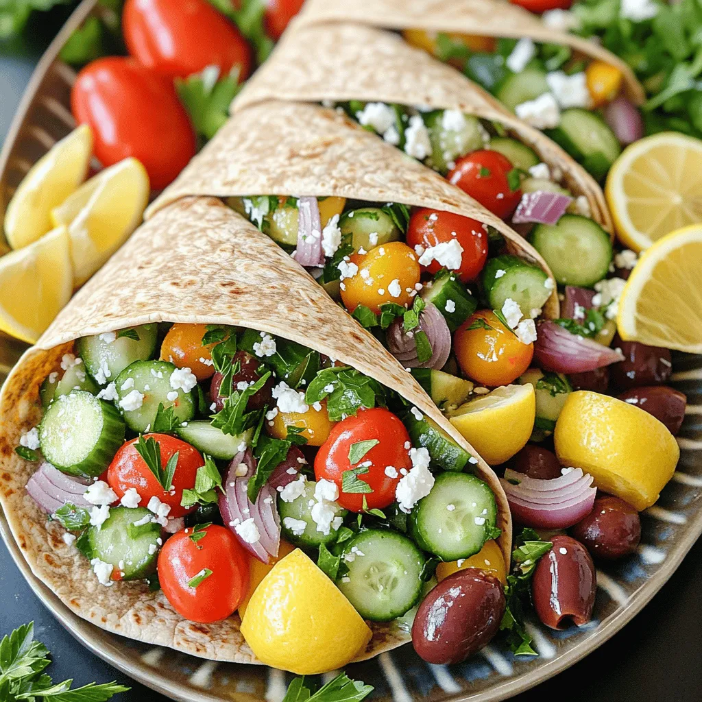 To make tasty Greek salad wraps, you'll need a few key ingredients. These ingredients create fresh flavors and a colorful dish. Here’s what you’ll need: - 4 large whole wheat tortillas - 1 cup cherry tomatoes, halved - 1 cucumber, diced - 1/2 red onion, thinly sliced - 1 bell pepper (any color), diced - 1 cup Kalamata olives, pitted and sliced - 1 cup feta cheese, crumbled - 1/4 cup fresh parsley, chopped - 1 lemon, juiced - 3 tablespoons olive oil - 1 teaspoon dried oregano - Salt and pepper to taste These ingredients bring the taste of Greece right to your kitchen. The whole wheat tortillas provide a healthy base. The veggies add crunch and color, while the olives and feta give it a salty kick. Using fresh ingredients is key to making the best wraps. Fresh veggies not only taste better, but they also make your meal healthier. I recommend using: - Ripe cherry tomatoes for sweetness - Crisp cucumbers for crunch - Bright, colorful bell peppers for added flavor Always look for the freshest produce at your local market. It makes a big difference in taste. Feel free to get creative with your wraps! Here are some optional add-ins that can enhance the flavor: - Avocado for creaminess - Spinach or arugula for added greens - Grilled chicken or chickpeas for protein These add-ins can make your wraps even more filling and fun. Experiment with different combinations to find your favorite flavors. For the full recipe, check out the detailed instructions provided. Start by gathering all your ingredients. You will need large whole wheat tortillas, cherry tomatoes, cucumber, red onion, bell pepper, Kalamata olives, feta cheese, parsley, lemon, olive oil, and dried oregano. Rinse the cherry tomatoes and cucumber under cold water. Halve the tomatoes and dice the cucumber. Thinly slice the red onion and bell pepper. Slice the olives and chop the parsley. This step is all about preparing fresh and vibrant ingredients. Once you have everything ready, place a large bowl on your counter. Add the halved cherry tomatoes, diced cucumber, sliced red onion, diced bell pepper, sliced olives, and chopped parsley. In a small bowl, mix the lemon juice, olive oil, dried oregano, salt, and pepper. Whisk it well until combined. Pour this dressing over your veggie mix and toss gently to coat everything. Now, take one tortilla and lay it flat. Spoon about a quarter of the salad mixture onto the center. Crumble feta cheese on top. Fold the sides of the tortilla over the filling, then roll it tightly from the bottom. Repeat this with the rest of the tortillas and salad mixture. To make perfect wraps, don’t overfill them. A quarter of the salad mixture works well. Make sure to tuck in the sides as you roll them. This keeps all the goodness inside. If the tortillas feel stiff, warm them slightly in the microwave for ten seconds. This makes them easier to roll. For a nice touch, cut each wrap in half diagonally before serving. This way, they look great and are easy to eat. You can find the full recipe for these wraps to help you along the way! To make your Greek salad wraps burst with flavor, use fresh herbs. Fresh parsley adds a bright taste. You can also try adding dill for a unique twist. The dressing is key. Use high-quality olive oil for depth. Fresh lemon juice brightens each bite. Don’t skip the oregano; it ties the flavors together. Let your salad mix sit for a few minutes before serving. This helps all the flavors meld. Start by gathering all your ingredients. This saves time and keeps things tidy. Use a sharp knife for clean cuts. Cut cherry tomatoes in half and dice the cucumber last. This keeps the cucumber from getting too watery. Slice the red onion thinly; this makes it easier to mix. For the bell pepper, cut it into strips first, then dice. Keep your workspace organized! Place each ingredient in a separate bowl. You can prepare the salad mix a few hours before serving. Just keep it covered in the fridge to stay fresh. If you want to make it a day ahead, that works too! Store the dressing separately to keep the veggies crisp. When ready to serve, assemble the wraps. This way, your wraps won't get soggy. Serve with extra lemon wedges or olives for added fun. For the full recipe, check out the details above. {{image_2}} You can make these wraps vegetarian by skipping the feta cheese. Replace it with avocado for creaminess. This keeps the texture rich, and it’s packed with healthy fats. For a vegan twist, use a plant-based cheese or tofu. You can also add more veggies like shredded carrots or zucchini for a fresh crunch. These swaps make the meal colorful and even more nutritious. If you want a protein boost, grilled chicken or shrimp works great. Just cook them simply with olive oil and some herbs. You can also use chickpeas or lentils for a filling option. Just toss them in with the salad mix. This will keep your wraps hearty and satisfying. Plus, it adds a nice texture contrast to the fresh veggies. Dressings can change the whole flavor of your wrap. A tangy balsamic vinaigrette adds a sweet touch. Try a spicy yogurt sauce for a kick. You can even mix in some pesto for an herbaceous twist. Just whisk your choice of dressing into the salad before wrapping. This ensures every bite is packed with flavor. For more ideas, check out the Full Recipe for different dressing options. To keep your wraps fresh, store them in an airtight container. If you have leftover filling, keep it separate from the tortillas. This prevents the tortillas from getting soggy. Wrap the tortillas in plastic wrap or foil if you want to store them whole. For meal prep, you can make the salad mix a day in advance. Just store it in the fridge. If you want to freeze the wraps, assemble them without the dressing. Wrap each one tightly in plastic wrap and then place them in a freezer bag. They can last up to three months in the freezer. The fresh ingredients in your Greek salad wraps have different shelf lives. Here’s a quick guide: - Cherry tomatoes: 5 to 7 days in the fridge. - Cucumbers: 1 week in the fridge. - Red onion: 2 to 4 weeks in a cool, dark place. - Bell peppers: 1 week in the fridge. - Kalamata olives: up to a year if kept in brine. - Feta cheese: about 5 days once opened. Keeping track of these times helps you enjoy fresh and tasty Greek salad wraps anytime. For the full recipe, check out the details above. To make Greek Salad Wraps more filling, add protein. You can use grilled chicken or chickpeas for a hearty boost. Try adding some quinoa or brown rice for extra texture and fiber. Adding avocado or hummus can also add creaminess and make the wraps more satisfying. Mix and match these ingredients to find your favorite combo! Yes, you can use different types of tortillas. Whole wheat tortillas are great, but you can choose spinach, tomato, or even gluten-free wraps. Each type will add unique flavor and color. Experiment with various tortillas to find the one that suits your taste best! If you need a substitute for feta cheese, try crumbled goat cheese or ricotta. You can also use dairy-free cheese for a vegan option. For a salty kick, try olives or capers. These alternatives will keep your wraps tasty while catering to your dietary needs. In this post, we covered how to make Greek salad wraps. We discussed key ingredients, from fresh veggies to tasty add-ins. I shared step-by-step instructions for wrapping them perfectly. Tips for enhancing flavor and preparing ingredients made the process easier. We also explored variations, storage tips, and answered common questions. Greek salad wraps are fun to make and very tasty. You can customize them to your liking. Enjoy your culinary adventure with these wraps!