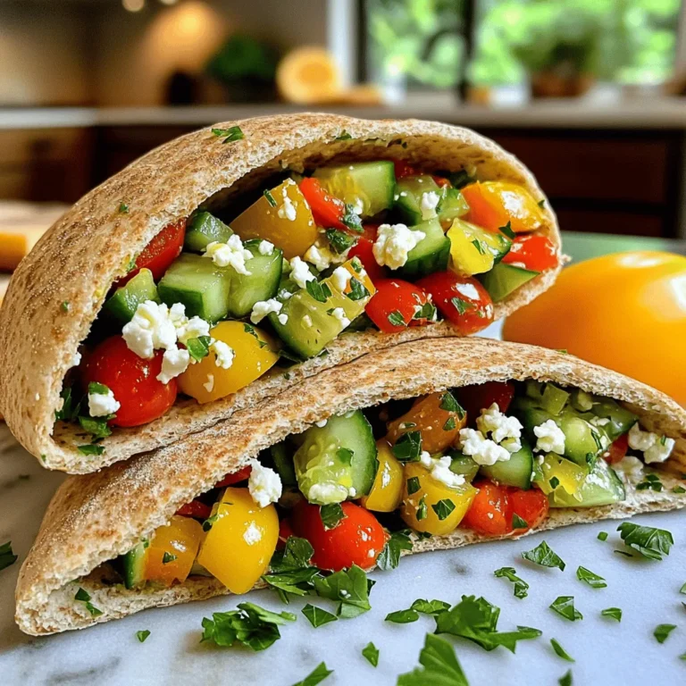 - 4 whole wheat pitas - 1 cup cooked quinoa - 1 cup cucumber, diced - 1 cup cherry tomatoes, halved - 1/2 red onion, finely chopped - 1 cup bell peppers, diced - 1/2 cup Kalamata olives, pitted and sliced - 1 cup feta cheese, crumbled - 1/4 cup fresh parsley, chopped These ingredients make a colorful and tasty meal. Whole wheat pitas add fiber and nutrients. Quinoa brings protein and a nutty flavor. Fresh vegetables like cucumber and bell peppers give crunch. Cherry tomatoes add sweetness and color. Red onion adds a slight bite. Kalamata olives contribute a briny taste, and feta cheese adds creaminess. - 2 tablespoons olive oil - 2 tablespoons lemon juice - Salt and pepper to taste Olive oil adds richness. Lemon juice gives a fresh, zesty touch. Salt and pepper enhance all the flavors. Together, they create a balanced taste for the filling. You can find the full recipe in the mentioned section. First, I gather all the fresh veggies. I use a large bowl to mix everything. I add 1 cup of cooked quinoa to the bowl. Then, I chop 1 cup of cucumber, dice 1 cup of bell peppers, and halve 1 cup of cherry tomatoes. I finely chop 1/2 red onion and toss all the veggies into the bowl. Next, I add 1/2 cup of sliced Kalamata olives. I sprinkle in 1 cup of crumbled Feta cheese. For flavor, I drizzle 2 tablespoons of olive oil and 2 tablespoons of lemon juice over the mixture. Finally, I season with salt and pepper to taste. I toss everything gently until it blends well. Now, I prepare the pitas. I slice 4 whole wheat pitas in half to create pockets. I carefully stuff each half with the veggie filling. I make sure to fill them generously but not too much. This keeps everything inside without spilling. If I want a crispy texture, I can toast the stuffed pitas. I heat a skillet over medium heat. I place the pitas in the skillet and toast them for 1-2 minutes on each side. When I serve the stuffed pitas, I love to garnish them. Fresh parsley adds a nice touch. I also enjoy pairing them with dips or salads. Tzatziki or hummus makes a great addition. You can serve these pitas warm or at room temperature. Enjoy the fresh flavors and healthy ingredients in every bite! For the full details, check out the Full Recipe. You can easily customize Greek Veggie Stuffed Pitas. Adding proteins makes them heartier. Try grilled chicken, shrimp, or chickpeas. You can also use different vegetables. Spinach, zucchini, or roasted eggplant work well. For a vegan option, replace the feta cheese with cashew cheese or a tofu crumble. These alternatives still give you that creamy texture. You can mix in nutritional yeast for a cheesy flavor without dairy. To get the perfect pita texture, warm them slightly before stuffing. This makes them soft and easy to work with. You can use a skillet to heat them for a minute on each side. When mixing the filling, gently toss the ingredients. This helps keep the veggies intact. If you stir too hard, you might squash them. Aim for a colorful and vibrant mix. Preparing the filling ahead of time is a great idea. You can store it in the fridge for up to three days. This makes it easy to whip up pitas quickly. For storing stuffed pitas, wrap them tightly in foil or plastic wrap. They can last in the fridge for two days. If you want to eat them later, avoid adding fresh vegetables until you're ready to serve. For the full recipe, check out the details above! {{image_2}} You can change the filling to keep things exciting. For a Mediterranean twist, try adding artichokes or roasted vegetables. These add a unique taste and texture. You can also spice things up. Use jalapeños for heat or spicy feta for a zesty kick. Both options will make your stuffed pitas pop with flavor. If you want a gluten-free option, use gluten-free pitas. They work just as well and taste great. You can also explore using wraps or lettuce cups. These alternatives give a fresh twist and can be lighter. They allow you to enjoy the same delicious filling while mixing up the experience. Pair your stuffed pitas with tasty sauces. Tzatziki is a classic choice, with its cool and tangy flavor. Hummus also adds a creamy touch that complements the veggies. If you want to change it up, try vinaigrettes. They can add a burst of flavor and a different texture. Experiment with your favorites to find the perfect match! To store leftover stuffed pitas, first let them cool down. Place them in an airtight container. This keeps them fresh for up to three days. I prefer using glass containers for easy viewing. You can also wrap them in plastic wrap or foil if you don't have containers. Just make sure to press out any air before sealing. For freezing unstuffed pitas, stack them with parchment paper between each pita. This prevents them from sticking together. Place the stack in a freezer-safe bag or container. They will last for about three months. To reheat frozen fillings, thaw them in the fridge overnight. When ready to eat, warm them in a skillet over medium heat. Stir until heated through. You can also microwave them for a quick option, but stirring halfway through helps them heat evenly. Greek Veggie Stuffed Pitas stay fresh for about 3 to 5 days in the fridge. Store them in an airtight container. This keeps the pitas soft and the filling tasty. Yes, you can prepare the filling ahead. Keep the filling in the fridge and stuff the pitas just before serving. This keeps the pitas from getting soggy. You can make the filling up to two days in advance. If you don’t have quinoa, try using couscous or brown rice. Both give a nice texture and flavor. You can also use lentils for a protein boost and a different taste. Yes, Greek Veggie Stuffed Pitas can be vegan! Just skip the Feta cheese. You can use a vegan cheese or add more veggies for flavor. The olives and herbs add great taste too. To make the filling pop, try adding spices like oregano or cumin. A dash of red pepper flakes adds heat. You can also mix in some sun-dried tomatoes for a sweet tang. Drizzling extra lemon juice right before serving brightens the taste. For the full recipe, check out the instructions above. Greek veggie stuffed pitas mix whole wheat pitas, quinoa, and fresh veggies. You can customize with olives, feta, and seasonings. Follow easy steps to prepare and serve them. Meal prep makes these pitas a quick option for busy days. Explore variations with different fillings and sauces. Store leftovers safely or freeze for later use. These pitas are not only tasty but also healthy. Enjoy creating meals that fit your lifestyle and taste!