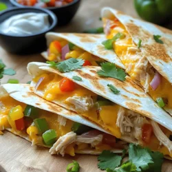 - 2 cups cooked chicken, shredded - 1 cup shredded cheddar cheese - 1 cup shredded Monterey Jack cheese - 1/2 cup bell peppers, diced (any color) - 1/2 cup red onion, finely chopped - 1/4 cup fresh cilantro, chopped - 1 teaspoon cumin - 1 teaspoon chili powder - Salt and pepper to taste - 4 large flour tortillas - 2 tablespoons olive oil - Optional: sour cream and salsa for serving Gathering the right ingredients is key to making the best chicken quesadillas. Start with cooked chicken. You can use leftover chicken or rotisserie chicken for ease. Shred it into bite-sized pieces. Next, grab your cheese. I love a mix of cheddar and Monterey Jack for great flavor and melt. You will also need colorful bell peppers and red onion for crunch and taste. Fresh cilantro adds a burst of freshness. Cumin and chili powder lend warmth and depth to the filling. Don’t forget the tortillas. Large flour tortillas work well. They hold the filling nicely. Lastly, olive oil is essential for a golden, crispy quesadilla. If you like, serve your quesadillas with sour cream and salsa. They add creamy and tangy notes that balance the flavors. This full recipe brings all these ingredients together for a tasty meal. - Shredding chicken: Start with 2 cups of cooked chicken. Use your hands or forks to shred it into small pieces. This makes it easy to mix and ensures every bite is tasty. - Dicing vegetables: Take half a cup of bell peppers and dice them into small cubes. Also, chop half a cup of red onion finely. These add great flavor and color. - Mixing ingredients: In a large bowl, combine the shredded chicken, diced bell peppers, and red onion. Add 1 cup each of cheddar and Monterey Jack cheese. Mix in 1 teaspoon of cumin, 1 teaspoon of chili powder, and a pinch of salt and pepper. Stir until everything is well combined. - Sautéing in the skillet: Heat a large skillet over medium heat. Add 1 tablespoon of olive oil. Let it heat for a minute. - Assembling the quesadillas: Place one large flour tortilla in the skillet. Spread half of the chicken mixture evenly over it. Top it with another tortilla and press down gently. - Cooking time details: Cook for about 3-4 minutes, until the bottom is golden brown and crispy. Carefully flip the quesadilla using a spatula. Add more oil if needed. Cook for an additional 3-4 minutes on the other side until golden and the cheese melts. - Slicing the quesadilla: Once cooked, remove the quesadilla from the skillet. Let it rest for a minute. Slice it into wedges using a sharp knife. - Plating suggestions: Arrange the wedges on a plate. You can add a sprinkle of fresh cilantro on top for color. - Tips for serving: Serve warm with sour cream and salsa on the side for dipping. This adds a nice touch and enhances the flavors. For the complete recipe, check out the Full Recipe. To make the best quesadilla, focus on even cooking. This means heating your skillet on medium heat. It helps to avoid burning one side while the other remains cold. For cheese melting tips, use a mix of cheddar and Monterey Jack. These cheeses melt well together, creating a gooey texture. Adjusting seasoning is key, too. Taste your filling before cooking. If it needs more kick, add a touch of salt or chili powder. Having the right kitchen tools can make your quesadilla perfect. A non-stick skillet is great for easy flipping. Cast iron skillets also work well, giving a nice crisp to the tortilla. Use a large spatula for flipping. This helps keep your quesadilla intact. Tongs can be useful for handling hot tortillas without burning your fingers. One common mistake is overfilling your quesadilla. Too much filling can make it hard to flip and cook evenly. Stick to one cup of filling per quesadilla. Cooking at the wrong temperatures can ruin your meal. If your skillet is too hot, the outside burns and the inside stays cold. Keep an eye on your heat, and adjust as needed. {{image_2}} You can switch up the protein in your quesadillas. Try beef, shrimp, or even tofu. Each protein will give you a different taste and texture. If you want a dairy-free option, look for cheese made from nuts or soy. These substitutes keep your meal tasty and satisfying. Adding spices can really boost the flavor. Try adding paprika, garlic powder, or even a pinch of cayenne for heat. Fresh herbs like basil or oregano can also enhance your dish. You can also toss in veggies. Spinach, mushrooms, or zucchini add nutrition and crunch. Just remember to sauté them first to soften their texture. You can get creative with dips. Guacamole, pico de gallo, or even a spicy salsa can elevate your meal. Different tortilla options can change the whole vibe too. Try corn or whole wheat tortillas for a unique twist. Experimenting with these variations makes each meal an adventure! For the full recipe, check out the section above. To keep your chicken quesadillas fresh, use airtight containers. Glass or plastic works well. Store them in the fridge. They stay tasty for up to three days. Make sure to let them cool before sealing. This helps stop moisture build-up. You can reheat your quesadillas in two ways: microwave or skillet. The microwave is quick but may make them soft. For a crispier quesadilla, use a skillet. Heat it over medium heat, then add the quesadilla. Cook for about two minutes on each side. This keeps the outside crispy and warm. You can freeze cooked quesadillas too. Wrap each one in foil or plastic wrap. Place them in a freezer bag, removing as much air as possible. They can last up to two months in the freezer. To thaw, move them to the fridge overnight. Reheat them in the skillet for best results. Enjoy your meal anytime with these simple storage tips! Check out the Full Recipe for more details. The best cheese for quesadillas is a mix of cheeses. I recommend using: - Cheddar cheese - Monterey Jack cheese - Pepper Jack cheese for a spicy kick These cheeses melt well and give your quesadilla great flavor. Yes, you can make quesadillas ahead of time! Here are some tips: - Prepare the filling and store it in the fridge. - Assemble the quesadillas, but do not cook them. - Place them between wax paper to keep them from sticking. - Cook them within a day for the best taste. Making quesadillas in the oven is easy! Follow these steps: 1. Preheat your oven to 400°F (200°C). 2. Place assembled quesadillas on a baking sheet. 3. Bake for 10-15 minutes until they are crispy. 4. Flip them halfway through for even cooking. Using the oven is great for making many quesadillas at once. Yes, you can make gluten-free quesadillas! Here are some alternatives: - Use gluten-free tortillas made from corn or rice. - Check labels to ensure no gluten is present. - Fill them with your favorite ingredients just like regular ones. This way, everyone can enjoy this tasty meal! In this post, I shared how to make tasty quesadillas. You learned about fresh ingredients, like chicken and cheese, and key cooking steps. I included tips for perfecting your dish and ways to switch up flavors. Remember, avoid common mistakes to get it right every time. Whether you store leftovers or make variations, there are many ways to enjoy quesadillas. Now it's time to get cooking! Enjoy your delicious creation!