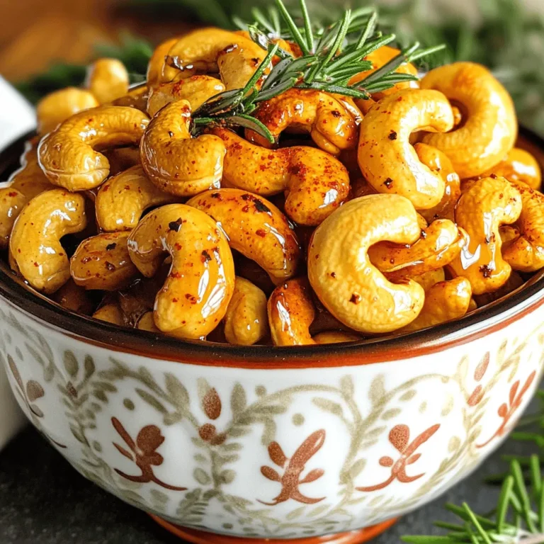 - 2 cups raw cashews - 1/4 cup honey - 1 tablespoon olive oil The main ingredients for this snack are simple and easy to find. Raw cashews are the star here. They bring a rich, creamy flavor. Honey adds sweetness and helps the spices stick. Olive oil gives the cashews a nice shine and prevents them from sticking to the pan. - 1 teaspoon cayenne pepper (adjust for spice preference) - 1 teaspoon smoked paprika - 1/2 teaspoon garlic powder The spices make these cashews pop! Cayenne pepper gives a kick. You can add more or less, depending on your taste. Smoked paprika adds a warm, smoky flavor. Garlic powder gives it a savory touch. Together, they create a great balance of heat and flavor. - 1/2 teaspoon salt - 1/4 teaspoon black pepper - 1 tablespoon fresh rosemary (optional for garnish) Salt and black pepper enhance all the flavors. They make the sweet and spicy mix even better. If you want a fresh touch, add rosemary on top. It looks pretty and adds a nice herbal note. This extra step makes your cashews feel gourmet! For the full recipe, check out the entire guide. Enjoy making this tasty snack! - Preheat the oven to 350°F (175°C). - Line a baking sheet with parchment paper. To start, you need to get your oven hot. Preheating helps the cashews roast well. Lining the baking sheet makes cleanup easy later. - Combine honey, olive oil, and spices in a bowl. - Stir in raw cashews until evenly coated. In a large bowl, mix honey and olive oil. Add cayenne pepper, smoked paprika, garlic powder, salt, and black pepper. Stir until smooth. Now, add the raw cashews. Make sure they are fully coated in the honey-spice mix. This is where the fun begins! - Spread cashews on the baking sheet. - Bake for 12-15 minutes, stirring halfway through. Now, spread the coated cashews in a single layer on your baking sheet. Place them in the oven and bake for 12-15 minutes. Make sure to stir them halfway through. This helps them roast evenly. Keep an eye on them to avoid burning. Once they are golden brown, take them out. Let them cool for about 10 minutes. They will harden as they cool. For the full recipe, check the earlier section. Enjoy your spicy honey roasted cashews! To get the best flavor and crunch, watch your cashews closely. The oven can heat unevenly, so the cashews can burn quickly. Stir them halfway through baking. This helps them roast evenly and prevents any from getting too dark. If you want less heat, reduce the cayenne pepper. Start with half a teaspoon and see how you like it. You can also try other spices. For a warm flavor, consider using paprika. Or, for a sweet touch, add a bit of cinnamon. Serving your spicy honey roasted cashews in a decorative bowl makes them even more appealing. Choose a bowl that matches your style. For an extra touch, garnish with fresh rosemary. This adds color and a lovely aroma that impresses everyone. {{image_2}} You can change the taste of your spicy honey roasted cashews easily. Try adding different spices like cinnamon or cardamom. These spices give a warm, sweet touch. You could also infuse the mix with citrus zest. Lemon or orange zest adds a bright flavor that pairs well with the heat. Sometimes, you might not have honey on hand. In that case, use agave syrup instead. It gives a similar sweetness. If you want to switch up the nuts, use almonds or pecans. Both choices will give a tasty twist to your snack. If you want to make this snack vegan-friendly, just replace honey with agave syrup. For gluten-free options, check your spices. Most are naturally gluten-free. Ensure they don’t have any added ingredients that contain gluten. Try these variations to make the recipe your own. For the full recipe, check out the earlier sections! To keep your spicy honey roasted cashews fresh, store them in an airtight container. This will help keep out moisture and air. A glass jar or a plastic container works well. You can also use resealable bags, but make sure to squeeze out as much air as possible before sealing. These tasty snacks can last up to two weeks at room temperature. Store them in a cool, dry place away from sunlight. However, if you see any signs of spoilage, it’s time to toss them. Look for a rancid smell or any mold. If they taste stale, it’s best to discard them too. If your cashews lose their crunch, don’t worry! You can easily bring them back to life. Preheat your oven to 350°F (175°C). Spread the cashews on a baking sheet. Bake them for about 5-7 minutes. Keep an eye on them to avoid burning. Let them cool before enjoying your crunchy snack again. For the complete recipe, check the [Full Recipe]. Cashews are full of nutrients. They have healthy fats, protein, and fiber. Cashews also contain vitamins and minerals. They are good for heart health. Here are some key nutrients: - Copper: Helps with iron absorption and heart health. - Magnesium: Supports bone health and energy production. - Zinc: Aids in immune function and wound healing. The spices in this recipe also add benefits. Cayenne pepper may boost metabolism and improve digestion. Smoked paprika offers antioxidants, which can protect your cells. Garlic powder is known for its immune-boosting properties. Together, they enhance the flavor and health of your snack. Yes, you can make spicy honey roasted cashews ahead of time. Here are some tips for meal prepping: - Batch cooking: Make a larger amount and store it. - Cool completely: Let them cool before storing. To keep them fresh for longer: - Use an airtight container: This helps prevent moisture. - Store in a cool, dark place: This keeps them crunchy. You can easily adjust the sweetness. Try these methods: - Less honey: Use less honey for a less sweet taste. - Other sweeteners: Swap honey for maple syrup or agave. Balancing sweet and spicy flavors is key. Start with the original amount of honey. Taste and adjust until you find your perfect mix. This way, you can enjoy a snack that suits your taste. Spicy honey roasted cashews are easy to make and delicious. We covered the key ingredients, from cashews to spices. The step-by-step guide ensures you get them just right. Remember to adjust spices to fit your taste and explore variations to keep things exciting. Store them properly for the best crunch. With these tips, you'll enjoy a flavorful snack anytime. Dive into your kitchen, and let your creativity shine with this tasty recipe!