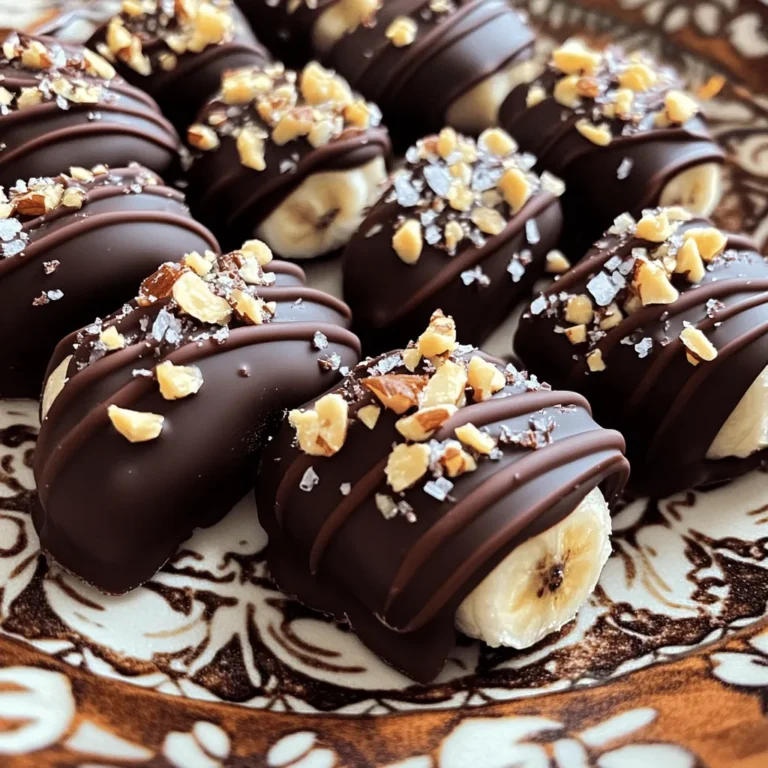 To make chocolate covered banana bites, you need a few simple items. Here’s the list of required ingredients: - 2 large ripe bananas - 1 cup dark chocolate chips - 1 tablespoon coconut oil - Sea salt, for sprinkling - Optional toppings: crushed nuts, shredded coconut, or sprinkles These ingredients combine to create a tasty treat. Bananas give you natural sweetness. Dark chocolate adds a rich flavor. Coconut oil helps the chocolate melt smoothly. Sea salt balances the sweetness. Optional toppings let you get creative! Using fresh, ripe bananas is key. They should feel soft but not overly mushy. The dark chocolate should be good quality for the best taste. Coconut oil can be found in most grocery stores. With these ingredients, you can make a delightful snack that everyone enjoys. For the full recipe, check out the section below! - Peel and cut bananas into bite-sized pieces. - Prepare the baking sheet by lining it with parchment paper. Start by peeling the bananas. Make sure they are ripe; this adds sweetness. Cut each banana into pieces about one inch thick. These bites should fit easily in your mouth. Next, grab a baking sheet. Line it with parchment paper. This step helps with cleanup later and keeps the chocolate from sticking. - Combine chocolate chips and coconut oil. - Microwave instructions for melting. In a microwave-safe bowl, combine the dark chocolate chips and coconut oil. The coconut oil helps the chocolate to melt smoothly and coat the bananas well. Next, place the bowl in the microwave. Heat it in 30-second increments. Stir the mixture between each heating. Keep going until the chocolate is fully melted and creamy. - Dipping each banana piece in chocolate. - Draining excess chocolate. Now it’s time to coat the bananas. Use a fork or toothpick to dip each banana piece into the melted chocolate. Make sure each piece gets covered. Hold it above the bowl for a moment so the excess chocolate can drip off. After you coat all the banana pieces, place them on the prepared baking sheet. For added flavor, sprinkle a pinch of sea salt on top of each piece right away. If you want to add nuts or coconut, do that before the chocolate hardens. Now, pop the baking sheet into the freezer for at least 30 minutes. This lets the chocolate set up nicely. You can find the complete procedure in the Full Recipe. Enjoy your chocolate-covered banana bites! To avoid clumping of chocolate, always use a microwave-safe bowl. Adding coconut oil helps the chocolate melt smoothly. Stir the mix every 30 seconds while microwaving. This keeps the chocolate from burning and clumping. For an even coating, dip each banana piece quickly. Use a fork or toothpick to help coat every side. Allow the excess chocolate to drip off before placing them on the baking sheet. For added texture, try toppings like crushed nuts or shredded coconut. These add crunch and flavor. You can also sprinkle sea salt for a sweet and salty mix. To drizzle melted chocolate, use a small piping bag or a spoon. This makes your banana bites look fancy and delicious. Just let the chocolate cool slightly before drizzling. Try arranging the bites on a colorful plate for a fun look. You can serve them with a side of yogurt or whipped cream. Pair them with fresh fruit like strawberries or berries for extra sweetness. This adds color and flavor to your dessert. For a special touch, serve them at parties or gatherings. You can also find the full recipe for more ideas. {{image_2}} You can switch things up with flavors. Try using milk or white chocolate instead of dark chocolate. Each type adds a unique twist. You can also add spices or extracts for different flavor profiles. A dash of cinnamon or a splash of vanilla can make a big difference. These small changes can create fun new tastes. For a healthier option, use dark chocolate with a higher cocoa content. This choice boosts antioxidants and flavor. Also, consider substituting coconut oil with healthier options like almond oil or avocado oil. These oils can bring their own tasty notes while keeping your treats light. Get creative with toppings! Explore seasonal fruit toppings like sliced strawberries or blueberries. These fruits add color and freshness. You can also use candy, like crushed pretzels, or granola for a fun crunch. Toppings can make your chocolate-covered banana bites fun and special. There are so many ways to mix and match! To keep your chocolate-covered banana bites fresh, use an airtight container. This helps lock in moisture and flavor. Place a piece of parchment paper between layers if you stack them. This prevents sticking. Store the container in the freezer for best results. - Store in an airtight container - Use parchment paper between layers - Freeze for maximum freshness You can freeze chocolate-covered banana bites easily. Place them on a baking sheet first, and freeze for about 30 minutes. This helps them harden quickly. Once set, transfer the bites to your airtight container. - Freeze on a baking sheet for 30 minutes - Then move to an airtight container - They can last up to 3 months in the freezer To serve, remove them from the freezer and let them sit for about 5 minutes. This makes them easier to eat. Enjoy your sweet treat! Chocolate-covered banana bites can last about two weeks in the fridge. They stay fresh if stored in an airtight container. If you freeze them, they can last for about three months. Just make sure to separate layers with parchment paper to avoid sticking. Yes, you can use other fruits! Strawberries, apple slices, or pineapple chunks work well. Just ensure the fruit is firm enough to hold its shape when dipped in chocolate. Each fruit will bring its own flavor twist to the treat. I recommend using dark chocolate for a rich taste. It pairs nicely with the sweetness of bananas. You can also use milk or white chocolate if you prefer something sweeter. High-quality chocolate makes a big difference in flavor. Yes, you can skip the coconut oil. It helps the chocolate melt smoothly and adds a slight shine. If you don’t have it, use any neutral oil or just melt the chocolate alone. It may not look as shiny, but it will still taste great. Absolutely! Chocolate-covered banana bites are naturally gluten-free. Just ensure that the chocolate you use does not contain any gluten. Most dark chocolate chips are safe, but it’s wise to check the label to be sure. This recipe combines simple ingredients to create tasty chocolate-covered banana bites. You learned how to prepare, coat, and present them beautifully. These treats are fun to make and perfect for many occasions. Keep experimenting with flavors and toppings. Sharing your creations adds even more joy. Embrace the sweet journey of chocolate-covered bananas!