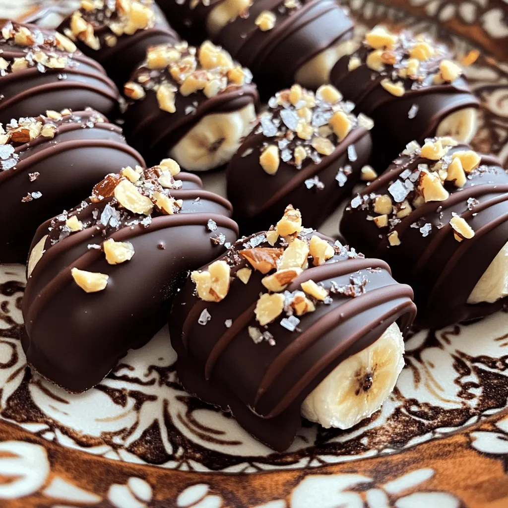 To make chocolate covered banana bites, you need a few simple items. Here’s the list of required ingredients: - 2 large ripe bananas - 1 cup dark chocolate chips - 1 tablespoon coconut oil - Sea salt, for sprinkling - Optional toppings: crushed nuts, shredded coconut, or sprinkles These ingredients combine to create a tasty treat. Bananas give you natural sweetness. Dark chocolate adds a rich flavor. Coconut oil helps the chocolate melt smoothly. Sea salt balances the sweetness. Optional toppings let you get creative! Using fresh, ripe bananas is key. They should feel soft but not overly mushy. The dark chocolate should be good quality for the best taste. Coconut oil can be found in most grocery stores. With these ingredients, you can make a delightful snack that everyone enjoys. For the full recipe, check out the section below! - Peel and cut bananas into bite-sized pieces. - Prepare the baking sheet by lining it with parchment paper. Start by peeling the bananas. Make sure they are ripe; this adds sweetness. Cut each banana into pieces about one inch thick. These bites should fit easily in your mouth. Next, grab a baking sheet. Line it with parchment paper. This step helps with cleanup later and keeps the chocolate from sticking. - Combine chocolate chips and coconut oil. - Microwave instructions for melting. In a microwave-safe bowl, combine the dark chocolate chips and coconut oil. The coconut oil helps the chocolate to melt smoothly and coat the bananas well. Next, place the bowl in the microwave. Heat it in 30-second increments. Stir the mixture between each heating. Keep going until the chocolate is fully melted and creamy. - Dipping each banana piece in chocolate. - Draining excess chocolate. Now it’s time to coat the bananas. Use a fork or toothpick to dip each banana piece into the melted chocolate. Make sure each piece gets covered. Hold it above the bowl for a moment so the excess chocolate can drip off. After you coat all the banana pieces, place them on the prepared baking sheet. For added flavor, sprinkle a pinch of sea salt on top of each piece right away. If you want to add nuts or coconut, do that before the chocolate hardens. Now, pop the baking sheet into the freezer for at least 30 minutes. This lets the chocolate set up nicely. You can find the complete procedure in the Full Recipe. Enjoy your chocolate-covered banana bites! To avoid clumping of chocolate, always use a microwave-safe bowl. Adding coconut oil helps the chocolate melt smoothly. Stir the mix every 30 seconds while microwaving. This keeps the chocolate from burning and clumping. For an even coating, dip each banana piece quickly. Use a fork or toothpick to help coat every side. Allow the excess chocolate to drip off before placing them on the baking sheet. For added texture, try toppings like crushed nuts or shredded coconut. These add crunch and flavor. You can also sprinkle sea salt for a sweet and salty mix. To drizzle melted chocolate, use a small piping bag or a spoon. This makes your banana bites look fancy and delicious. Just let the chocolate cool slightly before drizzling. Try arranging the bites on a colorful plate for a fun look. You can serve them with a side of yogurt or whipped cream. Pair them with fresh fruit like strawberries or berries for extra sweetness. This adds color and flavor to your dessert. For a special touch, serve them at parties or gatherings. You can also find the full recipe for more ideas. {{image_2}} You can switch things up with flavors. Try using milk or white chocolate instead of dark chocolate. Each type adds a unique twist. You can also add spices or extracts for different flavor profiles. A dash of cinnamon or a splash of vanilla can make a big difference. These small changes can create fun new tastes. For a healthier option, use dark chocolate with a higher cocoa content. This choice boosts antioxidants and flavor. Also, consider substituting coconut oil with healthier options like almond oil or avocado oil. These oils can bring their own tasty notes while keeping your treats light. Get creative with toppings! Explore seasonal fruit toppings like sliced strawberries or blueberries. These fruits add color and freshness. You can also use candy, like crushed pretzels, or granola for a fun crunch. Toppings can make your chocolate-covered banana bites fun and special. There are so many ways to mix and match! To keep your chocolate-covered banana bites fresh, use an airtight container. This helps lock in moisture and flavor. Place a piece of parchment paper between layers if you stack them. This prevents sticking. Store the container in the freezer for best results. - Store in an airtight container - Use parchment paper between layers - Freeze for maximum freshness You can freeze chocolate-covered banana bites easily. Place them on a baking sheet first, and freeze for about 30 minutes. This helps them harden quickly. Once set, transfer the bites to your airtight container. - Freeze on a baking sheet for 30 minutes - Then move to an airtight container - They can last up to 3 months in the freezer To serve, remove them from the freezer and let them sit for about 5 minutes. This makes them easier to eat. Enjoy your sweet treat! Chocolate-covered banana bites can last about two weeks in the fridge. They stay fresh if stored in an airtight container. If you freeze them, they can last for about three months. Just make sure to separate layers with parchment paper to avoid sticking. Yes, you can use other fruits! Strawberries, apple slices, or pineapple chunks work well. Just ensure the fruit is firm enough to hold its shape when dipped in chocolate. Each fruit will bring its own flavor twist to the treat. I recommend using dark chocolate for a rich taste. It pairs nicely with the sweetness of bananas. You can also use milk or white chocolate if you prefer something sweeter. High-quality chocolate makes a big difference in flavor. Yes, you can skip the coconut oil. It helps the chocolate melt smoothly and adds a slight shine. If you don’t have it, use any neutral oil or just melt the chocolate alone. It may not look as shiny, but it will still taste great. Absolutely! Chocolate-covered banana bites are naturally gluten-free. Just ensure that the chocolate you use does not contain any gluten. Most dark chocolate chips are safe, but it’s wise to check the label to be sure. This recipe combines simple ingredients to create tasty chocolate-covered banana bites. You learned how to prepare, coat, and present them beautifully. These treats are fun to make and perfect for many occasions. Keep experimenting with flavors and toppings. Sharing your creations adds even more joy. Embrace the sweet journey of chocolate-covered bananas!