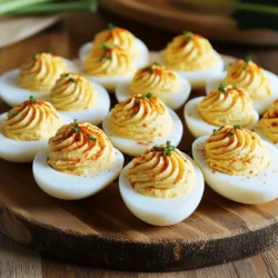 - 6 large eggs - 3 tablespoons mayonnaise - 1 teaspoon Dijon mustard - 1 teaspoon apple cider vinegar - 1/2 teaspoon smoked paprika For classic deviled eggs, these ingredients are a must. The eggs give a solid base, while the mayonnaise adds creaminess. Dijon mustard adds a nice tang, and apple cider vinegar brings a touch of brightness. Smoked paprika provides a warm flavor and a lovely color. - Salt and black pepper to taste - 1 tablespoon finely chopped chives - 1 teaspoon hot sauce - Extra chives or paprika for garnish The optional ingredients can enhance your dish. Salt and pepper help to balance flavors. Chives add a fresh crunch, while hot sauce gives a spicy kick. The extra garnish makes your deviled eggs look pretty and inviting. To see how to combine these into a tasty dish, check out the Full Recipe. To boil eggs perfectly, start with a pot. Place the eggs in the pot and cover them with cold water by about an inch. Heat on medium-high until the water boils. Once it boils, cover the pot and remove it from heat. Let the eggs sit for 12 minutes. This method ensures a smooth and creamy yolk. After 12 minutes, it’s time for the ice water cooling method. Carefully transfer the eggs to a bowl filled with ice water. Let them cool for at least 5 minutes. This step helps the eggs peel easily. The cold water stops the cooking process, keeping the yolks from turning green. Now, let’s crack and peel the eggs. Gently tap each egg to crack the shell. Peel the eggs under running water to help remove stubborn bits. This makes peeling easy and prevents damage to the whites. Next, prepare the filling. Slice each egg in half lengthwise. Scoop the yolks into a mixing bowl and place the whites on a platter. To the yolks, add the mayonnaise, Dijon mustard, apple cider vinegar, smoked paprika, salt, and pepper. Mix well with a fork until creamy and smooth. If you want a spicy twist, stir in hot sauce. Now it’s time to assemble your deviled eggs! You can either spoon or pipe the filling into the egg whites. Piping creates a nice look, but spooning works just fine if you’re short on time. For garnishing techniques, sprinkle smoked paprika and chopped chives on top. This adds flavor and makes your deviled eggs eye-catching. You can also use extra chives or paprika for garnish. These simple steps make your classic deviled eggs look and taste great. For the complete recipe, check out the Full Recipe section! To make creamy deviled eggs, use the right amount of mayonnaise. I like to add three tablespoons for six eggs. This keeps the filling smooth and rich. Mixing the yolks with a fork helps break up any lumps. It is key to blend well for a nice texture. A good mix of flavors is also very important. I suggest adding Dijon mustard and apple cider vinegar. These ingredients give a tangy flavor. Don’t forget to season with salt and black pepper. Taste your filling and adjust as needed. If you want a kick, add a teaspoon of hot sauce. When serving deviled eggs, arrange them neatly on a platter. Place them in rows for a clean look. This makes them easy to grab. You can also use a piping bag for a fancy touch. It makes the filling look nice in the egg whites. Garnishing is where you can be creative. Sprinkle some smoked paprika on top for color. Chopped chives add a fresh taste and a pop of green. You can even try olives or bacon bits for fun new flavors. Try these tips for making your deviled eggs stand out. For the full recipe, check out the details above! {{image_2}} You can play with flavors in deviled eggs. Adding spices makes them unique. Try curry powder for a warm taste. Chipotle gives a smoky, spicy kick. You can also add herbs like dill or cumin for extra depth. Incorporating other ingredients can change the game. Adding crispy bacon bits brings a savory crunch. Chopped olives give a salty, briny flavor. For a twist, mix in sun-dried tomatoes or jalapeños. These add texture and a burst of flavor. You can make deviled eggs vegan or healthier. For a vegan version, replace mayonnaise with mashed avocado or silken tofu. These options keep it creamy and add nutrients. Use plant-based yogurt for a tangy kick without eggs. If you want a lighter dish, reduce the mayo. You can substitute half with Greek yogurt. This swap cuts calories and adds protein. You’ll still get a creamy texture, making your deviled eggs tasty and healthy. For the full recipe, check out the "Devilish Delight Deviled Eggs" section. After making classic deviled eggs, you may have extras. To store them, place them in an airtight container. This keeps them fresh and stops any odors from other foods. Make sure you cover the eggs well to avoid drying out. Deviled eggs last for about three to four days in the fridge. If you want them to stay good longer, keep the filling and egg whites separate until you're ready to eat. This helps keep the texture nice. You might wonder, can you freeze deviled eggs? The short answer is no. Freezing changes the texture of the eggs and filling. When thawed, they can become watery and unappealing. If you still want to freeze them, try freezing just the filling. Use a freezer-safe bag or container. When you're ready to use it, thaw it in the fridge overnight. After thawing, mix it well before serving. Always taste to ensure it’s still flavorful. You can tell if your eggs are cooked by checking the color of the yolk. A perfectly boiled egg has a bright yellow yolk. When you cut into it, the yolk should not be green or gray. The texture should feel firm, but still creamy. Follow the boiling steps in the Full Recipe for best results. Yes, you can prepare deviled eggs a day before you plan to serve them. Cook and fill the eggs, then cover them tightly. Store them in the fridge to keep them fresh. Just add your garnish right before serving for the best look and taste. Deviled eggs date back to ancient Rome. They were served as a first course at meals. The term "deviled" came later, around the 18th century. It referred to dishes that had spicy or zesty flavors. Today, deviled eggs are popular at parties and gatherings worldwide. If your filling is too runny, try adding more mayonnaise or yolk. You can also mix in some plain yogurt or cream cheese. These ingredients help thicken the mixture. Adjust the seasonings as needed to keep the flavor balanced. Deviled eggs are a simple and tasty dish. We covered essential ingredients like eggs, mayo, and spices. Step-by-step, I showed you how to boil, mix, and assemble them. Tips helped you make them creamy and present them nicely. You can also explore fun variations or adjust them for diets. Always remember to store leftovers properly. Keep this guide handy for your next gathering. Enjoy making delicious deviled eggs that impress everyone!