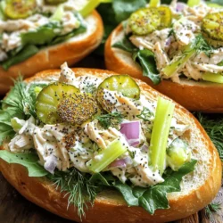 To make Everything Bagel Chicken Salad, you will need: - 2 cups cooked chicken breast, shredded - 1/2 cup plain Greek yogurt - 1/4 cup mayonnaise - 2 tablespoons Dijon mustard - 1/4 cup celery, finely chopped - 1/4 cup red onion, finely chopped - 1/4 cup dill pickles, chopped - 2 tablespoons fresh dill, chopped - 2 tablespoons everything bagel seasoning - Salt and pepper to taste - 4 bagels, sliced in half (for serving) - Leafy greens (for serving) You can adapt the recipe to your taste. Here are some swaps: - Use low-fat Greek yogurt for a lighter salad. - Swap mayonnaise with avocado for a creamy twist. - Replace dill pickles with sweet pickles if you like it sweeter. - Try rotisserie chicken for a quick option. - Use chives instead of fresh dill for a different flavor. Each serving of Everything Bagel Chicken Salad offers: - Calories: 400 - Protein: 30g - Fat: 20g - Carbohydrates: 30g - Fiber: 3g - Sugar: 2g This dish is not only tasty but also packed with protein. It makes for a great meal or snack. You can find the full recipe to create this delightful dish. To start, gather your ingredients. You need cooked chicken, Greek yogurt, and mayonnaise. I recommend using shredded chicken for the best texture. In a large mixing bowl, add 2 cups of shredded chicken, 1/2 cup of plain Greek yogurt, 1/4 cup of mayonnaise, and 2 tablespoons of Dijon mustard. Stir until creamy. This step combines your base flavors smoothly. Next, chop up your veggies. You will need 1/4 cup of celery, 1/4 cup of red onion, and 1/4 cup of dill pickles. Add these to the bowl. Mixing in these fresh ingredients gives your salad a nice crunch. Then, add 2 tablespoons of fresh dill. This herb adds a bright flavor that shines through. Sprinkle 2 tablespoons of everything bagel seasoning over the mixture. This seasoning is the star of the dish. Mix everything well until evenly combined. Finally, taste and add salt and pepper as needed. Let it chill in the fridge for at least 30 minutes. This helps the flavors blend nicely. When mixing, stir gently to keep the chicken pieces intact. You want to avoid mushy salad. Take the time to taste as you go. If you like a stronger dill flavor, add more fresh dill. For an extra kick, you might try a pinch of cayenne pepper. Letting the salad chill is key. It allows the flavors to develop fully. If you have time, chill it for a few hours or overnight. This wait makes a big difference in taste. To serve, slice your bagels in half. Place a generous scoop of chicken salad on the bottom half of each bagel. Top it with leafy greens for a fresh touch. Then, add the top half of the bagel. For a beautiful presentation, use a wooden platter. Arrange the bagel sandwiches neatly. Garnish with extra fresh dill and sliced pickles on the side. This makes your dish pop with color and flavor. Enjoy your Everything Bagel Chicken Salad! You can find the Full Recipe for detailed steps. To make the best Everything Bagel Chicken Salad, start with good chicken. Use cooked chicken breast, shredded finely. This gives your salad a nice texture. I like to mix Greek yogurt with mayonnaise for creaminess. The yogurt adds protein, while mayo gives it a rich taste. Don't skip the Dijon mustard; it adds a nice tang. Make sure to chop your veggies small. This ensures every bite has a mix of flavors. Celery adds crunch, while dill pickles add a zing. Fresh dill is key for that fresh flavor. Remember to sprinkle everything bagel seasoning last. It coats the salad evenly, giving it that signature taste. One mistake is not chilling the salad long enough. Let it sit in the fridge for at least 30 minutes. This helps the flavors blend. Another common error is using too much mayo. Balance is key for a light salad. Also, don’t forget to season with salt and pepper. It enhances every flavor. Avoid using large chunks of chicken or veggies. They can overpower the dish. Lastly, always taste before serving. Adjust the seasoning as needed. This way, you’ll get a salad that shines. Everything Bagel Chicken Salad pairs well with many sides. Serve it with crispy potato chips for a fun crunch. A fresh green salad balances the meal nicely. For a lighter option, try veggie sticks like carrots or cucumbers. If you want something warm, a bowl of soup works great too. Tomato soup or a light broth complements the salad. You can even use the chicken salad in wraps or lettuce cups. This adds variety and keeps it fun. For the full recipe, check the link provided! {{image_2}} You can easily make this dish lighter. Swap mayonnaise for more Greek yogurt. This keeps it creamy and cuts fat. You can also use low-fat Greek yogurt if you want fewer calories. Another option is to use shredded rotisserie chicken for quick prep. Want a little kick? Add some hot sauce or sriracha to the mix. You can also throw in chopped jalapeños for extra heat. For an herb boost, try adding fresh parsley or basil. These herbs can brighten the dish and add depth. You can serve this chicken salad in many ways. Try using whole-grain wraps for a fun twist. Wrap it in a tortilla and enjoy. Lettuce cups are another great option. Just scoop the salad into large lettuce leaves for a crunchy bite. For the full recipe, check out the details above. To keep your Everything Bagel Chicken Salad fresh, use an airtight container. Make sure to cool the salad before sealing it. This helps to lock in moisture and flavor. I suggest using a glass or plastic container. Store it in the fridge for up to three days. If you notice any changes in smell or texture, it’s best to toss it. I do not recommend freezing chicken salad. The texture of the ingredients may change when thawed. The yogurt and mayo can separate, making it watery. If you want to prepare ahead, consider freezing just the cooked chicken. You can then mix it with the other ingredients later. The shelf life of your chicken salad is about three days in the fridge. Always check for any signs of spoilage before eating. If it looks or smells off, it’s safer to throw it away. For the best taste and quality, try to eat it within the first two days. Keeping it chilled will help maintain its flavor and texture. Everything bagel seasoning is a blend of spices. It usually has sesame seeds, poppy seeds, garlic, and onion. This mix adds a crunchy, savory taste to dishes. You can use it on bagels, salads, or meats. It makes everything taste better! Yes, you can use rotisserie chicken! It saves time and adds great flavor. Just shred the chicken into small pieces. This will make your salad quick and easy to prepare. Your chicken salad can last up to three days in the fridge. Keep it in an airtight container. This will help keep it fresh and tasty. Always check for any signs of spoilage before eating. You can find the full recipe in the main article for more details on making this tasty dish! In this post, we explored everything about chicken salad, including ingredients, instructions, and tips. We discussed tasty substitutions and how to mix flavors just right. You learned how to store leftovers and keep your salad fresh. Lastly, we covered variations to match your taste. Enjoy creating your chicken salad, and don’t be afraid to experiment. With these insights, you'll impress your friends and family. Happy cooking!
