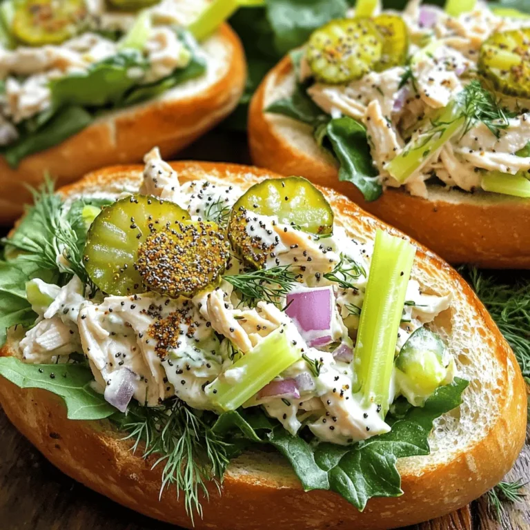 To make Everything Bagel Chicken Salad, you will need: - 2 cups cooked chicken breast, shredded - 1/2 cup plain Greek yogurt - 1/4 cup mayonnaise - 2 tablespoons Dijon mustard - 1/4 cup celery, finely chopped - 1/4 cup red onion, finely chopped - 1/4 cup dill pickles, chopped - 2 tablespoons fresh dill, chopped - 2 tablespoons everything bagel seasoning - Salt and pepper to taste - 4 bagels, sliced in half (for serving) - Leafy greens (for serving) You can adapt the recipe to your taste. Here are some swaps: - Use low-fat Greek yogurt for a lighter salad. - Swap mayonnaise with avocado for a creamy twist. - Replace dill pickles with sweet pickles if you like it sweeter. - Try rotisserie chicken for a quick option. - Use chives instead of fresh dill for a different flavor. Each serving of Everything Bagel Chicken Salad offers: - Calories: 400 - Protein: 30g - Fat: 20g - Carbohydrates: 30g - Fiber: 3g - Sugar: 2g This dish is not only tasty but also packed with protein. It makes for a great meal or snack. You can find the full recipe to create this delightful dish. To start, gather your ingredients. You need cooked chicken, Greek yogurt, and mayonnaise. I recommend using shredded chicken for the best texture. In a large mixing bowl, add 2 cups of shredded chicken, 1/2 cup of plain Greek yogurt, 1/4 cup of mayonnaise, and 2 tablespoons of Dijon mustard. Stir until creamy. This step combines your base flavors smoothly. Next, chop up your veggies. You will need 1/4 cup of celery, 1/4 cup of red onion, and 1/4 cup of dill pickles. Add these to the bowl. Mixing in these fresh ingredients gives your salad a nice crunch. Then, add 2 tablespoons of fresh dill. This herb adds a bright flavor that shines through. Sprinkle 2 tablespoons of everything bagel seasoning over the mixture. This seasoning is the star of the dish. Mix everything well until evenly combined. Finally, taste and add salt and pepper as needed. Let it chill in the fridge for at least 30 minutes. This helps the flavors blend nicely. When mixing, stir gently to keep the chicken pieces intact. You want to avoid mushy salad. Take the time to taste as you go. If you like a stronger dill flavor, add more fresh dill. For an extra kick, you might try a pinch of cayenne pepper. Letting the salad chill is key. It allows the flavors to develop fully. If you have time, chill it for a few hours or overnight. This wait makes a big difference in taste. To serve, slice your bagels in half. Place a generous scoop of chicken salad on the bottom half of each bagel. Top it with leafy greens for a fresh touch. Then, add the top half of the bagel. For a beautiful presentation, use a wooden platter. Arrange the bagel sandwiches neatly. Garnish with extra fresh dill and sliced pickles on the side. This makes your dish pop with color and flavor. Enjoy your Everything Bagel Chicken Salad! You can find the Full Recipe for detailed steps. To make the best Everything Bagel Chicken Salad, start with good chicken. Use cooked chicken breast, shredded finely. This gives your salad a nice texture. I like to mix Greek yogurt with mayonnaise for creaminess. The yogurt adds protein, while mayo gives it a rich taste. Don't skip the Dijon mustard; it adds a nice tang. Make sure to chop your veggies small. This ensures every bite has a mix of flavors. Celery adds crunch, while dill pickles add a zing. Fresh dill is key for that fresh flavor. Remember to sprinkle everything bagel seasoning last. It coats the salad evenly, giving it that signature taste. One mistake is not chilling the salad long enough. Let it sit in the fridge for at least 30 minutes. This helps the flavors blend. Another common error is using too much mayo. Balance is key for a light salad. Also, don’t forget to season with salt and pepper. It enhances every flavor. Avoid using large chunks of chicken or veggies. They can overpower the dish. Lastly, always taste before serving. Adjust the seasoning as needed. This way, you’ll get a salad that shines. Everything Bagel Chicken Salad pairs well with many sides. Serve it with crispy potato chips for a fun crunch. A fresh green salad balances the meal nicely. For a lighter option, try veggie sticks like carrots or cucumbers. If you want something warm, a bowl of soup works great too. Tomato soup or a light broth complements the salad. You can even use the chicken salad in wraps or lettuce cups. This adds variety and keeps it fun. For the full recipe, check the link provided! {{image_2}} You can easily make this dish lighter. Swap mayonnaise for more Greek yogurt. This keeps it creamy and cuts fat. You can also use low-fat Greek yogurt if you want fewer calories. Another option is to use shredded rotisserie chicken for quick prep. Want a little kick? Add some hot sauce or sriracha to the mix. You can also throw in chopped jalapeños for extra heat. For an herb boost, try adding fresh parsley or basil. These herbs can brighten the dish and add depth. You can serve this chicken salad in many ways. Try using whole-grain wraps for a fun twist. Wrap it in a tortilla and enjoy. Lettuce cups are another great option. Just scoop the salad into large lettuce leaves for a crunchy bite. For the full recipe, check out the details above. To keep your Everything Bagel Chicken Salad fresh, use an airtight container. Make sure to cool the salad before sealing it. This helps to lock in moisture and flavor. I suggest using a glass or plastic container. Store it in the fridge for up to three days. If you notice any changes in smell or texture, it’s best to toss it. I do not recommend freezing chicken salad. The texture of the ingredients may change when thawed. The yogurt and mayo can separate, making it watery. If you want to prepare ahead, consider freezing just the cooked chicken. You can then mix it with the other ingredients later. The shelf life of your chicken salad is about three days in the fridge. Always check for any signs of spoilage before eating. If it looks or smells off, it’s safer to throw it away. For the best taste and quality, try to eat it within the first two days. Keeping it chilled will help maintain its flavor and texture. Everything bagel seasoning is a blend of spices. It usually has sesame seeds, poppy seeds, garlic, and onion. This mix adds a crunchy, savory taste to dishes. You can use it on bagels, salads, or meats. It makes everything taste better! Yes, you can use rotisserie chicken! It saves time and adds great flavor. Just shred the chicken into small pieces. This will make your salad quick and easy to prepare. Your chicken salad can last up to three days in the fridge. Keep it in an airtight container. This will help keep it fresh and tasty. Always check for any signs of spoilage before eating. You can find the full recipe in the main article for more details on making this tasty dish! In this post, we explored everything about chicken salad, including ingredients, instructions, and tips. We discussed tasty substitutions and how to mix flavors just right. You learned how to store leftovers and keep your salad fresh. Lastly, we covered variations to match your taste. Enjoy creating your chicken salad, and don’t be afraid to experiment. With these insights, you'll impress your friends and family. Happy cooking!