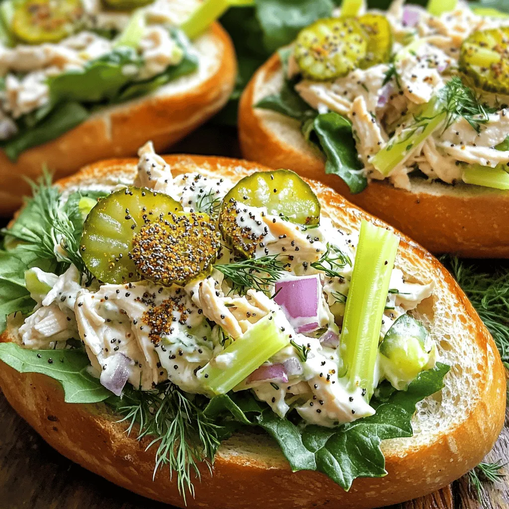 To make Everything Bagel Chicken Salad, you will need: - 2 cups cooked chicken breast, shredded - 1/2 cup plain Greek yogurt - 1/4 cup mayonnaise - 2 tablespoons Dijon mustard - 1/4 cup celery, finely chopped - 1/4 cup red onion, finely chopped - 1/4 cup dill pickles, chopped - 2 tablespoons fresh dill, chopped - 2 tablespoons everything bagel seasoning - Salt and pepper to taste - 4 bagels, sliced in half (for serving) - Leafy greens (for serving) You can adapt the recipe to your taste. Here are some swaps: - Use low-fat Greek yogurt for a lighter salad. - Swap mayonnaise with avocado for a creamy twist. - Replace dill pickles with sweet pickles if you like it sweeter. - Try rotisserie chicken for a quick option. - Use chives instead of fresh dill for a different flavor. Each serving of Everything Bagel Chicken Salad offers: - Calories: 400 - Protein: 30g - Fat: 20g - Carbohydrates: 30g - Fiber: 3g - Sugar: 2g This dish is not only tasty but also packed with protein. It makes for a great meal or snack. You can find the full recipe to create this delightful dish. To start, gather your ingredients. You need cooked chicken, Greek yogurt, and mayonnaise. I recommend using shredded chicken for the best texture. In a large mixing bowl, add 2 cups of shredded chicken, 1/2 cup of plain Greek yogurt, 1/4 cup of mayonnaise, and 2 tablespoons of Dijon mustard. Stir until creamy. This step combines your base flavors smoothly. Next, chop up your veggies. You will need 1/4 cup of celery, 1/4 cup of red onion, and 1/4 cup of dill pickles. Add these to the bowl. Mixing in these fresh ingredients gives your salad a nice crunch. Then, add 2 tablespoons of fresh dill. This herb adds a bright flavor that shines through. Sprinkle 2 tablespoons of everything bagel seasoning over the mixture. This seasoning is the star of the dish. Mix everything well until evenly combined. Finally, taste and add salt and pepper as needed. Let it chill in the fridge for at least 30 minutes. This helps the flavors blend nicely. When mixing, stir gently to keep the chicken pieces intact. You want to avoid mushy salad. Take the time to taste as you go. If you like a stronger dill flavor, add more fresh dill. For an extra kick, you might try a pinch of cayenne pepper. Letting the salad chill is key. It allows the flavors to develop fully. If you have time, chill it for a few hours or overnight. This wait makes a big difference in taste. To serve, slice your bagels in half. Place a generous scoop of chicken salad on the bottom half of each bagel. Top it with leafy greens for a fresh touch. Then, add the top half of the bagel. For a beautiful presentation, use a wooden platter. Arrange the bagel sandwiches neatly. Garnish with extra fresh dill and sliced pickles on the side. This makes your dish pop with color and flavor. Enjoy your Everything Bagel Chicken Salad! You can find the Full Recipe for detailed steps. To make the best Everything Bagel Chicken Salad, start with good chicken. Use cooked chicken breast, shredded finely. This gives your salad a nice texture. I like to mix Greek yogurt with mayonnaise for creaminess. The yogurt adds protein, while mayo gives it a rich taste. Don't skip the Dijon mustard; it adds a nice tang. Make sure to chop your veggies small. This ensures every bite has a mix of flavors. Celery adds crunch, while dill pickles add a zing. Fresh dill is key for that fresh flavor. Remember to sprinkle everything bagel seasoning last. It coats the salad evenly, giving it that signature taste. One mistake is not chilling the salad long enough. Let it sit in the fridge for at least 30 minutes. This helps the flavors blend. Another common error is using too much mayo. Balance is key for a light salad. Also, don’t forget to season with salt and pepper. It enhances every flavor. Avoid using large chunks of chicken or veggies. They can overpower the dish. Lastly, always taste before serving. Adjust the seasoning as needed. This way, you’ll get a salad that shines. Everything Bagel Chicken Salad pairs well with many sides. Serve it with crispy potato chips for a fun crunch. A fresh green salad balances the meal nicely. For a lighter option, try veggie sticks like carrots or cucumbers. If you want something warm, a bowl of soup works great too. Tomato soup or a light broth complements the salad. You can even use the chicken salad in wraps or lettuce cups. This adds variety and keeps it fun. For the full recipe, check the link provided! {{image_2}} You can easily make this dish lighter. Swap mayonnaise for more Greek yogurt. This keeps it creamy and cuts fat. You can also use low-fat Greek yogurt if you want fewer calories. Another option is to use shredded rotisserie chicken for quick prep. Want a little kick? Add some hot sauce or sriracha to the mix. You can also throw in chopped jalapeños for extra heat. For an herb boost, try adding fresh parsley or basil. These herbs can brighten the dish and add depth. You can serve this chicken salad in many ways. Try using whole-grain wraps for a fun twist. Wrap it in a tortilla and enjoy. Lettuce cups are another great option. Just scoop the salad into large lettuce leaves for a crunchy bite. For the full recipe, check out the details above. To keep your Everything Bagel Chicken Salad fresh, use an airtight container. Make sure to cool the salad before sealing it. This helps to lock in moisture and flavor. I suggest using a glass or plastic container. Store it in the fridge for up to three days. If you notice any changes in smell or texture, it’s best to toss it. I do not recommend freezing chicken salad. The texture of the ingredients may change when thawed. The yogurt and mayo can separate, making it watery. If you want to prepare ahead, consider freezing just the cooked chicken. You can then mix it with the other ingredients later. The shelf life of your chicken salad is about three days in the fridge. Always check for any signs of spoilage before eating. If it looks or smells off, it’s safer to throw it away. For the best taste and quality, try to eat it within the first two days. Keeping it chilled will help maintain its flavor and texture. Everything bagel seasoning is a blend of spices. It usually has sesame seeds, poppy seeds, garlic, and onion. This mix adds a crunchy, savory taste to dishes. You can use it on bagels, salads, or meats. It makes everything taste better! Yes, you can use rotisserie chicken! It saves time and adds great flavor. Just shred the chicken into small pieces. This will make your salad quick and easy to prepare. Your chicken salad can last up to three days in the fridge. Keep it in an airtight container. This will help keep it fresh and tasty. Always check for any signs of spoilage before eating. You can find the full recipe in the main article for more details on making this tasty dish! In this post, we explored everything about chicken salad, including ingredients, instructions, and tips. We discussed tasty substitutions and how to mix flavors just right. You learned how to store leftovers and keep your salad fresh. Lastly, we covered variations to match your taste. Enjoy creating your chicken salad, and don’t be afraid to experiment. With these insights, you'll impress your friends and family. Happy cooking!