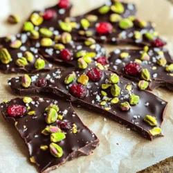 - Dark chocolate (12 ounces, at least 60% cacao) - Unsalted pistachios (1 cup, shelled) - Dried cranberries (1 cup) - Sea salt (1 teaspoon) - Vanilla extract (1 teaspoon) Pistachio Cranberry Bark shines with its bright colors and rich flavors. The main ingredients create a perfect balance. Dark chocolate gives a deep, rich taste. I always choose chocolate with at least 60% cacao for the best flavor. Unsalted pistachios add a crunchy texture and a slight earthiness. They are a great source of healthy fats, too. Dried cranberries provide a sweet and tangy burst. Their bright red color makes the bark look festive. For extra flavor, I add sea salt. It brings out the sweetness of the chocolate and cranberries. A splash of vanilla extract also helps enhance the overall taste. This simple recipe includes all the best flavors for a holiday treat. When you gather these ingredients, you prepare to create something special. Each bite of this bark is a bite of joy. If you're ready to make this delightful treat, check the Full Recipe for step-by-step instructions. To start, you need to melt the dark chocolate. You can use a double boiler or a microwave. If you choose the microwave, heat it in 30-second bursts at 50% power. Stir often to keep it from burning. This step is key. Stirring helps the chocolate melt smoothly and evenly. Next, prepare your baking sheet. Grab parchment paper and line your sheet, which should be about 11x17 inches. Make sure it lays flat. This creates a smooth surface for your bark. A smooth sheet helps the chocolate spread nicely. Now, it’s time to mix the add-ins. In a large bowl, combine the shelled pistachios and dried cranberries. Add the vanilla extract to this mix. The vanilla adds a warm flavor that complements the nuts and fruit well. Mix everything until it is evenly spread out. Once your chocolate melts, remove it from the heat. Let it cool for about a minute. Pour the melted chocolate onto the lined baking sheet. Use a spatula to spread it out evenly. After that, sprinkle your pistachio and cranberry mix over the melted chocolate. Press them down gently so they stick well. To finish your bark, sprinkle a little sea salt on top. This brings out all the flavors. Now, let the bark cool at room temperature for about 30 minutes. After that, place it in the fridge for an hour. Once set, break it into fun, irregular pieces. You can find the full recipe above for more details. To get the right chocolate consistency, melt it slowly. If you rush, chocolate may burn. Use a double boiler or microwave for best results. Stir the chocolate often. This stops it from clumping. Once melted, let it cool for a minute before spreading. This helps it set well. For an even spread, pour the chocolate onto the lined baking sheet. Use a spatula to spread it out. Move the spatula quickly and evenly. Aim for a thickness of about ¼ inch. Melting chocolate can take time, but there are ways to make it quick. If you use a microwave, heat it in 30-second bursts. Always check and stir in between. This keeps the heat even and saves time. Prepare your ingredients in advance. Shell the pistachios and measure the cranberries before you start. This way, you can focus on melting and mixing. The way you serve the bark matters. Arrange the pieces on a fun platter. You can use colorful paper or festive designs. This makes it look more appealing. If you want to gift it, use a clear box. Wrap it with a nice ribbon. This adds a personal touch. You can also layer it with parchment paper inside the box. This keeps it fresh and pretty. For the full recipe, check the section above! {{image_2}} You can switch up the nuts in your Pistachio Cranberry Bark. Almonds, walnuts, or cashews work great. Each nut brings a new taste and texture. For a unique touch, mix nuts together. This adds flavor complexity and a fun crunch. Want to elevate your bark? Try adding orange zest or spices. A hint of cinnamon can make it special. You can also use milk or white chocolate instead of dark chocolate. This changes the sweetness and richness, perfect for different tastes. If you have certain dietary needs, you can still enjoy this bark. Make it dairy-free by using dairy-free chocolate. For gluten-free options, this recipe is already safe! Always check your ingredients to avoid allergens. Substituting nuts or dried fruit can help too. To keep your pistachio cranberry bark fresh, store it in an airtight container. This will prevent moisture from ruining its texture. Place the container in a cool, dark place. If it's warm in your home, consider putting it in the fridge. However, avoid letting it get too cold, as this can change the bark's texture. Pistachio cranberry bark lasts about two weeks at room temperature. If you store it in the fridge, it can last up to a month. Check for signs of spoilage, like a dull surface or off smells. If you notice these signs, it's best to toss it. If you want to keep your bark longer, freezing is a great option. Wrap the bark tightly in plastic wrap, then place it in a freezer-safe bag. This helps prevent freezer burn. To thaw, simply leave it in the fridge overnight. This method keeps the texture nice and smooth. Enjoy your bark even after a few months! You can easily change this recipe for dietary needs. To make it vegan, use dark chocolate that does not contain milk. For a nut-free option, try seeds like pumpkin or sunflower instead of pistachios. You can also swap dried cranberries for dried fruits like raisins or apricots. These small changes can make the bark fit different diets without losing taste. Yes, you can! While dark chocolate gives a rich flavor, you can use milk chocolate for a sweeter treat. White chocolate works too, but it will change the taste. If you want a unique twist, mix different chocolates. This way, you can create a bark that fits your taste and mood. Pistachio cranberry bark shines at many events. It makes a lovely gift during holidays, like Christmas or Easter. You can also serve it at birthday parties or family gatherings. The bright colors and crunch make it festive. Pack it in a pretty box for a thoughtful gift. This bark brings joy to any celebration! This blog post covered how to make delicious pistachio cranberry bark. We explored key ingredients like dark chocolate, pistachios, and cranberries. I shared step-by-step instructions for melting chocolate, mixing in add-ins, and assembling the bark. Tips for texture and presentation were included to enhance your creation. In summary, this treat is tasty and easy to customize. Enjoy making this bark for yourself or as a gift. You’ll impress everyone with this simple treat!
