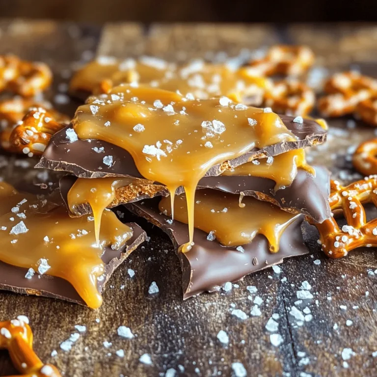- 2 cups pretzel rods - 1 cup granulated sugar - 6 tablespoons unsalted butter - 1/4 cup heavy cream - 1 teaspoon vanilla extract - 1 cup semi-sweet chocolate chips - 1/2 teaspoon sea salt - Optional: flaked sea salt for garnish When making Salted Caramel Pretzel Bark, each ingredient plays a big role. The pretzel rods give a nice crunch. They also add that salty touch we love. Granulated sugar is key for the caramel. It melts down into a sweet sauce. Unsalted butter adds richness. It helps the caramel blend well. Heavy cream gives the caramel its smooth texture. Vanilla extract brings warmth and depth to the flavor. Semi-sweet chocolate chips are perfect for topping. They melt beautifully and balance the sweetness of the caramel. The sea salt on top makes every bite pop. You can add flaked sea salt for a fancy look if you want. - Baking sheet - Parchment paper - Medium saucepan - Microwave-safe bowl - Spatula To make this bark, you need some simple tools. A baking sheet is where everything comes together. Parchment paper helps with easy cleanup. It stops the bark from sticking. A medium saucepan is perfect for cooking the caramel. You’ll also need a microwave-safe bowl for melting the chocolate. A spatula helps spread the caramel and chocolate evenly. If you gather these items, you’ll be ready to create a treat that’s both sweet and salty. For the full recipe, check out the detailed instructions above. - Preheat your oven to 350°F (175°C). - Line your baking sheet with parchment paper, leaving some overhang. - In a medium saucepan, combine 1 cup of granulated sugar and 6 tablespoons of unsalted butter. - Stir the mix over medium heat until it melts and turns golden. This may take about 5-7 minutes. Watch it closely to avoid burning. - When the sugar has caramelized, carefully add 1/4 cup of heavy cream. It will bubble up, so be cautious. Stir until it is smooth. - Remove the saucepan from heat and mix in 1 teaspoon of vanilla extract. - Spread 2 cups of broken pretzel pieces evenly on the parchment-lined baking sheet. - Pour the caramel over the pretzel pieces, using a spatula to spread it evenly. - Bake the mixture in the oven for 10-12 minutes. Watch for it to become bubbly and slightly darkened. - Once baked, let it cool for about 10 minutes. - While it cools, melt 1 cup of semi-sweet chocolate chips in a microwave-safe bowl. Heat in 20-second intervals, stirring in between, until fully melted. - Drizzle the melted chocolate over the cooled pretzel-caramel mix. You can use a spatula to help spread it out if you want. - Finally, sprinkle 1/2 teaspoon of sea salt over the top. You can add flaked sea salt for extra crunch if you like. - Let the bark cool completely at room temperature for about 30 minutes. You can also refrigerate it for 15 minutes to speed things up. - Once the bark is set, lift it out using the parchment paper overhang. Break into pieces for serving. For the full recipe, check out the detailed instructions above! To make great caramel, start with a heavy saucepan. This helps to heat evenly. When you add sugar and butter, stir constantly. This keeps the sugar from burning. Watch it closely; once it melts, it can go from perfect to burnt quickly. Let it cook until it turns a nice golden color. This usually takes about 5-7 minutes. Add the heavy cream slowly. It will bubble, so be careful! Stir until smooth and then add vanilla extract. This makes the flavor pop. For melting chocolate chips, use a microwave-safe bowl. Heat it in short bursts of 20 seconds. Stir in between each burst. This will help avoid burning the chocolate. Once melted, it should look shiny and smooth. You can drizzle it over the caramel pretzel mix. If you want a glossy finish, don't stir too much after melting. When presenting your Salted Caramel Pretzel Bark, break it into uneven pieces. This makes it look rustic and fun. You can place it on a colorful plate or in a clear jar for a nice touch. Pair it with coffee or hot cocoa. The sweet and salty mix works well with these drinks. You could also serve it alongside vanilla ice cream for a treat that’s hard to resist. For more ideas, check out the Full Recipe for extra tips! {{image_2}} You can easily change the flavor of your salted caramel pretzel bark. One fun way is to add nuts. Chopped pecans or almonds give a nice crunch. They also add a rich flavor that pairs well with caramel. You can mix them in with the pretzel pieces before adding the caramel. Another option is to experiment with different chocolate types. Dark chocolate adds a more intense flavor. Milk chocolate offers a creamier taste. You can also try white chocolate for a sweeter twist. Each type brings a unique profile to your bark. Mix and match to find your favorite! If you want a gluten-free treat, you can swap regular pretzels for gluten-free ones. Many brands offer great options that taste just as good. This way, everyone can enjoy your salted caramel pretzel bark. For a vegan version, look for dairy-free caramel and chocolate. You can find many brands that offer these options. Just check the labels to ensure they meet your needs. This allows you to enjoy the same sweet treat, no matter your diet. For the full recipe, you can check the detailed steps to create this delicious bark! To keep your salted caramel pretzel bark fresh, use an airtight container. Glass or plastic containers work well. Make sure to store it in a cool, dry place. Avoid areas with high humidity or heat. This helps prevent the bark from becoming sticky. Salted caramel pretzel bark stays fresh at room temperature for about one week. If you want it to last longer, store it in the fridge. This can extend its freshness up to two weeks. Always check for any signs of spoilage, like changes in texture or smell. To freeze your bark, first let it cool completely. Then, cut it into pieces. Wrap each piece in plastic wrap. Place them in a freezer-safe bag or container. When you want to enjoy it, thaw the bark in the fridge overnight. This keeps the texture nice and firm. To make your salted caramel pretzel bark chewy, focus on the caramel. Use less sugar, which creates a softer caramel. Cook the caramel until it's just golden. Remove it from heat sooner to keep it softer. Mix in some corn syrup while making the caramel. This adds moisture and helps keep it chewy. Yes, you can use different types of pretzels! Try using mini pretzels for a fun bite-sized treat. You might also like using pretzel crisps for a flatter option. Some people enjoy chocolate-covered pretzels for added flavor. Each type of pretzel gives a unique crunch and taste. Experiment to find your favorite! Cutting the bark can be tricky, but there’s a simple way. First, let the bark cool completely. Then, use a sharp knife to score the bark lightly. This helps guide your cuts. If the chocolate cracks, warm the knife slightly. This will help you cut through smoothly without breaking the chocolate. You can find pre-made salted caramel pretzel bark in many stores. Look in the candy aisle or gourmet section. Specialty chocolate shops often carry it, too. Brands like Trader Joe's or local bakeries may have delicious options. Check online as well for delivery options from various retailers. Salted caramel pretzel bark can be gluten-free with the right ingredients. Use gluten-free pretzels made from corn or rice. Always read labels to ensure no gluten ingredients are present. You can find many brands that offer gluten-free options. This way, everyone can enjoy this tasty treat! Salted Caramel Pretzel Bark combines sweet and salty flavors, making it delightful. You learned key ingredients, simple steps, and tips for success. Remember to choose the right equipment and store leftovers wisely. With many flavor options, you can personalize your bark. Enjoy sharing your creation with others, and don’t hesitate to try new twists. Your kitchen adventures can lead to tasty results each time!