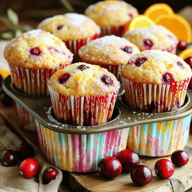 To make tasty cranberry orange muffins, you'll need these simple ingredients: - 1 ½ cups all-purpose flour - ½ cup granulated sugar - ½ cup brown sugar, packed - 1 tablespoon baking powder - ½ teaspoon baking soda - ½ teaspoon salt - 1 teaspoon ground cinnamon - ¾ cup fresh cranberries, roughly chopped - Zest of 1 large orange - ½ cup orange juice (freshly squeezed) - ⅓ cup vegetable oil - 1 large egg - 1 teaspoon vanilla extract - Optional: ¼ cup chopped walnuts or pecans These ingredients work together to create a burst of flavor. The fresh cranberries give a tart kick, while the orange zest adds brightness. The spices and sugars bring warmth and sweetness. You can find the full recipe at the end for all the steps to make these muffins. Enjoy the blend of sweet and tart in each bite! 1. Preheat your oven to 375°F (190°C). Prepare a muffin tin by lining it with paper liners or spraying it with non-stick cooking spray. 2. In a large bowl, mix the dry ingredients. Combine 1 ½ cups of all-purpose flour, ½ cup of granulated sugar, ½ cup of brown sugar, 1 tablespoon of baking powder, ½ teaspoon of baking soda, ½ teaspoon of salt, and 1 teaspoon of ground cinnamon. Whisk these together until they blend well. 3. In a separate bowl, combine the chopped cranberries and the zest of one large orange. Mix to ensure the zest spreads evenly. This step makes your muffins burst with flavor. 1. In a medium bowl, whisk together ½ cup of freshly squeezed orange juice, ⅓ cup of vegetable oil, 1 large egg, and 1 teaspoon of vanilla extract. Mix until the mixture is smooth and creamy. 1. Pour the wet ingredients into the dry ingredients. Fold them together gently. It’s okay if the batter has a few lumps; just don’t over-mix it. 2. Now, gently fold in the cranberry-zest mixture. If you like nuts, add ¼ cup of chopped walnuts or pecans at this stage. 3. Spoon the batter into the prepared muffin tins, filling each cup about ¾ full. 4. Bake in your preheated oven for 18-22 minutes. Check for doneness by inserting a toothpick into the center. If it comes out clean, your muffins are ready! 5. Once baked, let the muffins cool in the pan for about 5 minutes. Then, move them to a wire rack to cool completely. You can find the Full Recipe for detailed instructions and more tips. Enjoy baking these delightful cranberry orange muffins! To make the best cranberry orange muffins, avoid over-mixing the batter. When you mix too much, the muffins can become tough. Just stir until the ingredients blend together. It's okay if the batter has some lumps. Check for doneness with a toothpick. Insert it into the center of a muffin. If it comes out clean, your muffins are done. If you see wet batter, bake them a few more minutes. Arrange cooled muffins attractively on a serving platter. A wooden board or colorful plate makes a great choice. This makes your muffins look inviting. For garnish, add fresh cranberries and slices of orange. It gives a festive touch. You can also sprinkle a little powdered sugar on top for extra flair. These muffins are best enjoyed with tea or coffee. The flavors complement each other well. You can also pair muffins with butter or cream cheese. The rich taste adds creaminess and makes each bite delightful. {{image_2}} You can mix up the flavor of your cranberry orange muffins easily. One fun option is adding chocolate chips. The sweet chocolate pairs well with tart cranberries. Use about ½ cup of semi-sweet chocolate chips for a treat that kids and adults will love. Another option is to try different citrus zests. Lemon or lime zest can give your muffins a fresh twist. Each citrus adds a unique taste. You could even mix zests for a vibrant flavor. If you need a gluten-free version, swap regular flour for a gluten-free blend. You might want to add an extra teaspoon of baking powder. It helps the muffins rise well. For a vegan option, replace the egg with a flaxseed meal. Mix one tablespoon of flaxseed with three tablespoons of water. Let it sit for five minutes until it thickens. Also, use plant-based milk instead of orange juice to keep the flavor bold. You can make these muffins even more special with seasonal ingredients. Add holiday spices like nutmeg or ginger for a festive touch. A teaspoon of each can elevate the flavor. Dried fruits like raisins or chopped dates also work great. Mix in about ½ cup of dried fruit along with the cranberries. It adds sweetness and texture, making your muffins even more delightful. For the full recipe, check out the details above! Store your cranberry orange muffins at room temperature in an airtight container. This keeps them fresh and soft. If you plan to eat them within a few days, this is perfect. You can also place a paper towel inside the container. This helps absorb extra moisture. If you want to keep them longer, refrigeration is a good option. Just remember that cold can change their texture a bit. To freeze muffins, let them cool completely first. Wrap each muffin tightly in plastic wrap. Then, place them in a freezer bag. Be sure to remove as much air as possible to avoid freezer burn. When you want to eat one, take it out and let it thaw at room temperature. You can also warm it in the oven. This will make it taste fresh again. These muffins stay fresh for about three days at room temperature. If you refrigerate them, they can last up to a week. When frozen, they can last for about three months. Always check for signs of spoilage before eating. Enjoy these muffins any time with the right storage! For the full recipe, check the [Full Recipe]. Can I use frozen cranberries? Yes, you can use frozen cranberries in this recipe. Just make sure to chop them first. You do not need to thaw them, but they may add some extra moisture. How do I add more orange flavor? To boost the orange flavor, use more orange zest. You can also add a bit of orange extract. A splash of extra orange juice can help too. What to do if muffins are dense? If your muffins are dense, try checking your baking powder. It may be old or not fresh. Also, avoid over-mixing the batter. Mixing too much can make muffins tough and heavy. Why are my muffins not rising? Muffins may not rise for several reasons. Ensure your baking powder is fresh. Also, make sure your oven is at the right temperature. An oven thermometer helps check this. Can I halve the recipe? Yes, you can easily halve this recipe. Just use half of each ingredient listed. This way, you can make fewer muffins without wasting any ingredients. How do I incorporate more nuts or seeds? To add more nuts or seeds, simply fold them into the batter at the end. Aim for about ¼ cup of your choice. Walnuts or pecans work great in these muffins. For the full recipe, check out the detailed steps above! You learned how to make tasty cranberry orange muffins. We covered the ingredients and simple steps. I shared tips for baking, presentation, and serving. You can also explore flavor variations and storage methods. Muffins are versatile and fun to make. With this guide, you can create delightful treats for any occasion. Enjoy your baking journey, and don't hesitate to try new ideas!