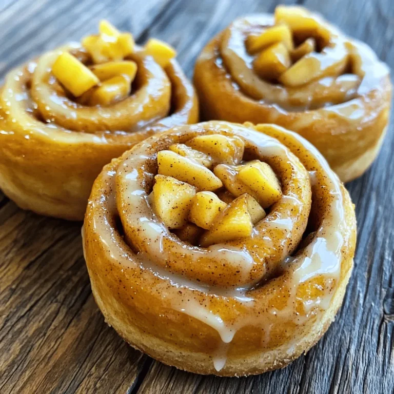 To make these tasty apple pie cinnamon rolls, you need some key ingredients: - Flour, Milk, Sugar, and Yeast - 2 cups all-purpose flour - 1/2 cup milk, warmed - 1/4 cup granulated sugar - 1 packet (2 1/4 teaspoons) active dry yeast - Apples, Lemon Juice, and Spices - 2 medium apples, peeled and diced - 1 tablespoon lemon juice - 1/4 cup brown sugar - 1 teaspoon ground cinnamon - 1 tablespoon all-purpose flour - Toppings: Powdered Sugar and Vanilla - 1/2 cup powdered sugar - 1-2 teaspoons milk - 1/4 teaspoon vanilla extract These ingredients work together to create a warm, sweet treat. The apples add freshness, while the spices bring warmth. The dough rises with yeast, making it soft. For the topping, powdered sugar and vanilla make it extra special. You can find the full recipe above for detailed steps on how to combine these ingredients perfectly. Activating Yeast and Mixing Ingredients To start, I warm the milk. I add granulated sugar and sprinkle the yeast on top. I let it sit for about 5-10 minutes until it gets frothy. This shows the yeast is alive and ready. Next, in a big bowl, I whisk together the flour and salt. Then, I mix in the melted butter, egg, and vanilla extract with the yeast mixture. I stir until a dough forms. Kneading the Dough I lightly flour my surface and place the dough on it. I knead the dough for about 5-7 minutes. I want it to feel smooth and soft. If it's sticky, I add a bit more flour. After kneading, I place the dough in a greased bowl. I cover it with a kitchen towel and let it rise in a warm spot for about 1 hour. The dough should double in size. Preparing and Tossing the Apples While the dough rises, I prepare the filling. I peel and dice the apples into small pieces. In a bowl, I toss them with lemon juice to prevent browning. Combining with Sugar and Spices Next, I add brown sugar, cinnamon, and flour to the apples. I mix it all well to coat the apples with sweetness and spice. This filling will bring the apple pie flavor to our rolls. Rolling Out the Dough Once the dough has risen, I sprinkle flour on my surface again. I roll the dough out into a large rectangle, about 1/4 inch thick. It should be even all around. Filling, Rolling, and Cutting the Rolls I spread the apple filling evenly over the dough. Starting from the long side, I tightly roll the dough into a log shape. I then cut the log into 12 equal pieces. I place these pieces in a greased baking dish. Second Rise and Baking Process I cover the rolls with a kitchen towel and let them rise for another 30 minutes. While they rise, I preheat my oven to 350°F (175°C). Once they are puffy, I bake them for 25-30 minutes or until golden brown. This step is crucial for getting that perfect soft texture. While they bake, I can prepare the topping as per the Full Recipe. Achieving the Right Consistency To make great dough, you want it soft but not sticky. Start with the right amount of flour. Too much will make the rolls dry. When mixing, add flour a little at a time. You want the dough to hold together well. It should feel smooth and elastic after kneading. Tips for Effective Kneading Kneading is key for texture. Use the heel of your hand to push down on the dough. Fold it over and repeat. Aim for about five to seven minutes. This will develop the gluten and create a nice rise later. If it gets too sticky, sprinkle a little flour. Choosing the Best Apples For the best flavor, pick apples that are sweet and tart. Varieties like Granny Smith or Honeycrisp work well. These apples hold their shape and add great taste. Avoid soft apples that turn mushy when baked. Alternative Sweeteners and Spices You can switch up the sugars in the filling. Try maple syrup or honey for a different flavor. Adding spices like nutmeg or cardamom can also boost the taste. Experiment to find your perfect mix! Knowing When the Rolls Are Done Look for a golden-brown color on top. The rolls should feel firm and spring back when touched lightly. If you have a thermometer, they should reach 190°F in the center. This ensures they are fully baked. How to Create a Soft and Fluffy Texture To keep the rolls soft, avoid overbaking them. The right amount of steam helps too. You can place a pan of water in the oven while baking. This creates moisture and keeps the rolls fluffy. {{image_2}} You can easily change the taste of your apple pie cinnamon rolls. One fun idea is to add nuts or raisins. Nuts like walnuts or pecans add a nice crunch. Raisins give a sweet burst that pairs well with apples. Try mixing them into the filling or sprinkling them on top before baking. Another way to switch things up is by using different spices and flavorings. Besides cinnamon, you can add nutmeg or allspice for warmth. A splash of maple syrup can also add a nice touch. Experiment with these flavors to find your perfect mix. If you need a gluten-free option, use gluten-free flour. This swap works well in the dough. Make sure to add a bit of xanthan gum to help with texture. You can also find gluten-free baking blends that work perfectly. For a vegan twist, replace the egg with a flax egg. Mix one tablespoon of ground flaxseed with three tablespoons of water. Let it sit for a few minutes until it thickens. Use plant-based milk instead of regular milk and coconut oil for the butter. These rolls taste amazing with a scoop of vanilla ice cream or a drizzle of cream cheese frosting. The warm rolls and cold ice cream create a delightful contrast. If you prefer, serve them at breakfast with coffee. They also make a great dessert after dinner. For the full recipe, check out the [Full Recipe]. To keep your apple pie cinnamon rolls fresh, place them in an airtight container. This will keep them moist and tasty. You can also use plastic wrap to cover them tightly. Store them in the fridge to prolong their freshness. These rolls stay good in the fridge for about 3 to 5 days. If they start to dry out, you can warm them up a bit before enjoying. If you want to save some rolls for later, freezing is a great option. To freeze, wrap each roll in plastic wrap. Then, place them in a freezer bag or container. This helps prevent freezer burn and keeps them fresh. For the best taste, enjoy them within 2 to 3 months. When you want to eat them, take them out and let them thaw in the fridge overnight. To reheat, place them in the oven at 350°F (175°C) for about 10 minutes. This warms them up and brings back their soft, fluffy texture. Enjoy your apple pie cinnamon rolls again with that warm, gooey filling! For the full recipe, check the full recipe section. You can use instant yeast instead of active dry yeast. It works faster and does not need to be dissolved in water. You can also try sourdough starter, but it may change the flavor. If you choose to use baking powder, your rolls will not rise as much, but they will still taste good. Yes, you can prepare the rolls in advance. First, make the dough and let it rise. After shaping the rolls, place them in the baking dish. Cover them with plastic wrap and store them in the fridge overnight. The next day, let them sit at room temperature for about 30 minutes before baking. This will save you time in the morning. To keep your cinnamon rolls soft, store them in an airtight container. This prevents them from drying out. You can also add a slice of bread in the container. The moisture from the bread helps keep the rolls soft. If you want to reheat them, place them in the microwave for about 10 seconds. This warms them up without making them hard. In this post, we explored how to make mouth-watering apple pie cinnamon rolls. You learned about the key ingredients, steps for preparation, and tips to perfect your dough. We also discussed various flavor options and storage methods. Remember, baking is fun. Experiment with different spices and toppings to make this recipe your own. With a bit of practice, you’ll impress everyone with your tasty rolls. Enjoy the process and happy baking!