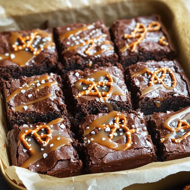 - 1 cup unsalted butter (2 sticks) - 1 cup granulated sugar - 1 cup packed brown sugar - 4 large eggs - 1 teaspoon vanilla extract - 1 cup all-purpose flour - 1 cup cocoa powder - 1/2 teaspoon salt - 1/2 teaspoon baking powder - 1 cup pretzel pieces (plus extra for topping) - 1 cup salted caramel sauce (store-bought or homemade) - Sea salt flakes for garnish I love using unsalted butter for these brownies. It gives me control over the salt level. Granulated sugar and brown sugar add the right sweetness and moisture. The eggs make the brownies rich and fudgy. I always add vanilla extract for a warm, inviting flavor. All-purpose flour and cocoa powder create the perfect brownie base. Pretzel pieces bring crunch and saltiness, while the salted caramel sauce adds that sweet touch. Finally, a sprinkle of sea salt flakes on top makes everything pop. For unsalted butter, I prefer brands like Kerrygold or Land O'Lakes. They provide great flavor and creaminess. When it comes to sugars, Domino is a reliable choice. It’s consistent and blends well in recipes. For pretzels, Snyder's of Hanover has a great variety that holds up well in brownies. Now, about salted caramel sauce. You can make your own, which is fun and rewarding. Just melt sugar until it turns golden, then add cream and salt. If you want to save time, look for store-bought options. Brands like Ghirardelli or Smucker’s offer tasty choices that work well in these brownies. 1. Preheat the Oven: First, preheat your oven to 350°F (175°C). This makes sure the brownies cook evenly. Next, take a 9x13 inch baking pan. Grease it and line it with parchment paper. Leave some paper hanging over the edges. This helps with easy removal later. 2. Melt the Butter: Grab a medium saucepan. Place it over medium heat and add 1 cup of unsalted butter. Melt the butter gently. Once it melts, remove it from the heat. Stir in 1 cup of granulated sugar and 1 cup of packed brown sugar. Mix until it looks smooth and combined. 3. Combine Wet and Dry Ingredients: Let the butter mixture cool a bit. Then, add 4 large eggs, one at a time. Whisk well after each egg. Next, stir in 1 teaspoon of vanilla extract. In a different bowl, whisk together 1 cup of all-purpose flour, 1 cup of cocoa powder, 1/2 teaspoon of salt, and 1/2 teaspoon of baking powder. Slowly add this dry mix to the butter mix. Stir until just combined. 4. Incorporate Pretzel Pieces: Now it's time for the fun part! Take 1 cup of pretzel pieces and gently fold them into the brownie batter. Make sure they are evenly spread throughout the batter. 5. Layering the Batter and Caramel: Pour half of the brownie batter into the prepared baking pan. Smooth it out to make an even layer. Then, drizzle half of the salted caramel sauce over this layer. 6. Baking Time and Testing for Doneness: Carefully spoon the rest of the brownie batter on top. Spread it gently. Drizzle the remaining salted caramel sauce over this layer. Use a knife or toothpick to create a swirl effect. Bake in the oven for 25-30 minutes. To test doneness, insert a toothpick into the center. It should come out with a few moist crumbs. Avoid baking too long if you want fudgy brownies. Follow these steps, and you'll create rich and decadent salted caramel pretzel brownies. For the full recipe, check the details above. To make the best brownies, avoid overbaking at all costs. Check the brownies a few minutes before the timer goes off. Use a toothpick to test. If it comes out with a few moist crumbs, they are done. Overbaking makes brownies dry and crumbly. Keep them fudgy by removing them just in time. For fudgier brownies, try adding an extra egg. This gives more moisture. You can also reduce the flour by a little. Using less flour makes the texture richer. Another secret tip is to let the batter rest for about 30 minutes before baking. This helps with the chewy texture. You can add mix-ins to give your brownies more flavor. Try nuts like walnuts or pecans. They add crunch and taste. You can also use chocolate chips or chunks for extra chocolatey goodness. If you want some spice, add a pinch of cinnamon. It adds warmth and depth. For serving, present your brownies on a nice platter. Drizzle more salted caramel on top for a stunning look. Add extra pretzel pieces for a fun crunch. If you want to impress, sprinkle sea salt flakes on top. It makes a beautiful finish. Use a 9x13 inch baking pan for best results. It gives the right size and depth. Make sure to line it with parchment paper. This helps you lift the brownies out easily. You will need a medium saucepan for melting butter. A whisk is great for mixing ingredients well. To create swirls in the caramel, use a knife or a toothpick. This adds a nice touch. If you want, a stand mixer can make mixing easier, but it is not necessary. {{image_2}} You can easily switch up the flavors in these brownies. If you love nuts, try adding chopped pecans or walnuts. They add a nice crunch. You can also use dark chocolate instead of regular chocolate. Dark chocolate gives a rich taste that pairs well with caramel. For a twist, consider using chocolate caramel sauce instead of regular salted caramel. This change brings a new layer of flavor that is delightful. If you need a gluten-free option, you can replace all-purpose flour with a gluten-free flour blend. This swap works well and keeps the brownies tasty. For those who want vegan brownies, you can use coconut oil instead of butter. Replace eggs with flax eggs or applesauce for moisture. These simple swaps still give you delicious brownies without losing the essence of the recipe. Check the Full Recipe for more details on how to make these variations work. You can store your salted caramel pretzel brownies at room temperature. Keep them in an airtight container. This way, they stay soft and tasty. If you live in a hot area, refrigerate them. But, refrigeration can dry them out. To keep them fresh, add a slice of bread to the container. The bread helps keep brownies moist. You can also wrap them in plastic wrap for extra protection. To freeze brownies, first let them cool. Then cut them into squares. Wrap each square in plastic wrap tightly. Place the wrapped brownies in a freezer-safe bag or container. This keeps them fresh for up to three months. When you're ready to eat, take them out of the freezer. Thaw them in the fridge overnight or at room temperature for a few hours. You can also warm them in the microwave for a few seconds. Enjoy your delicious treat anytime! For the full recipe, check out the details above. How do you make homemade salted caramel? To make homemade salted caramel, you need sugar, butter, and cream. Start by melting sugar in a pan over medium heat. Stir until it turns golden brown. Then, add butter and stir until melted. Slowly pour in cream while stirring. Finally, add a pinch of sea salt for that perfect flavor. Can I use different types of pretzels? Yes, you can use different types of pretzels. Regular pretzels work well. You can also try chocolate-covered pretzels for a sweet twist. Just make sure they are broken into small pieces for even mixing. What’s the best way to cut brownies for clean edges? To cut brownies neatly, use a sharp knife. Dip the knife in hot water and wipe it dry before cutting. This method helps create clean edges. Make sure to cut when the brownies are cool for the best results. What to do if the brownies are too dry or too wet? If your brownies are too dry, they might have baked too long. Try reducing the baking time next time. If they are too wet, they may need more time in the oven. Check for moist crumbs instead of wet batter. How to fix overbaked brownies? If your brownies are overbaked, there’s not much you can do. You can serve them warm with ice cream to add moisture. Next time, keep an eye on the baking time to avoid this issue. Best desserts to pair with salted caramel pretzel brownies These brownies pair well with vanilla ice cream. You can also serve them with fresh fruit like strawberries. A drizzle of extra salted caramel on top is always a hit! Ideal beverages or toppings to enhance flavors A rich coffee or a glass of milk complements these brownies. You can also top them with whipped cream. Add some crushed pretzels on top for crunch and flavor. These salted caramel pretzel brownies are a delightful treat. We covered everything from the key ingredients to step-by-step instructions. You learned how to mix, bake, and store them properly. Plus, we explored flavor variations and dietary options. Remember, the right ingredients make all the difference. Enjoy your baking adventure and share these delicious brownies with friends. You’ll impress everyone with not just the taste, but also the uniqueness of your creation. Happy baking!