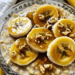 - 1 cup rolled oats - 2 cups almond milk (or any milk of your choice) - 2 ripe bananas, sliced - 3 tablespoons brown sugar - 1 tablespoon unsalted butter The main ingredients make this dish special. Rolled oats offer a hearty base. They cook well and become creamy. Almond milk adds a nice touch of flavor. You can use any milk you like. The ripe bananas bring natural sweetness. They caramelize beautifully when cooked. Brown sugar enhances the banana flavor. Unsalted butter gives a rich, creamy taste. - 1 teaspoon vanilla extract - 1/2 teaspoon cinnamon - A pinch of salt Adding a few flavor enhancers makes this dish sing. Vanilla extract adds warmth and depth. Cinnamon gives a cozy and inviting aroma. A pinch of salt balances the sweetness. These small additions can change the whole dish. - Chopped walnuts or pecans - Fresh banana slices Garnishing can elevate your oatmeal. Chopped walnuts or pecans add a nice crunch. They also bring healthy fats to the mix. Fresh banana slices on top make it look appealing. They provide extra flavor and texture. For the full recipe, check out the details provided. First, pour 2 cups of almond milk into a medium saucepan. Heat it over medium heat until it starts to simmer. This takes just a few minutes. Once it simmers, add 1 cup of rolled oats and a pinch of salt. Stir the oats into the milk. Lower the heat and let it cook for about 5-7 minutes. Stir occasionally. The oatmeal should become creamy and soft. While the oats cook, grab a non-stick skillet. Heat it over medium heat. Add 1 tablespoon of unsalted butter and let it melt completely. Once melted, add 2 sliced ripe bananas. Sprinkle 3 tablespoons of brown sugar over the bananas. Cook for about 2-3 minutes. Gently flip the bananas halfway through. They should turn golden brown and caramelized. After the oatmeal is done, stir in 1 teaspoon of vanilla extract and 1/2 teaspoon of cinnamon. This adds a nice flavor. Now, serve the oatmeal in bowls. Top each bowl with the caramelized bananas and their syrup. For a nice crunch, sprinkle some chopped walnuts or pecans on top. Add a few fresh banana slices for a beautiful finish. Enjoy your delicious caramelized banana oatmeal! For the complete recipe, check the Full Recipe. To get the best caramelized bananas, start with ripe ones. Look for bananas that are yellow with a few brown spots. They will be sweet and soft, perfect for caramelizing. Next, use medium heat when cooking. If the heat is too high, the bananas will burn. If it's too low, they won't caramelize well. You want them to turn golden brown and sweet without getting mushy. Use a 1:2 ratio of oats to milk. For this recipe, one cup of rolled oats needs two cups of milk. This mix gives you creamy oatmeal. Cook the oats for about 5-7 minutes. Stir them occasionally as they cook. This will help them absorb the milk and become soft and creamy. Top your oatmeal with the caramelized bananas right away. You can also add chopped walnuts or pecans for a nice crunch. They give a tasty contrast to the soft oatmeal and bananas. For a complete breakfast, serve your oatmeal with a side of yogurt or a glass of fresh juice. This adds protein and vitamins, making your meal even better. For the full recipe, check out the details above! {{image_2}} You can easily make this dish vegan. First, swap out the butter for coconut oil. Coconut oil adds a nice flavor and works well for cooking. For sweeteners, choose maple syrup or agave nectar instead of brown sugar. They provide sweetness without animal products. Want to change things up? Try adding nut butters or seeds. Almond or peanut butter adds creaminess and protein. You can also mix in chia seeds or flaxseeds for extra nutrition. If you love chocolate, stir in some chocolate chips. Berries, like blueberries or strawberries, add freshness too. They make the dish colorful and tasty. If you need a gluten-free option, use gluten-free oats. They cook just like regular oats but are safe for gluten-free diets. Quinoa flakes are another good choice. They add a unique texture and flavor to your meal. Always check the labels to ensure they are gluten-free. Store leftover oatmeal in the fridge. Use an airtight container to keep it fresh. Make sure it cools down before sealing. This helps avoid condensation. When reheating oatmeal, add a splash of milk. This keeps it creamy. You can use a microwave or stovetop. If using the stovetop, heat it gently. Stir often to prevent sticking. Add a little cinnamon or honey for extra flavor while reheating. To freeze oatmeal, let it cool completely. Portion it into freezer-safe bags. Remove as much air as possible before sealing. When ready to eat, thaw it overnight in the fridge. Reheat gently, adding a bit of milk for creaminess. Enjoy your easy breakfast any day! You can make your oatmeal sweeter by adding natural sweeteners. Here are a few options: - Honey: A classic choice that adds a nice floral note. - Maple syrup: This gives a rich, earthy flavor that pairs well with oats. - Agave nectar: A light, sweet syrup that dissolves easily. - Brown sugar: It adds a warm, caramel-like taste. - Coconut sugar: This has a mild, sweet flavor with a hint of caramel. Try adding these sweeteners little by little. Taste as you go to find your perfect level of sweetness. Yes, you can use instant oats instead of rolled oats. However, there are a few key differences: - Cooking time: Instant oats cook much faster, usually in about 1-2 minutes. - Texture: Instant oats are softer and mushier compared to rolled oats, which have a chewier texture. If you choose instant oats, be sure to adjust the cooking time. This will help you avoid overly mushy oatmeal. If you need a substitute for almond milk, you have many options: - Soy milk: This has a creamy texture and a slight bean flavor. - Oat milk: It offers a mild taste and works well in oatmeal. - Cow's milk: This is rich and creamy, making it a great choice for oatmeal. - Coconut milk: This gives a tropical flavor and creamy texture. Each milk alternative brings its own flavor. Choose one that fits your taste best. This blog post explored how to make caramelized banana oatmeal. We covered main ingredients like rolled oats, almond milk, ripe bananas, and brown sugar. You learned step-by-step how to prepare and serve this tasty dish. We also shared tips for perfect bananas and creamy oatmeal. In summary, this recipe is simple and rewarding. Feel free to try the variations and make it your own. Enjoy a delicious breakfast that warms your day!