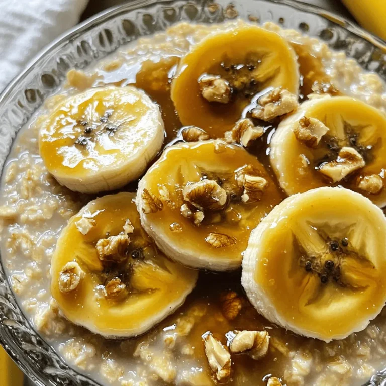 - 1 cup rolled oats - 2 cups almond milk (or any milk of your choice) - 2 ripe bananas, sliced - 3 tablespoons brown sugar - 1 tablespoon unsalted butter The main ingredients make this dish special. Rolled oats offer a hearty base. They cook well and become creamy. Almond milk adds a nice touch of flavor. You can use any milk you like. The ripe bananas bring natural sweetness. They caramelize beautifully when cooked. Brown sugar enhances the banana flavor. Unsalted butter gives a rich, creamy taste. - 1 teaspoon vanilla extract - 1/2 teaspoon cinnamon - A pinch of salt Adding a few flavor enhancers makes this dish sing. Vanilla extract adds warmth and depth. Cinnamon gives a cozy and inviting aroma. A pinch of salt balances the sweetness. These small additions can change the whole dish. - Chopped walnuts or pecans - Fresh banana slices Garnishing can elevate your oatmeal. Chopped walnuts or pecans add a nice crunch. They also bring healthy fats to the mix. Fresh banana slices on top make it look appealing. They provide extra flavor and texture. For the full recipe, check out the details provided. First, pour 2 cups of almond milk into a medium saucepan. Heat it over medium heat until it starts to simmer. This takes just a few minutes. Once it simmers, add 1 cup of rolled oats and a pinch of salt. Stir the oats into the milk. Lower the heat and let it cook for about 5-7 minutes. Stir occasionally. The oatmeal should become creamy and soft. While the oats cook, grab a non-stick skillet. Heat it over medium heat. Add 1 tablespoon of unsalted butter and let it melt completely. Once melted, add 2 sliced ripe bananas. Sprinkle 3 tablespoons of brown sugar over the bananas. Cook for about 2-3 minutes. Gently flip the bananas halfway through. They should turn golden brown and caramelized. After the oatmeal is done, stir in 1 teaspoon of vanilla extract and 1/2 teaspoon of cinnamon. This adds a nice flavor. Now, serve the oatmeal in bowls. Top each bowl with the caramelized bananas and their syrup. For a nice crunch, sprinkle some chopped walnuts or pecans on top. Add a few fresh banana slices for a beautiful finish. Enjoy your delicious caramelized banana oatmeal! For the complete recipe, check the Full Recipe. To get the best caramelized bananas, start with ripe ones. Look for bananas that are yellow with a few brown spots. They will be sweet and soft, perfect for caramelizing. Next, use medium heat when cooking. If the heat is too high, the bananas will burn. If it's too low, they won't caramelize well. You want them to turn golden brown and sweet without getting mushy. Use a 1:2 ratio of oats to milk. For this recipe, one cup of rolled oats needs two cups of milk. This mix gives you creamy oatmeal. Cook the oats for about 5-7 minutes. Stir them occasionally as they cook. This will help them absorb the milk and become soft and creamy. Top your oatmeal with the caramelized bananas right away. You can also add chopped walnuts or pecans for a nice crunch. They give a tasty contrast to the soft oatmeal and bananas. For a complete breakfast, serve your oatmeal with a side of yogurt or a glass of fresh juice. This adds protein and vitamins, making your meal even better. For the full recipe, check out the details above! {{image_2}} You can easily make this dish vegan. First, swap out the butter for coconut oil. Coconut oil adds a nice flavor and works well for cooking. For sweeteners, choose maple syrup or agave nectar instead of brown sugar. They provide sweetness without animal products. Want to change things up? Try adding nut butters or seeds. Almond or peanut butter adds creaminess and protein. You can also mix in chia seeds or flaxseeds for extra nutrition. If you love chocolate, stir in some chocolate chips. Berries, like blueberries or strawberries, add freshness too. They make the dish colorful and tasty. If you need a gluten-free option, use gluten-free oats. They cook just like regular oats but are safe for gluten-free diets. Quinoa flakes are another good choice. They add a unique texture and flavor to your meal. Always check the labels to ensure they are gluten-free. Store leftover oatmeal in the fridge. Use an airtight container to keep it fresh. Make sure it cools down before sealing. This helps avoid condensation. When reheating oatmeal, add a splash of milk. This keeps it creamy. You can use a microwave or stovetop. If using the stovetop, heat it gently. Stir often to prevent sticking. Add a little cinnamon or honey for extra flavor while reheating. To freeze oatmeal, let it cool completely. Portion it into freezer-safe bags. Remove as much air as possible before sealing. When ready to eat, thaw it overnight in the fridge. Reheat gently, adding a bit of milk for creaminess. Enjoy your easy breakfast any day! You can make your oatmeal sweeter by adding natural sweeteners. Here are a few options: - Honey: A classic choice that adds a nice floral note. - Maple syrup: This gives a rich, earthy flavor that pairs well with oats. - Agave nectar: A light, sweet syrup that dissolves easily. - Brown sugar: It adds a warm, caramel-like taste. - Coconut sugar: This has a mild, sweet flavor with a hint of caramel. Try adding these sweeteners little by little. Taste as you go to find your perfect level of sweetness. Yes, you can use instant oats instead of rolled oats. However, there are a few key differences: - Cooking time: Instant oats cook much faster, usually in about 1-2 minutes. - Texture: Instant oats are softer and mushier compared to rolled oats, which have a chewier texture. If you choose instant oats, be sure to adjust the cooking time. This will help you avoid overly mushy oatmeal. If you need a substitute for almond milk, you have many options: - Soy milk: This has a creamy texture and a slight bean flavor. - Oat milk: It offers a mild taste and works well in oatmeal. - Cow's milk: This is rich and creamy, making it a great choice for oatmeal. - Coconut milk: This gives a tropical flavor and creamy texture. Each milk alternative brings its own flavor. Choose one that fits your taste best. This blog post explored how to make caramelized banana oatmeal. We covered main ingredients like rolled oats, almond milk, ripe bananas, and brown sugar. You learned step-by-step how to prepare and serve this tasty dish. We also shared tips for perfect bananas and creamy oatmeal. In summary, this recipe is simple and rewarding. Feel free to try the variations and make it your own. Enjoy a delicious breakfast that warms your day!