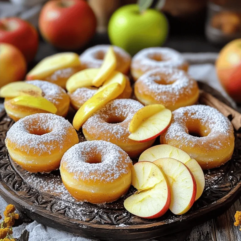 For spiced apple cider donuts, you will need the following items: - 2 cups apple cider - 2 cups all-purpose flour - 1 teaspoon baking powder - 1 teaspoon baking soda - 1 teaspoon ground cinnamon - 1/2 teaspoon ground nutmeg - 1/4 teaspoon ground ginger - 1/2 teaspoon salt - 3/4 cup granulated sugar - 1/3 cup unsalted butter, melted - 2 large eggs - 1 teaspoon vanilla extract - 1/2 cup powdered sugar (for dusting) These ingredients create a warm, spiced flavor that makes these donuts perfect for fall. You can customize your donuts to your taste. Consider adding: - Chopped nuts for crunch - Diced apples for extra fruitiness - A sprinkle of sea salt for contrast - Different spices like cardamom or allspice for unique flavors Feel free to mix in any of these options. You can make the recipe your own! Each donut has about the following nutritional values: - Calories: 150 - Total fat: 6g - Saturated fat: 3g - Cholesterol: 40mg - Sodium: 100mg - Total carbohydrates: 22g - Dietary fiber: 1g - Sugars: 8g - Protein: 2g This information helps you keep track of what you eat. Enjoy these treats while still being mindful of your diet! For the complete recipe, check out the Full Recipe section. Start by making the apple cider. Pour two cups of apple cider into a saucepan. Heat it over medium heat until it boils. Once it boils, turn the heat down to low. Let it simmer for about 15 to 20 minutes. You want the cider to reduce to one cup. This step makes the flavor stronger. After it reduces, let the cider cool to room temperature. Next, gather your dry ingredients. In a large bowl, combine: - 2 cups all-purpose flour - 1 teaspoon baking powder - 1 teaspoon baking soda - 1 teaspoon ground cinnamon - 1/2 teaspoon ground nutmeg - 1/4 teaspoon ground ginger - 1/2 teaspoon salt Whisk these ingredients together. Make sure there are no lumps. Mixing well helps your donuts rise nicely. Now, let's mix the wet ingredients. In a separate bowl, combine: - 1 cup cooled apple cider - 1/3 cup melted unsalted butter - 3/4 cup granulated sugar - 2 large eggs - 1 teaspoon vanilla extract Whisk this mixture until it is smooth. After that, slowly add the dry ingredients to the wet mix. Stir gently until just combined. Be careful not to overmix, or your donuts may be tough. Next, preheat your oven to 350°F (175°C). Lightly grease a donut pan. Fill each donut cavity about two-thirds full with batter. If you want, you can use a piping bag for easier filling. Bake the donuts for 10 to 12 minutes. They are done when a toothpick comes out clean. Let them cool in the pan for about five minutes. Then, move them to a wire rack. Once cool, dust them with powdered sugar for a sweet finish. Enjoy your spiced apple cider donuts! To get the best texture for your spiced apple cider donuts, focus on mixing. Start with dry and wet ingredients in separate bowls. Whisk the dry mix well, so everything blends. Then, mix the wet ingredients until they are smooth. When you combine them, stir gently. Overmixing can make your donuts tough. Aim for a thick but smooth batter. One common mistake is using too much flour. This can make your donuts dry. Always measure flour correctly. Another mistake is not reducing the cider enough. If you skip this step, your donuts may be too wet and won't hold their shape. Lastly, don't skip the cooling time before dusting with powdered sugar. It helps the sugar stick better. A good donut pan is key for perfect shapes. I recommend using a non-stick pan for easy removal. A whisk makes mixing easier, and a spatula helps scrape every bit of batter. If you have a piping bag, use it to fill the donut cavities smoothly. A wire rack is great for cooling the donuts evenly. To learn more about the recipe, check the Full Recipe. {{image_2}} You can easily make these donuts gluten-free. Use a gluten-free flour blend instead of all-purpose flour. Look for blends that include xanthan gum. This helps the donuts hold their shape. Follow the same steps in the recipe. You’ll still enjoy the warm spices and apple cider flavor. If you want vegan donuts, there are simple swaps. Replace the butter with coconut oil or vegan butter. Use flax eggs instead of regular eggs. To make a flax egg, mix 1 tablespoon of ground flaxseed with 2.5 tablespoons of water. Let it sit for a few minutes to thicken. You can also use plant-based milk instead of regular milk, if needed. To spice things up, add seasonal flavors. You can mix in some chopped nuts or dried fruit, like cranberries or raisins. For a twist, try adding a splash of maple syrup to the wet mix. You can also sprinkle some pumpkin spice for a fall-themed treat. These small changes can make your donuts unique and fun. Explore the full recipe for more details and tips. To keep your spiced apple cider donuts fresh, store them in an airtight container. This helps keep moisture in and prevents them from drying out. Place a paper towel at the bottom of the container. This absorbs excess moisture and keeps the donuts soft. Store them at room temperature for up to three days. For longer storage, consider freezing. If you want to keep these donuts longer, freezing is a great option. Let the donuts cool completely after baking. Wrap each donut in plastic wrap tightly. Then, place them in a freezer-safe bag or container. This protects them from freezer burn. They can stay fresh for up to three months. When you’re ready to enjoy them, just take them out of the freezer. To reheat your donuts, first, let them thaw at room temperature. This usually takes about 30 minutes. If you want them warm, pop them in the microwave for about 10-15 seconds. You can also heat them in the oven at 350°F (175°C) for about 5 minutes. This will make the donuts soft and warm again. Enjoy them fresh, just like when you first baked them! For the full recipe, check back to the beginning. To make spiced apple cider donuts from scratch, follow this simple method. First, boil 2 cups of apple cider in a saucepan. Once it boils, lower the heat and let it simmer for 15-20 minutes. You want it to reduce to 1 cup. After that, let it cool. Next, preheat your oven to 350°F (175°C) and grease a donut pan. In a bowl, mix 2 cups of flour, 1 teaspoon of baking powder, 1 teaspoon of baking soda, 1 teaspoon of cinnamon, 1/2 teaspoon of nutmeg, 1/4 teaspoon of ginger, and 1/2 teaspoon of salt. In another bowl, whisk together the cooled cider, 3/4 cup of sugar, 1/3 cup of melted butter, 2 eggs, and 1 teaspoon of vanilla. Combine the wet and dry ingredients until just mixed. Fill the donut pan 2/3 full with batter. Bake for 10-12 minutes. After baking, let them cool and dust with powdered sugar. You can find the Full Recipe for detailed steps. Yes, some stores sell spiced apple cider donuts, especially in fall. Look for them in local bakeries or farms. They are popular during autumn festivals. However, fresh homemade donuts taste much better. Making your own allows you to control the flavors. You can also tweak the spices to match your taste. Spiced apple cider donuts pair well with warm drinks. Try hot apple cider for a cozy touch. Coffee is another great option, especially a cinnamon latte or chai. For something cold, try a glass of cold milk. These drinks enhance the flavors of the donuts. Enjoying them together makes for a perfect fall treat! You learned about making spiced apple cider donuts today. We covered the ingredients, step-by-step instructions, and helpful tips. You saw variations for gluten-free and vegan diets, too. Store these donuts correctly to keep them fresh longer. You can also reheat them for a warm treat. Now, get creative and enjoy every bite of your homemade donuts.