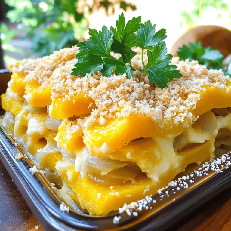 - Garlic and Onions - 2 cloves garlic, minced - 1 cup onion, diced - Squash and Dairy Ingredients - 4 cups yellow squash, sliced - 1 cup shredded sharp cheddar cheese - ½ cup heavy cream - 2 large eggs - ½ cup grated Parmesan cheese - Seasonings and Toppings - 1 teaspoon salt - ½ teaspoon black pepper - 1 teaspoon dried thyme - 1 tablespoon olive oil - Fresh parsley, chopped (for garnish) Using fresh ingredients makes a big difference. I love the taste of garlic and onion. They add a strong base flavor to the dish. Yellow squash brings a nice color and texture. The sharp cheddar adds creaminess and a rich taste. Heavy cream makes it extra smooth and tasty. Eggs help hold everything together. Seasonings like salt and thyme enhance the flavor. I often use gluten-free breadcrumbs for a healthier twist. The Parmesan cheese on top gives a great crunchy layer. Garnishing with parsley makes the dish pretty and fresh. For the full recipe, check out the details above. Enjoy making this comforting dish! Start by washing your yellow squash. Slice it into thin rounds. Next, dice your onion into small pieces. Heat olive oil in a skillet over medium heat. Add the diced onion and minced garlic. Sauté this mix until the onion turns soft and fragrant. This takes about five minutes. Then, add the sliced squash to the skillet. Cook it for about ten to twelve minutes. Stir often until the squash becomes tender. This step makes the squash flavorful. In a large bowl, combine the squash and onion mix. Add the shredded cheddar cheese, breadcrumbs, heavy cream, and eggs. Sprinkle in the salt, black pepper, and dried thyme. Stir everything together until it blends well. It should look creamy and thick. This mixture holds all the great flavors of the dish. Pour the mix into a greased 9x13 inch baking dish. Spread it out evenly. Now it’s time to bake! Preheat your oven to 350°F (175°C). Before baking, sprinkle grated Parmesan cheese on top. This will create a nice crispy crust. Bake in the oven for 25 to 30 minutes. Look for a golden brown top and bubbly edges. Once done, take it out and let it cool for a few minutes. Garnish with fresh parsley for a lovely finish. Enjoy this comforting dish warm! For the full recipe, check the section above. To make your cheddar squash casserole even tastier, add fresh herbs. Fresh thyme, rosemary, or basil can boost the flavor. You can mix them in when you combine the ingredients. If you want a stronger taste, chop the herbs finely. Dried herbs also work if fresh ones aren't available. Just use a little less than you would of fresh herbs. The key to a great casserole is texture. You want it creamy, not runny. Make sure to cook the squash well. Sauté it until soft before mixing it in. This helps release extra water. Adding breadcrumbs also helps absorb moisture. For a crispy top, sprinkle extra cheese on top before baking. This gives you a golden, crunchy finish. Want to save time? Prep your ingredients ahead. You can slice the squash and onions the night before. Store them in the fridge to keep them fresh. Use a food processor to chop onions and garlic quickly. If you’re in a hurry, buy pre-shredded cheese and breadcrumbs. These little tricks can cut down on your prep time. For the full recipe, check out the detailed steps above. {{image_2}} You can change up the cheese in the casserole. Try using mozzarella, gouda, or even feta. Each cheese brings a new taste that can surprise your family. For a creamier dish, use a mix of cheeses. This adds depth and richness to the flavor. Want to make the casserole heartier? Add protein! You can include cooked chicken, turkey, or even crumbled sausage. This makes it a complete meal. Just mix the protein into the squash blend before baking. If you are vegetarian, try adding beans or lentils for extra protein. You can swap in seasonal veggies to change the dish. In fall, use pumpkin or butternut squash. In spring, add asparagus or spinach. Each option keeps the casserole fresh and exciting. Mixing in colorful vegetables also makes it more appealing on your table. To keep your cheddar squash casserole fresh, cool it to room temperature. Place leftovers in an airtight container. Store them in the fridge. They will stay good for about 3 to 5 days. Label the container with the date to track freshness. If you use gluten-free breadcrumbs, this dish stays tasty for longer. Reheat your casserole in the oven for the best results. Preheat the oven to 350°F (175°C). Place the casserole in an oven-safe dish. Cover it with foil to prevent it from drying out. Heat for about 15 to 20 minutes until warm. You can also use the microwave if you're short on time. Heat in 30-second intervals, stirring between each interval. If you want to save some for later, freezing works well. First, let your casserole cool completely. Cut it into portions to make it easier to thaw. Wrap each piece tightly in plastic wrap and then in foil. Store them in a freezer bag or container. It can last for up to 3 months in the freezer. To enjoy it later, thaw overnight in the fridge before reheating. This makes meal prep a breeze! For the complete cooking process, check the Full Recipe. You can use zucchini in place of yellow squash. Zucchini has a similar texture. It cooks well and adds a nice flavor. You can also mix in other veggies like bell peppers or mushrooms. This adds more color and taste. Just remember to adjust cooking time if needed. Yes, you can prepare this casserole ahead of time. Just follow the recipe and assemble it. Cover it with plastic wrap and keep it in the fridge for up to 24 hours. When you're ready, bake it straight from the fridge. You may need to add a few extra minutes to the baking time. The casserole is done when the top is golden brown and bubbly. You can check the center with a knife. If it comes out clean, it's ready. Let it cool for a few minutes before serving. This helps it set and makes it easier to slice. You can find the full recipe in the article to guide you through these steps. This blog post covered how to make a tasty casserole with squash, garlic, and cheese. We explored ingredients, step-by-step instructions, and useful tips. You learned how to enhance flavors and ensure the best texture. There are also many variations to keep your meals exciting. Lastly, I shared storage tips to save leftovers for later. Cooking is all about creativity and fun, so don't hesitate to experiment with your own twist! Enjoy your delicious meal and happy cooking!