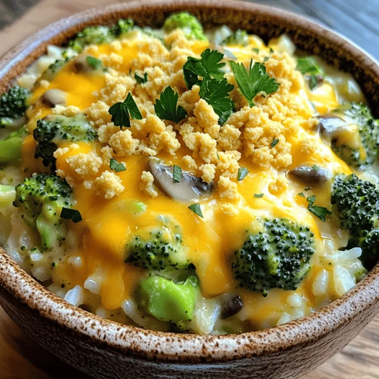 - 4 cups fresh broccoli florets - 1 cup cooked rice (white or brown) - 1 cup shredded sharp cheddar cheese - 1 cup cream of mushroom soup - 1/2 cup milk - 1/2 teaspoon garlic powder - 1/2 teaspoon onion powder - Salt and pepper to taste - 1/2 cup crushed crackers (like Ritz or butter crackers) - 2 tablespoons melted butter Feel free to customize this dish! You can add cooked chicken, diced ham, or even some sautéed onions for extra flavor. You might also replace the cheddar with mozzarella or gouda for a different taste. Each serving has about 300 calories. It contains around 15 grams of fat and 12 grams of protein. Broccoli is a great source of vitamins K and C, and it helps support your immune system. Cheese adds calcium and protein, making this dish not only tasty but also nutritious. How to prepare the broccoli and rice Start by boiling water in a large pot. Add 4 cups of fresh broccoli florets. Blanch the broccoli for 2-3 minutes. You want it bright green and slightly tender. Drain the broccoli and set it aside. Next, cook 1 cup of rice. You can use white or brown rice. Once cooked, let the rice cool a bit before mixing. Mixing the casserole ingredients In a big bowl, combine the cooked rice, 3/4 cup of shredded sharp cheddar cheese, 1 cup of cream of mushroom soup, and 1/2 cup of milk. Add 1/2 teaspoon of garlic powder and 1/2 teaspoon of onion powder. Season with salt and pepper to taste. Mix everything until well combined. Gently fold in the blanched broccoli, ensuring it is evenly mixed with the rice blend. Temperature and time guidelines Preheat your oven to 350°F (175°C). Once your mixture is ready, transfer it into a greased 9x13 inch baking dish. Spread the mixture evenly across the dish. Tips to ensure even baking To add crunch, mix 1/2 cup of crushed crackers with 2 tablespoons of melted butter and the remaining 1/4 cup of cheddar cheese. Sprinkle this mixture on top of the casserole. Bake in the preheated oven for 25-30 minutes. Keep an eye on it. Look for melted cheese and a golden-brown top. Once done, let it cool for a few minutes before serving. For the full recipe, refer to the section above. To make your casserole creamy, use plenty of cheese and soup. The cream of mushroom soup adds moisture and flavor. Mix it well with rice and broccoli. For added richness, use full-fat milk. This makes every bite delicious and smooth. To avoid mushy broccoli, blanch it briefly. Cook it in boiling water for just 2-3 minutes. This keeps the bright green color and crispness. After blanching, drain and quickly cool it in ice water. This step is key to keeping your broccoli fresh. Spices can boost the flavor of your casserole. Try adding a pinch of paprika for warmth. A bit of cayenne pepper can add a nice kick. Fresh herbs like thyme or parsley can also brighten up the dish. If you want to add protein, consider cooked chicken or ham. This makes the meal more filling. You can also mix in some beans for a plant-based option. Just ensure any protein is cooked before mixing it in. For the full recipe, check out the Easy Cheesy Broccoli Casserole section. {{image_2}} You can use many types of cheese in this casserole. Sharp cheddar gives a strong flavor. Monterey Jack adds creaminess. Mozzarella melts well and makes it gooey. For a twist, try Parmesan for a nutty taste. If you want a dairy-free option, use vegan cheese. Look for brands that melt well, like cashew or almond cheese. Crushed crackers are a classic topping, but you can mix it up. Try panko breadcrumbs for extra crunch. You can also use toasted nuts like almonds or walnuts for a nutty bite. For a kick, sprinkle on some crushed red pepper flakes. You can even mix in herbs like parsley or thyme for added flavor. To keep your Easy Cheesy Broccoli Casserole fresh, first let it cool completely. Then, place it in an airtight container. Cover it tightly to prevent moisture loss. Store it in the fridge for up to 4 days. For longer storage, freezing is a great option. Use a freezer-safe container and leave some space at the top. This space allows for expansion when the casserole freezes. You can enjoy it for up to 3 months in the freezer. When you’re ready to enjoy leftovers, reheating is key. The best method is to use the oven. Preheat it to 350°F (175°C). Place the casserole in a baking dish, cover it with foil, and heat for about 20 minutes. This method keeps the texture nice and creamy. If you're short on time, you can also use the microwave. Heat it in short bursts of 1-2 minutes, stirring in between. To refresh the dish, consider adding a sprinkle of cheese or fresh herbs before serving. This little touch can make it feel new again. Can I make this dish ahead of time? Yes, you can prepare this casserole a day early. Just follow the recipe up to the baking step. Cover it well and store it in the fridge. When you're ready, bake it straight from the fridge. You may need to add a few extra minutes to the baking time. Is it possible to make this recipe gluten-free? Absolutely! Use gluten-free crackers instead of regular ones. Also, check that your cream of mushroom soup does not contain gluten. Many brands offer gluten-free versions, so you can enjoy this dish without worry. Can I use frozen broccoli instead of fresh? Yes, frozen broccoli works well. Just thaw and drain it before adding it to the dish. You may need to adjust the cooking time slightly, as frozen broccoli can release more water. What if I don’t have cream of mushroom soup? No problem! You can use cream of chicken soup or even a homemade white sauce. Mix in some mushrooms for flavor if you like. This keeps the dish creamy and delicious. Suggested sides to pair with the casserole Pair your casserole with a simple green salad or some crusty bread. The fresh crunch of the salad complements the creamy casserole perfectly. You can also serve it with baked chicken or fish for a complete meal. Ideas for meal preparation with this dish This casserole is great for meal prep. You can portion it into containers for easy lunches. It also freezes well, so you can make extra for busy days. Just reheat and enjoy! For the full recipe, refer to the Easy Cheesy Broccoli Casserole section. You learned how to make a delicious cheesy broccoli casserole. We covered the best ingredients, steps, and tips. This dish is easy to customize and offers great health benefits. You can also store leftovers for later. If you try this recipe, explore different cheese and topping options too. Your meals can be simple but still full of flavor. Enjoy this dish as a comforting favorite or a new family tradition. Happy cooking and sharing!