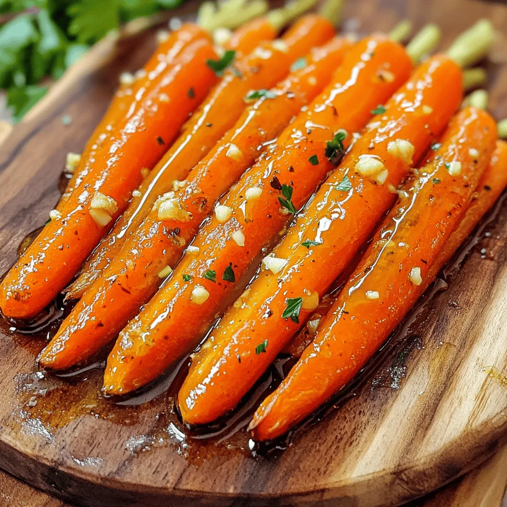 - 1 pound baby carrots (or regular carrots, peeled and cut into sticks) - 3 tablespoons honey - 3 tablespoons olive oil - 4 cloves garlic, minced - 1 teaspoon fresh thyme leaves (or ½ teaspoon dried thyme) - Salt and pepper to taste - Optional: Chopped fresh parsley for garnish When making honey garlic roasted carrots, choose your carrots wisely. Freshness is key. Look for carrots that feel firm and have a vibrant color. Baby carrots are sweet and tender, making them a great choice. If you pick regular carrots, peel and cut them into sticks for even cooking. - Choose firm and smooth carrots. - Avoid carrots with soft spots or cracks. - Look for vibrant colors to ensure freshness. For flavor boosts, consider adding a pinch of red pepper flakes or a squeeze of lemon juice. These enhance the honey and garlic without overpowering the dish. Fresh herbs like rosemary or dill can also add a unique twist. - Red pepper flakes for some heat - Lemon juice for a zing - Fresh herbs like rosemary or dill Using these tips, you can make this dish your own. It's all about finding flavors you enjoy. Try experimenting with different herbs and spices to create your perfect honey garlic roasted carrots. For the full recipe, check out the detailed instructions. First, preheat your oven to 400°F (200°C). This helps the carrots roast well. Next, take a large mixing bowl. In this bowl, combine 3 tablespoons of honey, 3 tablespoons of olive oil, 4 minced garlic cloves, 1 teaspoon of fresh thyme, salt, and pepper. Whisk them together until they mix well. This honey-garlic glaze will give your carrots a sweet and savory taste. Now, add 1 pound of baby carrots to the bowl. Toss them well to coat each carrot with the glaze. To make sure the glaze sticks, you should coat the carrots evenly. Use your hands to mix if you need. Then, line a baking sheet with parchment paper or lightly grease it. Spacing the carrots is key. Spread them in a single layer. This way, they roast evenly without steaming. Place the baking sheet in the preheated oven. Roast the carrots for about 25-30 minutes. Stir them halfway through to ensure they cook evenly. You’ll know they are done when they are tender and slightly caramelized. To check for doneness, pierce a carrot with a fork. If it goes in easily, they are ready. For the full recipe, you can refer to the section above. Enjoy the sweet and garlicky flavor of your roasted carrots! To get crispy yet tender carrots, start by cutting them into even pieces. This helps them cook evenly. Use baby carrots for a sweet bite or regular carrots for more flavor. I like to coat them well with the honey-garlic mixture. This glaze helps caramelize the carrots. For the best results, position your baking sheet in the middle of the oven. This allows for even heat circulation. Stir the carrots halfway through roasting. This step promotes even caramelization and prevents burning. You can prep the carrots ahead of time. Just wash and cut them into the desired shape. Store them in an airtight container in the fridge for up to two days. You can also mix the honey-garlic glaze in advance. Keep it in a separate container. Just combine everything when you are ready to cook. This saves time and makes dinner easier. Honey garlic roasted carrots pair well with many dishes. Serve them alongside grilled chicken or fish. They also complement quinoa or couscous nicely. For a beautiful presentation, arrange the carrots on a platter. Sprinkle fresh parsley on top for color. This simple touch makes the dish look gourmet. You can also serve them warm or at room temperature for a casual meal. For the full recipe, check out the complete instructions above. {{image_2}} You can easily switch up the flavor of these honey garlic roasted carrots. Try adding spices like cumin, paprika, or even a pinch of cayenne pepper for heat. If you enjoy citrus, add some fresh orange or lemon juice. This gives the dish a bright, zesty flavor. For a sweet and spicy twist, mix in some sriracha or chili flakes. These changes can make this dish even more exciting. If you want to change the veggies, use parsnips, sweet potatoes, or bell peppers. Each brings a unique flavor and texture. You can also use frozen carrots if fresh ones are not available. For a gluten-free option, this recipe is already safe, as no gluten ingredients are used. If you're vegan, swap honey with maple syrup or agave nectar. This keeps the dish sweet without any animal products. Explore different cuisines by adding herbs and spices from around the world. For a Mediterranean flair, try adding oregano or basil. If you want an Asian touch, use sesame oil and sprinkle sesame seeds on top. For a South American vibe, cilantro and lime can brighten the dish. These international twists can make your honey garlic roasted carrots even more flavorful. Check out the Full Recipe for more tips and ideas. To keep your honey garlic roasted carrots fresh, place them in an airtight container. Store the container in the fridge. They stay tasty for about 3 to 5 days. Make sure to cool them down before sealing. This helps keep moisture out and flavor in. You can reheat your carrots in two ways: the microwave or the oven. The microwave is quick but may make them soft. To retain their texture and flavor, I recommend using the oven. Preheat it to 350°F (175°C). Spread the carrots on a baking tray, and heat for about 10 minutes. This keeps them crisp and delicious. Yes, you can freeze honey garlic roasted carrots! First, let them cool completely. Then, place them in a freezer-safe bag or container. Remove as much air as possible to prevent freezer burn. When you're ready to eat them, thaw in the fridge overnight. Reheat them in the oven for the best taste and texture. - How long to cook baby carrots? You should roast baby carrots for about 25-30 minutes at 400°F (200°C). Check them halfway through. Stirring helps them cook evenly. They should be tender and slightly caramelized when done. - Can I use regular carrots instead of baby carrots? Yes, you can! Just peel and cut regular carrots into sticks. They will take about the same time to roast. The flavor will still shine through. - What are the health benefits of carrots? Carrots are rich in beta-carotene, which is good for your eyes. They also have fiber, which helps digestion. Plus, they are low in calories, making them a great snack. - Caloric content and serving size details One serving of honey garlic roasted carrots (about 1/4 of the recipe) has roughly 120 calories. This includes all the healthy fats and sugars from the honey and olive oil. - How to adjust the recipe for more servings To serve more people, just double or triple the ingredients. Make sure to use a bigger baking sheet so the carrots roast well. - Scaling for large gatherings or meal prep For large gatherings, batch cooking helps. You can roast multiple trays at once. Just keep an eye on the time and check for doneness. For the complete recipe, check out the [Full Recipe]. Honey garlic roasted carrots offer great taste and healthy benefits. We explored ingredients, tips for selecting carrots, instructions, and storage methods. Remember, the right carrots make a big difference. Try adding different spices or herbs for a new twist. Enjoy your dish and impress others with your cooking! With these tips, you can create a flavorful side that everyone will love. Don't hesitate to experiment and find your favorite variations!