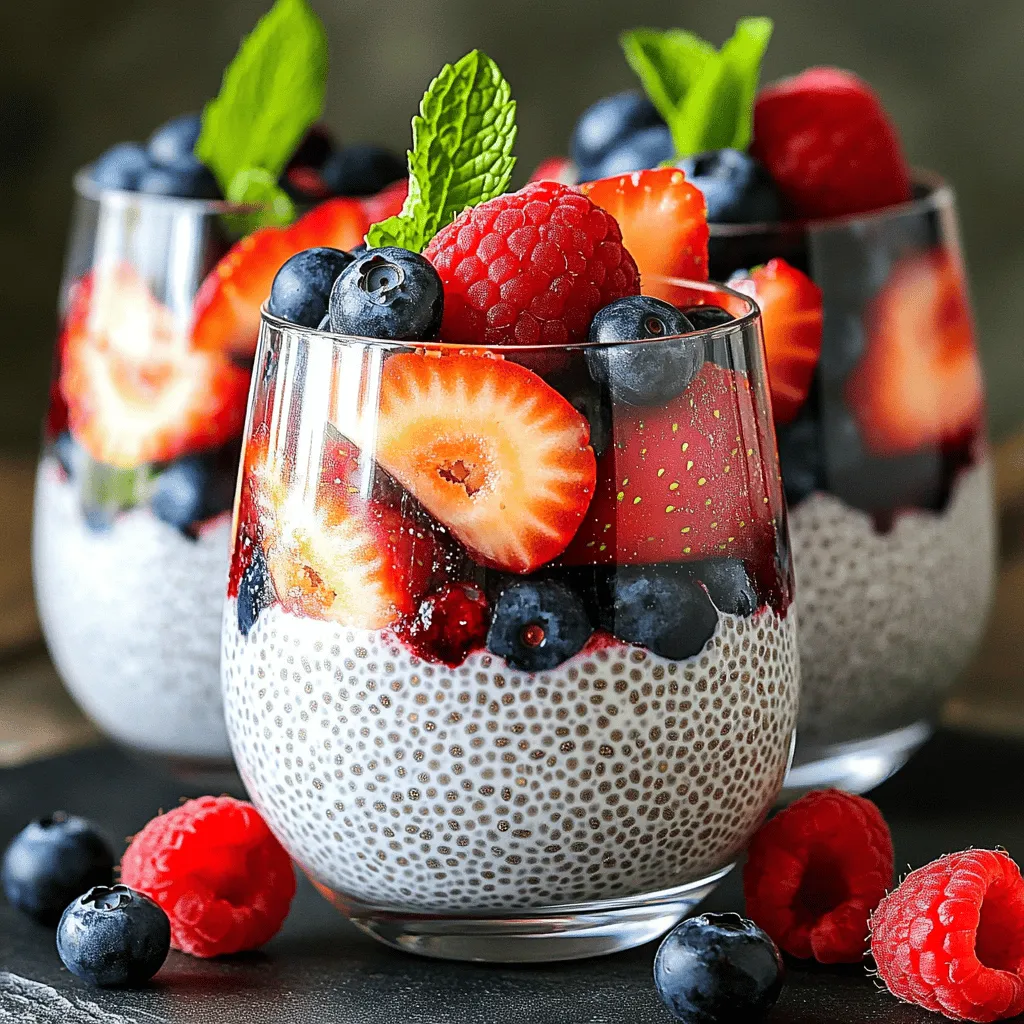 - 1 cup coconut milk (or almond milk) - 1/4 cup chia seeds - 2 tablespoons maple syrup (or honey) - 1 teaspoon vanilla extract - 1/2 cup mixed berries (strawberries, blueberries, raspberries) - A pinch of salt - Fresh mint leaves for garnish What are the health benefits of chia seeds? Chia seeds are packed with fiber, protein, and healthy fats. They help keep you full and support digestion. When you soak them, they expand, making them great for pudding. These tiny seeds also supply omega-3 fatty acids, which are good for your heart. What are the antioxidant properties of mixed berries? Mixed berries like strawberries, blueberries, and raspberries are full of antioxidants. Antioxidants fight free radicals in your body. This helps reduce inflammation and supports overall health. Plus, they add a burst of flavor that makes this pudding delightful. What is the nutritional breakdown of coconut milk vs. almond milk? Coconut milk is creamier and richer in flavor. It has more fat, which can keep you full longer. Almond milk is lighter and lower in calories. It has some vitamins and minerals but less fat. Both options work well, so pick what you like best for your pudding. You can find the full recipe to create this nutrient-rich dish at the end of this section. Start by grabbing a medium bowl. In this bowl, whisk together the coconut milk, chia seeds, maple syrup, vanilla extract, and a pinch of salt. Mix until everything blends well. Let the mixture sit for about 10 minutes. This allows the chia seeds to soak up some liquid. After 10 minutes, give it another good whisk. This step helps keep the chia seeds from clumping together. Now, cover the bowl and refrigerate it. Let it chill for at least 4 hours, or even overnight. This time allows the chia seeds to absorb all the liquid and thicken the pudding. Once it has set, take the pudding out of the fridge. Gently fold in your mixed berries. These berries add color and flavor. Finally, serve the pudding in individual cups or bowls. You can top it with extra berries and mint leaves for a fresh touch. For a fun and appealing look, serve the pudding in clear glasses. This way, everyone can see the beautiful layers of pudding and berries. You can also drizzle a little extra coconut milk on top. This adds richness and makes it look even better. If you want to impress your guests, this simple touch can elevate your dish! - Preventing clumping of chia seeds: After mixing your ingredients, let them sit for about 10 minutes. Then whisk it again. This step stops the seeds from clumping. If you skip this, you may end up with a lumpy pudding. - Ensuring proper thickness of pudding: The chia seeds need enough time to soak. If you don't let it sit long enough, the texture won't be right. Aim for at least 4 hours or overnight in the fridge for the best results. - Suggestions for flavor variations: You can add cocoa powder for a chocolate twist. Nut butters also work great for a creamy taste. Try almond or peanut butter for a rich flavor. - Textural enhancements: Adding granola or nuts can bring a nice crunch. This contrast makes each bite exciting. Consider topping your pudding with sliced almonds or a sprinkle of granola. - Optimal serving sizes: A serving of chia pudding is about half a cup. This size is filling and gives you a good mix of nutrients. - Customization for dietary preferences: This recipe is naturally vegan and gluten-free. You can use almond or coconut milk to suit your taste. Feel free to swap ingredients based on your needs. {{image_2}} You can easily mix up your berry chia pudding. Try a tropical version by adding mango or pineapple. The sweet, juicy fruit pairs well with the creamy texture. You can also make a chocolate berry chia pudding. Just mix in some cocoa powder. It adds a rich, decadent taste that chocolate lovers will enjoy. If you want to switch things up, you can use different milk. Oat or soy milk works great as a base. They both give a nice flavor and creaminess. You can also change the sweetener. Instead of maple syrup, try agave or stevia. These options can help cut down on sugar while keeping it sweet. Using seasonal fruits adds a fun twist. In summer, peaches are juicy and sweet. They make a lovely addition to your pudding. In fall, try adding chopped apples. They add a nice crunch and warmth to the dish. This way, you can enjoy berry chia pudding all year round. You can store berry chia pudding in the fridge for up to five days. Use a sealed container to keep it fresh. If you have extra pudding, you can freeze it. Pour it into an ice cube tray for easy portions. Just remember to thaw it overnight in the fridge when you want to eat it. Leftover chia pudding can be fun! You can blend it into smoothies for a creamy texture. It adds nutrition and flavor. Try mixing it into desserts like parfaits or yogurt bowls. You can also use it in breakfast dishes. Spread it on toast or mix it with oatmeal for a tasty twist. Labeling your containers is key. Write the date on each one so you know how long it's been stored. It helps avoid any guessing games about freshness. Use a simple marker or tape for clear notes. This way, you can enjoy your berry chia pudding at its best! Berry chia pudding stays fresh for about 5 days in the fridge. Store it in an airtight container. After this time, the texture may change, and it may not taste as good. Yes, you can use frozen berries! They are convenient and often cheaper. Frozen berries are picked at peak ripeness, so they still taste great. Just remember to thaw them first. This helps avoid extra liquid in your pudding. You can serve chia pudding in clear cups to show off its layers. Add fresh berries on top for color. A drizzle of extra coconut milk makes it look fancy. You can even add some granola for crunch. This gives great texture and flavor. Chia seeds are packed with nutrients. They have fiber, protein, and omega-3 fatty acids. These help with digestion and heart health. Adding them to your diet can be very beneficial. Aim for 1-2 tablespoons a day to enjoy their health benefits. To make your chia pudding thicker, adjust the chia seed-to-liquid ratio. Use more chia seeds or less liquid. A good starting point is 1/4 cup chia seeds to 1 cup of liquid. This will give you a nice, thick texture. Chia pudding is easy and fun to make. You learned about key ingredients like chia seeds and mixed berries. Each serves a great health purpose. I shared steps for preparing and serving the pudding. Plus, I offered tips to avoid mistakes and ideas for tasty variations. Remember, you can mix things up with flavors and seasonal fruits. Store your leftovers well and use them later. Enjoy creating your own chia pudding masterpiece, and feel free to experiment!