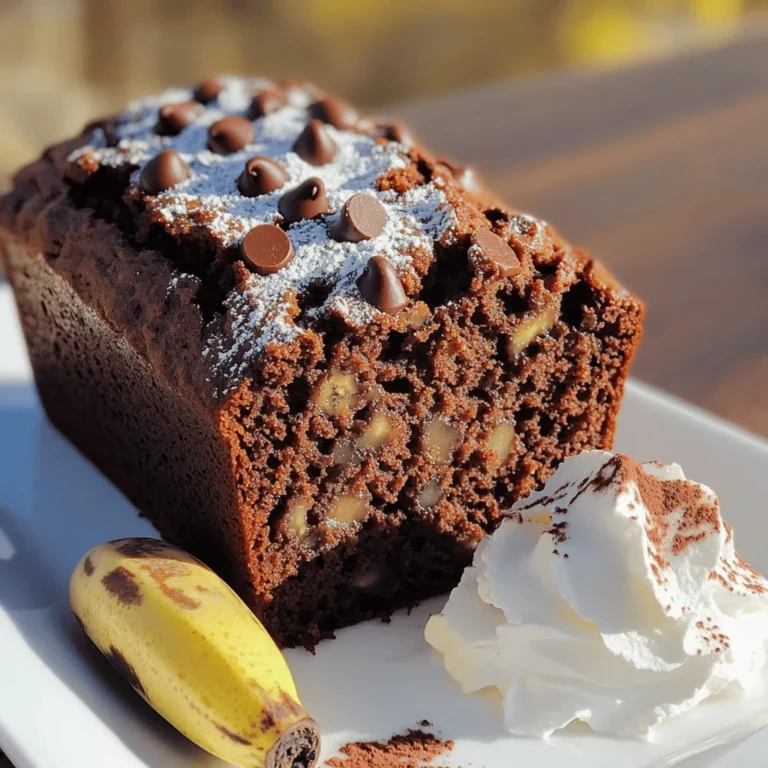 - 3 ripe bananas, mashed - 1/2 cup unsalted butter, melted - 1/2 cup brown sugar - 1/4 cup granulated sugar - 2 large eggs - 1 teaspoon vanilla extract - 1 teaspoon baking soda - 1/2 teaspoon salt - 1 cup all-purpose flour - 1/2 cup unsweetened cocoa powder - 1/2 cup semi-sweet chocolate chips - 1/4 cup chopped walnuts (optional) In this double chocolate banana bread, every ingredient plays a big role. The ripe bananas add natural sweetness and moisture. The butter gives a rich flavor and soft texture. The brown sugar brings a hint of caramel, while the granulated sugar adds sweetness. Eggs help bind everything and create a fluffy loaf. Vanilla extract adds a warm aroma. Baking soda helps the bread rise, while salt balances the flavors. All-purpose flour gives structure, and cocoa powder provides that deep chocolate taste. Chocolate chips melt into gooey pockets of chocolate goodness. If you like, add walnuts for crunch. I love how these ingredients come together to create a treat that is both rich and comforting. For the full recipe, check out the details that follow. - Preheat your oven to 350°F (175°C). - Grease a 9x5-inch loaf pan with butter or cooking spray. - In a large bowl, combine mashed bananas with melted butter. - Stir in brown sugar and granulated sugar until smooth. - In another bowl, whisk together baking soda, salt, flour, and cocoa powder. - Merge the wet and dry ingredients gently. - Fold in chocolate chips and walnuts if you like. - Pour the batter into the greased loaf pan. - Bake for 50-60 minutes. Check with a toothpick; it should come out clean. This is how you create a delicious double chocolate banana bread. For the full recipe, click here. Enjoy the process and the tasty results! To get a great texture in your double chocolate banana bread, avoid over-mixing the batter. When you mix too much, the bread can become tough. Mix until the ingredients just combine. This keeps the bread light and soft. For a moist loaf, use ripe bananas. The riper they are, the sweeter and softer they become. A little extra banana can add more moisture too. You can switch things up by using dark chocolate chips or chunks instead of semi-sweet. Dark chocolate gives a richer taste. For a fun twist, add a chocolate swirl. Simply drop spoonfuls of chocolate batter on top and use a knife to swirl it in. This adds layers of chocolatey goodness. Serve your banana bread warm for the best taste. You can top it with whipped cream or a scoop of vanilla ice cream. This makes each bite even better. Garnish with a sprinkle of cocoa powder for a nice touch. Enjoy it fresh from the oven or at room temperature. Each way is delicious! For the full recipe, check out the recipe section above. {{image_2}} You can make this banana bread gluten-free by swapping all-purpose flour. Use almond flour or coconut flour instead. Almond flour adds a nutty taste, while coconut flour makes it light. Adjust the amount slightly since these flours absorb more liquid. Start with the same amount and add more if needed. If you want a nut-free option, just skip the walnuts. Instead, try adding sunflower seeds. They add a nice crunch and pack in some nutrients. Make sure to check for any allergies in your guests before serving. You can boost the flavor with spices. Adding a teaspoon of cinnamon or nutmeg gives it warmth. For a deeper taste, try a splash of coffee. This makes the chocolate flavor pop even more. Experiment with these ideas to find your favorite twist on this classic recipe. To keep your double chocolate banana bread fresh, wrap it well. Use plastic wrap or foil. Store it at room temperature in a cool, dry place. Avoid direct sunlight. If you want it to last longer, put it in an airtight container. This keeps it moist and tasty. Freezing is a great way to save banana bread. First, slice the bread before freezing. This makes it easy to grab a piece later. Wrap each slice in plastic wrap, then put them in a freezer bag. Be sure to remove as much air as possible. To thaw, just take out a slice and let it sit at room temperature. You can also warm it up in the microwave for a few seconds. At room temperature, the banana bread lasts about 3 to 4 days. If you keep it in the fridge, it can last up to a week. However, the cold can change the texture. For the best taste, enjoy it fresh or freeze it for later. If you follow these tips, your delicious double chocolate banana bread will stay fresh and yummy! For the full recipe, check out the link. You can tell your banana bread is done by checking a few signs. First, look for a golden brown crust on top. Next, insert a toothpick into the center. If it comes out clean or with just a few crumbs, your bread is ready. Finally, gently press on the top. It should feel firm and spring back. If it sinks, it needs more time. Yes, you can make this recipe ahead of time. Bake the banana bread and let it cool completely. Then, wrap it tightly in plastic wrap. Store it at room temperature for up to three days. For longer storage, freeze the loaf. Just slice it before freezing. This way, you can take out one slice at a time. Dense banana bread can come from a few common causes. Over-mixing the batter can make it tough. Always mix until just combined. Another reason is using too many bananas. Stick to the recipe for best results. If your bananas are too ripe, they can also add extra moisture. Balance is key for a light loaf. If you need to replace bananas, there are a few options. Applesauce works well, giving moisture and sweetness. You can also use pureed pumpkin for a different flavor. Mashed avocados can provide healthy fats and a creamy texture. Just remember, these substitutes may change the taste a bit, but they can still be delicious. Now you know how to make delicious banana chocolate bread. We discussed key ingredients and steps, along with tips for texture and serving. You learned fun variations, like gluten-free or nut-free options. Finally, I shared storage tips to keep your bread fresh. Enjoying your creation is the best part. This recipe makes a tasty treat for anyone. Get baking, and share it with friends!
