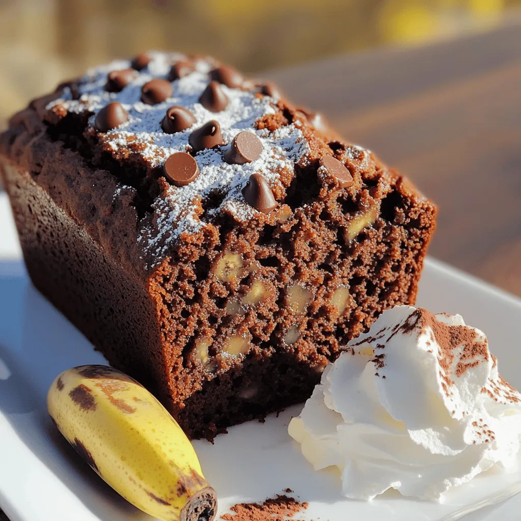 - 3 ripe bananas, mashed - 1/2 cup unsalted butter, melted - 1/2 cup brown sugar - 1/4 cup granulated sugar - 2 large eggs - 1 teaspoon vanilla extract - 1 teaspoon baking soda - 1/2 teaspoon salt - 1 cup all-purpose flour - 1/2 cup unsweetened cocoa powder - 1/2 cup semi-sweet chocolate chips - 1/4 cup chopped walnuts (optional) In this double chocolate banana bread, every ingredient plays a big role. The ripe bananas add natural sweetness and moisture. The butter gives a rich flavor and soft texture. The brown sugar brings a hint of caramel, while the granulated sugar adds sweetness. Eggs help bind everything and create a fluffy loaf. Vanilla extract adds a warm aroma. Baking soda helps the bread rise, while salt balances the flavors. All-purpose flour gives structure, and cocoa powder provides that deep chocolate taste. Chocolate chips melt into gooey pockets of chocolate goodness. If you like, add walnuts for crunch. I love how these ingredients come together to create a treat that is both rich and comforting. For the full recipe, check out the details that follow. - Preheat your oven to 350°F (175°C). - Grease a 9x5-inch loaf pan with butter or cooking spray. - In a large bowl, combine mashed bananas with melted butter. - Stir in brown sugar and granulated sugar until smooth. - In another bowl, whisk together baking soda, salt, flour, and cocoa powder. - Merge the wet and dry ingredients gently. - Fold in chocolate chips and walnuts if you like. - Pour the batter into the greased loaf pan. - Bake for 50-60 minutes. Check with a toothpick; it should come out clean. This is how you create a delicious double chocolate banana bread. For the full recipe, click here. Enjoy the process and the tasty results! To get a great texture in your double chocolate banana bread, avoid over-mixing the batter. When you mix too much, the bread can become tough. Mix until the ingredients just combine. This keeps the bread light and soft. For a moist loaf, use ripe bananas. The riper they are, the sweeter and softer they become. A little extra banana can add more moisture too. You can switch things up by using dark chocolate chips or chunks instead of semi-sweet. Dark chocolate gives a richer taste. For a fun twist, add a chocolate swirl. Simply drop spoonfuls of chocolate batter on top and use a knife to swirl it in. This adds layers of chocolatey goodness. Serve your banana bread warm for the best taste. You can top it with whipped cream or a scoop of vanilla ice cream. This makes each bite even better. Garnish with a sprinkle of cocoa powder for a nice touch. Enjoy it fresh from the oven or at room temperature. Each way is delicious! For the full recipe, check out the recipe section above. {{image_2}} You can make this banana bread gluten-free by swapping all-purpose flour. Use almond flour or coconut flour instead. Almond flour adds a nutty taste, while coconut flour makes it light. Adjust the amount slightly since these flours absorb more liquid. Start with the same amount and add more if needed. If you want a nut-free option, just skip the walnuts. Instead, try adding sunflower seeds. They add a nice crunch and pack in some nutrients. Make sure to check for any allergies in your guests before serving. You can boost the flavor with spices. Adding a teaspoon of cinnamon or nutmeg gives it warmth. For a deeper taste, try a splash of coffee. This makes the chocolate flavor pop even more. Experiment with these ideas to find your favorite twist on this classic recipe. To keep your double chocolate banana bread fresh, wrap it well. Use plastic wrap or foil. Store it at room temperature in a cool, dry place. Avoid direct sunlight. If you want it to last longer, put it in an airtight container. This keeps it moist and tasty. Freezing is a great way to save banana bread. First, slice the bread before freezing. This makes it easy to grab a piece later. Wrap each slice in plastic wrap, then put them in a freezer bag. Be sure to remove as much air as possible. To thaw, just take out a slice and let it sit at room temperature. You can also warm it up in the microwave for a few seconds. At room temperature, the banana bread lasts about 3 to 4 days. If you keep it in the fridge, it can last up to a week. However, the cold can change the texture. For the best taste, enjoy it fresh or freeze it for later. If you follow these tips, your delicious double chocolate banana bread will stay fresh and yummy! For the full recipe, check out the link. You can tell your banana bread is done by checking a few signs. First, look for a golden brown crust on top. Next, insert a toothpick into the center. If it comes out clean or with just a few crumbs, your bread is ready. Finally, gently press on the top. It should feel firm and spring back. If it sinks, it needs more time. Yes, you can make this recipe ahead of time. Bake the banana bread and let it cool completely. Then, wrap it tightly in plastic wrap. Store it at room temperature for up to three days. For longer storage, freeze the loaf. Just slice it before freezing. This way, you can take out one slice at a time. Dense banana bread can come from a few common causes. Over-mixing the batter can make it tough. Always mix until just combined. Another reason is using too many bananas. Stick to the recipe for best results. If your bananas are too ripe, they can also add extra moisture. Balance is key for a light loaf. If you need to replace bananas, there are a few options. Applesauce works well, giving moisture and sweetness. You can also use pureed pumpkin for a different flavor. Mashed avocados can provide healthy fats and a creamy texture. Just remember, these substitutes may change the taste a bit, but they can still be delicious. Now you know how to make delicious banana chocolate bread. We discussed key ingredients and steps, along with tips for texture and serving. You learned fun variations, like gluten-free or nut-free options. Finally, I shared storage tips to keep your bread fresh. Enjoying your creation is the best part. This recipe makes a tasty treat for anyone. Get baking, and share it with friends!