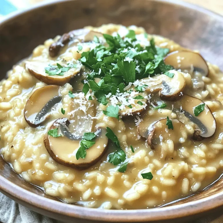 - 1 cup Arborio rice - 250g mixed mushrooms (cremini, shiitake, portabella), sliced - 4 cups vegetable broth To make a great creamy mushroom risotto, you need the right ingredients. Arborio rice is key. It has a high starch content, which gives risotto its creamy texture. Mixed mushrooms add depth and umami flavor. I love using cremini, shiitake, and portabella for variety. Vegetable broth is essential too, as it adds flavor and moisture to the dish. - 1 small onion, finely chopped - 2 cloves garlic, minced - 1/2 cup grated Parmesan cheese (or a vegan alternative) - 1/4 cup heavy cream (or coconut cream for vegan) You can enhance your risotto with optional ingredients. Onions and garlic give a savory base. Adding cheese makes the dish richer. If you want a vegan twist, use a vegan cheese and coconut cream. These small changes can make a big difference. - Salt and black pepper, to taste - Fresh parsley, chopped, for garnish Seasoning is important in cooking. Salt and black pepper bring out the flavors. Fresh parsley adds color and freshness. It makes the dish look pretty and adds a nice taste too. Use these seasonings to make your creamy mushroom risotto truly shine. For the full recipe, check out the detailed instructions. To start, you need warm broth. I heat 4 cups of vegetable broth in a saucepan. Keep it on low heat so it stays warm. This helps the rice cook evenly. Next, we sauté the base for the risotto. In a large skillet, I add 3 tablespoons of olive oil and 1 tablespoon of butter over medium heat. Then, I add 1 small finely chopped onion. Cook it for about 5 minutes until it turns translucent. After that, I stir in 2 cloves of minced garlic. Cook for about a minute before adding the mushrooms. Use about 250g of mixed mushrooms, like cremini and shiitake. Sauté the mushrooms for 5-7 minutes until they are soft and release their moisture. Now, it’s time to cook the risotto. Add 1 cup of Arborio rice to the skillet. Stir well to coat the rice with the oil and mushroom mix. Toast the rice for about 2 minutes; it should look slightly translucent. Next, I start adding the warm vegetable broth, one ladle at a time. Stir constantly and let the rice absorb most of the broth before adding more. Repeat this until the rice is creamy and al dente. This should take around 18-20 minutes. How do I know when the risotto is done? Look for a creamy texture with tender rice. The grains should be firm but not hard. Once it’s cooked, lower the heat. I stir in 1/2 cup of grated Parmesan cheese and 1/4 cup of heavy cream. Mix until everything is well combined. Season with salt and black pepper to taste. For the full recipe, you can check the details above. Enjoy your cooking! Stirring is key to a great risotto. You need to stir often. This helps release the starch from the rice. The starch gives risotto its creamy texture. You want the rice to be al dente, firm but not hard. It should be tender with a slight bite. One big mistake is overcooking the rice. If you cook it too long, it turns mushy. Always keep an eye on the texture. Another mistake is skipping warming the broth. Cold broth shocks the rice and slows cooking. Always keep broth warm in a separate pot. To make the risotto extra creamy, add more cheese or cream. This boosts the richness and flavor. You can also use coconut cream for a vegan option. For storing leftovers, put them in an airtight container. Risotto can thicken when it cools. When reheating, add a splash of broth or water to bring back creaminess. You can find the Full Recipe in the article. {{image_2}} You can easily make this dish vegetarian or vegan. To replace cheese and cream, try using plant-based alternatives. For cheese, use nutritional yeast or a cashew-based cheese. Instead of heavy cream, coconut cream works well and adds a nice richness. Adding more plant-based ingredients can enhance flavor and texture. Consider tossing in some spinach or kale for a pop of color and nutrition. Peas also add a lovely sweetness to the dish. While cremini, shiitake, and portabella mushrooms are great, you can experiment with other types. Try adding oyster or chanterelle mushrooms for a unique taste. Each type of mushroom brings its own flavor and texture. To enhance flavors even more, consider adding garlic powder or a splash of white wine during cooking. These add depth and richness to your risotto. You can add herbs or spices to change the flavor profile. Fresh thyme or rosemary pairs well with mushrooms. A pinch of red pepper flakes can add a gentle heat. Incorporating seasonal vegetables can make your risotto even more special. Asparagus in spring or butternut squash in fall can add freshness and a seasonal twist. Use your imagination and have fun with ingredients! For the full recipe, check out the Creamy Mushroom Risotto section above. To store leftover risotto, place it in an airtight container. Make sure it cools first. This keeps it fresh and avoids spoilage. Store the container in the fridge for up to three days. When you are ready to enjoy it again, reheat it gently. To reheat without losing creaminess, add a splash of broth or water. Heat it on low in a pan, stirring often. This helps bring back its creamy texture. Microwaving is also an option. Just cover it loosely and add liquid like broth. Stir halfway for even heating. Can you freeze creamy risotto? Yes, but it may change in texture. To freeze, use a freezer-safe container. Leave some space for expansion. Risotto can last up to two months in the freezer. For thawing, move it to the fridge overnight. Reheat it in a pan, adding broth as needed. This will help revive its creaminess. You can also microwave it, stirring occasionally. Enjoy your creamy mushroom risotto anytime! For the full recipe, check out the detailed section above! Creamy mushroom risotto lasts about three to four days in the fridge. Make sure you store it in an airtight container. This helps keep it fresh. If you see any signs of spoilage, throw it away. Yes, you can make creamy mushroom risotto ahead of time. To do this, cook it fully and let it cool. Then, store it in the fridge. When you are ready to eat, reheat it on the stove. Add a splash of broth to bring back creaminess. Arborio rice is the best choice for risotto. It has a high starch content, which gives risotto its creamy texture. You can also use Carnaroli or Vialone Nano rice. These varieties work well too, but Arborio is most common. If your risotto is too runny, you can fix it. Cook it on low heat without adding more broth. Stir it often to help it thicken. If needed, you can add more Arborio rice. Just let it cook a bit longer. Yes, you can use chicken broth. It will add a richer flavor to your risotto. Just keep in mind that it will change the dish to a non-vegetarian option. Both broths will give your dish a different taste, so choose what you like best. For the full recipe, check out the [Full Recipe]. Creamy mushroom risotto is an art that combines simple ingredients to create a rich dish. We covered essential items like Arborio rice and mixed mushrooms, and optional additions for extra flavor. I shared step-by-step instructions and expert tips to help you avoid common mistakes. Remember, the key to creamy risotto lies in your technique. With practice, you can make this dish your own. Experiment with variations and enjoy every bite. Happy cooking!