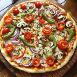 To make a great veggie pizza, gather these key items: - 1 pre-made pizza dough - 1/2 cup pizza sauce - 1 cup shredded mozzarella cheese Choose colorful toppings to make your pizza pop: - Mix red and green bell peppers for a sweet crunch. - Add halved cherry tomatoes for a burst of flavor. - Use sliced mushrooms for an earthy touch. Add some zest with these herbs and oils: - Sprinkle dried oregano and basil for classic taste. - Drizzle olive oil to enhance the flavors. These ingredients will set you up for a delicious veggie pizza. For the full recipe, check out Easy Veggie Pizza. To start, roll out your pizza dough. Use a floured surface to prevent sticking. Aim for a thickness of about a quarter-inch. If the dough resists, let it rest for a few minutes. This makes it easier to roll out. Now, let's transfer the dough. You can use a rolling pin to help. Gently lift the dough and place it on your baking surface. If you're using a pizza stone, make sure it's hot. This helps the crust get crisp. Next, spread the pizza sauce. Use the back of a spoon to create an even layer. Leave a small border around the edges for a nice crust. Now, sprinkle the shredded mozzarella cheese evenly over the sauce. This helps the veggies stick better. Time to add the toppings! Arrange your sliced bell peppers, cherry tomatoes, red onions, mushrooms, and black olives on top. Make it colorful and fun! Before baking, preheat your oven to 475°F (245°C). If you have a pizza stone, keep it inside while it heats. This gives the pizza a good base. Now, check your timing. Bake for 12 to 15 minutes. Keep an eye on the cheese; it should be bubbling and golden. The crust should turn brown and crisp. When it's done, remove your pizza and let it cool for a few minutes. Then, slice it up and enjoy! For more details, check out the Full Recipe. To get the best cheese melt, use shredded cheese. This helps it melt evenly. Spread the cheese all over the sauce, but leave some area for the toppings. For a crispy crust, preheat your oven to 475°F. If you have a pizza stone, place it in the oven while it heats. This keeps the bottom of the crust nice and crisp. You can also roll your dough thin for extra crunch. Want to add a protein? Consider cooked chicken or pepperoni for a heartier meal. You can also use tofu for a tasty, plant-based option. If you want to try a different cooking method, grilling is fun. Just make sure to use a grill-safe pan or a pizza stone. The smoke adds a unique flavor to your pizza. When it's time to serve, cut your pizza into wedges. This makes it easy to share. You can also try cutting it into squares for a fun twist. For serving, a rustic wooden board adds a nice touch. Don’t forget to garnish with fresh basil leaves or a drizzle of olive oil. These small details make your pizza look gourmet. {{image_2}} You can create many types of veggie pizza. For a Mediterranean twist, use toppings like artichokes, feta cheese, and sun-dried tomatoes. These bright flavors can make your pizza pop. For a spicy veggie pizza, add jalapeños, spicy sausage, or red pepper flakes. This heat can excite your taste buds and make your meal fun. Want a healthier option? Try a cauliflower crust instead of regular dough. It is lower in carbs and gluten-free. You can make it at home or buy it pre-made. If you are vegan, use plant-based cheese. Many brands offer great taste and melt well. This swap lets everyone enjoy pizza without dairy. Seasonal veggies can lift your pizza. In summer, add fresh zucchini, corn, and basil. These ingredients taste bright and vibrant. In winter, use hearty vegetables like spinach, butternut squash, and Brussels sprouts. They bring warmth and comfort to your dish. For more ideas, check out the Full Recipe. To keep your veggie pizza fresh, store it in the fridge. Use an airtight container for best results. If you do not have one, wrap the pizza tightly in plastic wrap. This will help prevent it from drying out. Make sure to eat the leftovers within three days for the best taste. When it's time to enjoy your leftover pizza, avoid the microwave. Microwaving can make the crust soggy. Instead, use the oven or a skillet. Preheat your oven to 375°F (190°C) and bake for about 10 minutes. This keeps the crust crispy. If you use a skillet, heat it over medium heat. Place the pizza in the skillet and cover it for about 5-7 minutes. This will heat the toppings nicely while keeping the crust firm. You can freeze veggie pizza if you want to save it for later. First, let the pizza cool completely. Then, wrap it in plastic wrap tightly. After that, place it in a freezer bag or container. Label it with the date. When you want to eat it, take it out and let it thaw in the fridge overnight. Reheat it in the oven or skillet for the best taste. This way, you can enjoy your Easy Veggie Pizza even weeks later. Check the [Full Recipe] for more great ideas! Yes, you can use homemade pizza dough. It gives a fresh taste. Pros of Homemade Dough: - You control the ingredients. - You can adjust the flavor. - It can be healthier. Cons of Homemade Dough: - It takes more time. - You need some skills to make it right. - It may not rise as well as store-bought. Store-bought dough saves time and is easy to use. Both options work great for this veggie pizza. The best vegetables for pizza add flavor and color. I love using fresh veggies. Here are my top choices: - Bell peppers: Use red and green for a mix of sweet and crunchy. - Cherry tomatoes: They burst with flavor when cooked. - Red onions: They add a nice bite to every slice. - Mushrooms: They give a savory depth. - Black olives: They add saltiness and richness. When choosing vegetables, look for bright colors and firm textures. Fresh veggies taste better and make your pizza look great! To make gluten-free pizza, try these crust options: - Cauliflower crust: This is a popular choice. It’s healthy and low in carbs. - Gluten-free pizza dough: Many stores sell pre-made gluten-free dough. - Chickpea flour crust: This option is rich in protein and fiber. Each option has a unique taste and texture. Make sure to check the labels for gluten-free ingredients. Enjoy your pizza without worry! Making veggie pizza is fun and easy. We covered essential ingredients like dough, sauce, and cheese. You now know how to choose flavorful toppings, seasonings, and extras. I shared step-by-step instructions to prepare and bake your pizza. Remember the tips to achieve that perfect crispy crust and melted cheese. Experiment with variations and healthy options to keep things interesting. Store and reheat leftovers properly for a tasty meal later. Enjoy creating your unique veggie pizza!