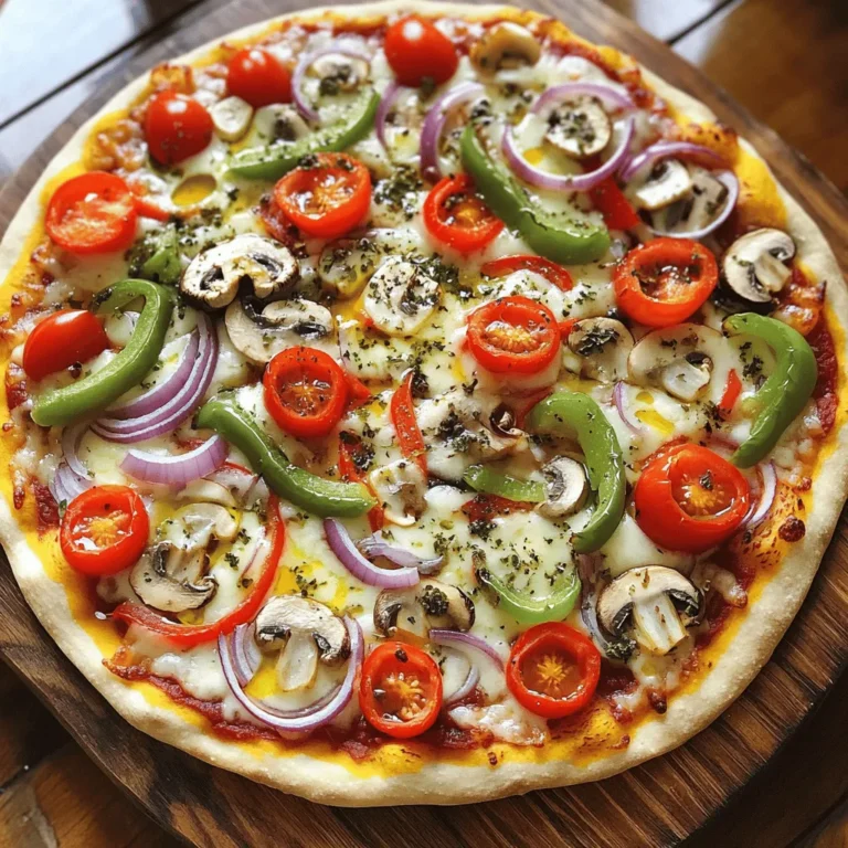 To make a great veggie pizza, gather these key items: - 1 pre-made pizza dough - 1/2 cup pizza sauce - 1 cup shredded mozzarella cheese Choose colorful toppings to make your pizza pop: - Mix red and green bell peppers for a sweet crunch. - Add halved cherry tomatoes for a burst of flavor. - Use sliced mushrooms for an earthy touch. Add some zest with these herbs and oils: - Sprinkle dried oregano and basil for classic taste. - Drizzle olive oil to enhance the flavors. These ingredients will set you up for a delicious veggie pizza. For the full recipe, check out Easy Veggie Pizza. To start, roll out your pizza dough. Use a floured surface to prevent sticking. Aim for a thickness of about a quarter-inch. If the dough resists, let it rest for a few minutes. This makes it easier to roll out. Now, let's transfer the dough. You can use a rolling pin to help. Gently lift the dough and place it on your baking surface. If you're using a pizza stone, make sure it's hot. This helps the crust get crisp. Next, spread the pizza sauce. Use the back of a spoon to create an even layer. Leave a small border around the edges for a nice crust. Now, sprinkle the shredded mozzarella cheese evenly over the sauce. This helps the veggies stick better. Time to add the toppings! Arrange your sliced bell peppers, cherry tomatoes, red onions, mushrooms, and black olives on top. Make it colorful and fun! Before baking, preheat your oven to 475°F (245°C). If you have a pizza stone, keep it inside while it heats. This gives the pizza a good base. Now, check your timing. Bake for 12 to 15 minutes. Keep an eye on the cheese; it should be bubbling and golden. The crust should turn brown and crisp. When it's done, remove your pizza and let it cool for a few minutes. Then, slice it up and enjoy! For more details, check out the Full Recipe. To get the best cheese melt, use shredded cheese. This helps it melt evenly. Spread the cheese all over the sauce, but leave some area for the toppings. For a crispy crust, preheat your oven to 475°F. If you have a pizza stone, place it in the oven while it heats. This keeps the bottom of the crust nice and crisp. You can also roll your dough thin for extra crunch. Want to add a protein? Consider cooked chicken or pepperoni for a heartier meal. You can also use tofu for a tasty, plant-based option. If you want to try a different cooking method, grilling is fun. Just make sure to use a grill-safe pan or a pizza stone. The smoke adds a unique flavor to your pizza. When it's time to serve, cut your pizza into wedges. This makes it easy to share. You can also try cutting it into squares for a fun twist. For serving, a rustic wooden board adds a nice touch. Don’t forget to garnish with fresh basil leaves or a drizzle of olive oil. These small details make your pizza look gourmet. {{image_2}} You can create many types of veggie pizza. For a Mediterranean twist, use toppings like artichokes, feta cheese, and sun-dried tomatoes. These bright flavors can make your pizza pop. For a spicy veggie pizza, add jalapeños, spicy sausage, or red pepper flakes. This heat can excite your taste buds and make your meal fun. Want a healthier option? Try a cauliflower crust instead of regular dough. It is lower in carbs and gluten-free. You can make it at home or buy it pre-made. If you are vegan, use plant-based cheese. Many brands offer great taste and melt well. This swap lets everyone enjoy pizza without dairy. Seasonal veggies can lift your pizza. In summer, add fresh zucchini, corn, and basil. These ingredients taste bright and vibrant. In winter, use hearty vegetables like spinach, butternut squash, and Brussels sprouts. They bring warmth and comfort to your dish. For more ideas, check out the Full Recipe. To keep your veggie pizza fresh, store it in the fridge. Use an airtight container for best results. If you do not have one, wrap the pizza tightly in plastic wrap. This will help prevent it from drying out. Make sure to eat the leftovers within three days for the best taste. When it's time to enjoy your leftover pizza, avoid the microwave. Microwaving can make the crust soggy. Instead, use the oven or a skillet. Preheat your oven to 375°F (190°C) and bake for about 10 minutes. This keeps the crust crispy. If you use a skillet, heat it over medium heat. Place the pizza in the skillet and cover it for about 5-7 minutes. This will heat the toppings nicely while keeping the crust firm. You can freeze veggie pizza if you want to save it for later. First, let the pizza cool completely. Then, wrap it in plastic wrap tightly. After that, place it in a freezer bag or container. Label it with the date. When you want to eat it, take it out and let it thaw in the fridge overnight. Reheat it in the oven or skillet for the best taste. This way, you can enjoy your Easy Veggie Pizza even weeks later. Check the [Full Recipe] for more great ideas! Yes, you can use homemade pizza dough. It gives a fresh taste. Pros of Homemade Dough: - You control the ingredients. - You can adjust the flavor. - It can be healthier. Cons of Homemade Dough: - It takes more time. - You need some skills to make it right. - It may not rise as well as store-bought. Store-bought dough saves time and is easy to use. Both options work great for this veggie pizza. The best vegetables for pizza add flavor and color. I love using fresh veggies. Here are my top choices: - Bell peppers: Use red and green for a mix of sweet and crunchy. - Cherry tomatoes: They burst with flavor when cooked. - Red onions: They add a nice bite to every slice. - Mushrooms: They give a savory depth. - Black olives: They add saltiness and richness. When choosing vegetables, look for bright colors and firm textures. Fresh veggies taste better and make your pizza look great! To make gluten-free pizza, try these crust options: - Cauliflower crust: This is a popular choice. It’s healthy and low in carbs. - Gluten-free pizza dough: Many stores sell pre-made gluten-free dough. - Chickpea flour crust: This option is rich in protein and fiber. Each option has a unique taste and texture. Make sure to check the labels for gluten-free ingredients. Enjoy your pizza without worry! Making veggie pizza is fun and easy. We covered essential ingredients like dough, sauce, and cheese. You now know how to choose flavorful toppings, seasonings, and extras. I shared step-by-step instructions to prepare and bake your pizza. Remember the tips to achieve that perfect crispy crust and melted cheese. Experiment with variations and healthy options to keep things interesting. Store and reheat leftovers properly for a tasty meal later. Enjoy creating your unique veggie pizza!