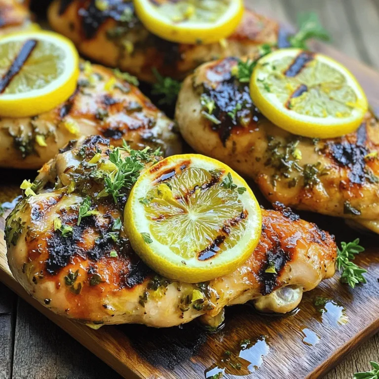 - 4 boneless, skinless chicken breasts - 1/4 cup fresh lemon juice (about 2 lemons) - Zest of 1 lemon - 3 tablespoons olive oil - 3 cloves garlic, minced - 2 teaspoons fresh rosemary, chopped - 2 teaspoons fresh thyme, chopped - 1 teaspoon dried oregano - Salt and pepper to taste - Lemon slices, for garnish - Fresh herbs (parsley or basil) for garnish In this recipe, the main ingredients create a bright and zesty flavor. The chicken breasts serve as a perfect canvas for the lemon juice and zest. The fresh lemon juice adds a tangy kick, while the zest gives the dish a burst of citrus aroma. Flavor enhancers like olive oil and garlic bring richness and depth. Fresh rosemary and thyme add herbal notes that balance the zest. Dried oregano offers an earthy touch, making each bite a delightful experience. For garnishing, lemon slices and fresh herbs add color and freshness. They make the dish look beautiful and inviting. Trust me, your guests will love the presentation! You can find the full recipe for Zesty Lemon Herb Chicken in the previous section. This dish is not just tasty; it’s also easy to make. Enjoy bringing these flavors to your table! To start, you'll want to make the marinade. In a medium bowl, whisk together the following ingredients: - 1/4 cup fresh lemon juice (about 2 lemons) - Zest of 1 lemon - 3 tablespoons olive oil - 3 cloves garlic, minced - 2 teaspoons fresh rosemary, chopped - 2 teaspoons fresh thyme, chopped - 1 teaspoon dried oregano - Salt and pepper to taste Mix these well until they blend into a smooth liquid. The lemon juice gives a bright taste, while the herbs add depth. Next, get your chicken ready. Place the chicken breasts in a large resealable bag or a shallow dish. Pour the marinade over the chicken. Make sure it covers all sides. Seal the bag or cover the dish with plastic wrap. Refrigerate for at least 30 minutes, but you can leave it for up to 4 hours for more flavor. Now, it’s time to cook. Preheat your grill or a large skillet over medium-high heat. Remove the chicken from the marinade. Let any extra marinade drip off. Discard the leftover marinade to keep things safe. Grill the chicken for about 5-7 minutes per side. Check the internal temperature; it should reach 165°F (75°C). This step ensures your chicken is cooked through and juicy. Once the chicken is done, take it off the grill. Let it rest for about 5 minutes before slicing. This rest time helps the juices settle back in. For serving, garnish the chicken with lemon slices and fresh herbs like parsley or basil. This makes your dish look bright and inviting. For the full recipe, don’t forget to check the complete steps! For the best flavor, let the chicken marinate longer. I recommend at least 30 minutes, but 4 hours is even better. The longer the chicken sits in the marinade, the more it absorbs the zesty lemon and herb flavors. Balancing acidity is key. The lemon juice gives a bright taste, while the herbs add depth. Use fresh herbs when you can, as they make a big difference in flavor. While grilling is great, you can also bake or sauté the chicken. If you bake, set your oven to 400°F (200°C). Cook for about 25-30 minutes. For sautéing, heat your skillet over medium heat and cook for 5-7 minutes on each side. To prevent the chicken from drying out, keep an eye on the cooking time. Use a meat thermometer to check for an internal temperature of 165°F (75°C). Letting the chicken rest after cooking also helps keep it juicy. Zesty Lemon Herb Chicken pairs well with many sides. Serve it with fluffy rice or roasted veggies for a complete meal. You can also add a fresh salad for extra crunch. For drinks, a light white wine or sparkling water with lemon complements the dish nicely. Enjoy experimenting with different sides and drinks to find your perfect match! {{image_2}} You can switch chicken for fish or tofu. Fish like salmon or tilapia works great. Just adjust the cooking time since fish cooks faster. For tofu, use firm or extra-firm. Press it first to remove excess water. Marinate the tofu just like the chicken. This adds a burst of flavor to the dish. If you want to use chicken thighs, they stay juicy and tender. Simply follow the same marinating steps. Cooking times may vary, so check for doneness. To add more flavor, try different herbs or spices. Basil, dill, or cilantro can change the taste. You can also mix in spices like paprika or cumin for a kick. Citrus can also change the dish. Instead of lemon, use lime or orange juice. Each brings a unique twist that can surprise your taste buds. Making this dish gluten-free is easy. All the ingredients are already gluten-free. For a dairy-free version, skip any creamy sides. If you want a low-sodium option, use less salt in the marinade. Fresh herbs help add flavor without extra salt. This way, you can enjoy a tasty meal that still fits your diet. For the full recipe, check out the detailed steps above. Store your leftovers in an airtight container. This keeps the chicken fresh and tasty. You can keep Zesty Lemon Herb Chicken in the fridge for up to four days. After that, the flavor may fade, and it might not be safe to eat. To freeze your chicken, wrap it tightly in plastic wrap or foil. Then, place it in a freezer bag. This helps prevent freezer burn. You can freeze the chicken for up to three months. When you're ready to eat, thaw it in the fridge overnight for best results. To reheat without drying out the chicken, use the oven or stovetop. Preheat your oven to 350°F (175°C). Place the chicken in a baking dish with a splash of broth or water. Cover it with foil to keep moisture in. Heat for about 15-20 minutes. On the stovetop, add a bit of oil to a pan over medium heat. Heat the chicken for 5-7 minutes on each side until warmed through. Enjoy your tasty dish again! To keep your chicken juicy, marinate it well. Use the marinade for at least 30 minutes. If you have time, let it sit for up to 4 hours. This helps the chicken soak up all that lemony flavor. When cooking, aim for an internal temperature of 165°F (75°C). Use a meat thermometer to check. This ensures your chicken cooks through, but not too long. Overcooking dries it out, and we don’t want that! Zesty Lemon Herb Chicken pairs well with many sides. Consider serving it with: - Steamed veggies like broccoli or green beans - A light salad with mixed greens - Rice or quinoa to soak up the juices - Mashed potatoes for a comforting feel For drinks, a refreshing lemonade or white wine complements the dish nicely. Yes, you can prepare the marinade ahead of time! Store it in the fridge for up to 3 days. Just make sure it’s in a sealed container. When you’re ready, pour it over the chicken as usual. This saves time on busy days and keeps flavors fresh. If you don’t have fresh herbs, don’t worry! You can use dried herbs instead. For every tablespoon of fresh herbs, use about one teaspoon of dried. So, for the rosemary and thyme, just adjust the amounts. You can also add some Italian seasoning for extra flavor. Absolutely! This recipe is great for meal prep. You can make it ahead of time and store it in the fridge. Just keep your chicken in an airtight container. It stays good for 3 to 4 days. Reheat it gently to avoid drying it out. Enjoy it throughout the week! For the full recipe, check out the link above. In summary, Zesty Lemon Herb Chicken is a simple and tasty dish. We covered fresh ingredients, step-by-step cooking, and clever tips. Marinating adds flavor, and grilling keeps the chicken juicy. Feel free to explore alternatives or dietary tweaks to suit your taste. Proper storage ensures leftovers last. Remember, this dish pairs well with many sides. Enjoy your cooking journey, and bring that lemony zest to your table!