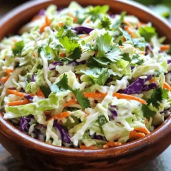To make Spicy Cilantro Lime Coleslaw, you will need: - 4 cups green cabbage, thinly sliced - 1 cup purple cabbage, thinly sliced - 1 cup carrots, grated - 1/2 cup fresh cilantro, chopped - 1/4 cup mayonnaise - 2 tablespoons lime juice - 1 tablespoon honey - 1 teaspoon Sriracha (adjust to taste) - Salt and pepper to taste I often use a mix of green and purple cabbage. You can replace purple cabbage with more green cabbage if you like. Instead of mayonnaise, try Greek yogurt for a lighter option. You can swap honey for maple syrup or agave if you want a vegan choice. Sriracha adds heat, but you can use any hot sauce you prefer. Just keep tasting as you mix! When choosing cabbage, look for heads that feel heavy and firm. The leaves should be crisp and not wilted. For carrots, select those that are bright in color and firm to the touch. Fresh cilantro should smell strong and look vibrant green. Avoid any brown spots or wilting. Fresh ingredients make your coleslaw stand out! Start with fresh, vibrant veggies. You need four cups of green cabbage. Thinly slice it for the best texture. Next, take one cup of purple cabbage and slice it too. This adds color and a bit of crunch. Grate one cup of carrots for sweetness and a pop of orange. Then, chop half a cup of fresh cilantro. Use a sharp knife for clean cuts. In a small bowl, mix the dressing. Combine a quarter cup of mayonnaise with two tablespoons of lime juice. Honey adds a sweet touch, so include one tablespoon. For heat, add one teaspoon of Sriracha. Whisk this mix well until it is smooth. Adjust the Sriracha if you like more heat. Taste it to ensure it pleases your palate. In a large mixing bowl, add all the prepared vegetables. Pour the dressing over the top. Toss everything gently until the veggies are well coated. Add salt and pepper to taste, mixing again to blend the flavors. Chill the coleslaw for at least 30 minutes. This lets the flavors meld together beautifully. Serve it cold, and consider adding more cilantro on top for a lovely finish. For the full recipe, check out the section above. To get the best texture in your coleslaw, slice the cabbage thin. Thin slices mix better and are easier to crunch. Use a sharp knife or a mandoline. Grate the carrots finely for a nice balance. Remember to mix the veggies gently to keep them crisp. Want to change the heat? Start with one teaspoon of Sriracha. Taste the dressing before you mix it in. If you want more heat, add another half teaspoon. Always mix well and taste again. You can also add jalapeños for extra spice. Letting your coleslaw chill is key. Refrigerate it for at least 30 minutes. This helps the flavors blend and taste better. Stir the coleslaw before serving. Adding extra lime juice right before serving can boost the flavor. For the full recipe, check out [Full Recipe]. {{image_2}} You can add fruits to your coleslaw for a sweet twist. Fruits like pineapple, mango, or apple work great. These fruits give a nice balance to the heat of the Sriracha. To use fruit, chop it small and mix it in with the cabbage. You can add about one cup of fruit to keep flavors bright. This option makes the dish colorful and fun. For a crunchy texture, consider adding nuts or seeds. Almonds, pecans, or sunflower seeds can do the trick. Toast them lightly to enhance their flavor. Just chop the nuts or toss in seeds, and mix them with the coleslaw. A 1/2 cup of nuts or seeds adds a satisfying crunch. This makes every bite exciting! You can easily make this coleslaw vegetarian or vegan. Swap the mayonnaise for a plant-based alternative. There are many great vegan mayo options available now. You can also use yogurt or a cashew cream for a creamy texture. Just make sure the other ingredients are vegan-friendly. This way, everyone can enjoy your spicy cilantro lime coleslaw! For the full recipe, refer back to the previous section. After enjoying this spicy cilantro lime coleslaw, you may have some left. That’s great! To keep it fresh, place it in a covered container. This will help lock in the flavors and keep the coleslaw crisp. I recommend using glass or plastic containers with tight lids. Glass containers help you see the coleslaw and won’t stain. If you use plastic, make sure it is BPA-free and safe for food. Your coleslaw will last about three to five days in the fridge. The flavors will develop more over time. However, the cabbage may get a bit soft. For the best taste and texture, enjoy it within the first few days. For the full recipe, check the details above! Yes, you can make this coleslaw ahead of time. I often prepare it a day before. This gives the flavors more time to mix. Just keep it in the fridge. The coleslaw stays fresh and crunchy for a day or two. Be sure to stir it well before serving. If you notice extra liquid, drain it off. Coleslaw is a great side dish for many meals. It goes well with grilled meats, tacos, or sandwiches. I love serving it with pulled pork or fish tacos. The crunch and spice balance out rich flavors. You can also add it to burgers for a fresh twist. It’s a perfect companion for summer picnics and barbecues. Of course! You can use red cabbage, Napa cabbage, or Savoy cabbage. Each type adds a unique flavor and color. I often mix different cabbage types for a fun look. Just remember to slice them thinly. This helps keep the texture nice and crunchy. Feel free to experiment with what you have on hand. It’s all about making it your own! For the full recipe, check out the detailed instructions above. This article covered all the key elements for making coleslaw. We explored ingredients, step-by-step instructions, and tips for a great texture. I shared fun variations, storage tips, and answered common questions. Coleslaw is simple and fun to make. With fresh produce and a bit of creativity, you can enjoy a dish that brightens any meal. Now, go ahead and try making your own coleslaw! You'll love how easy it is.